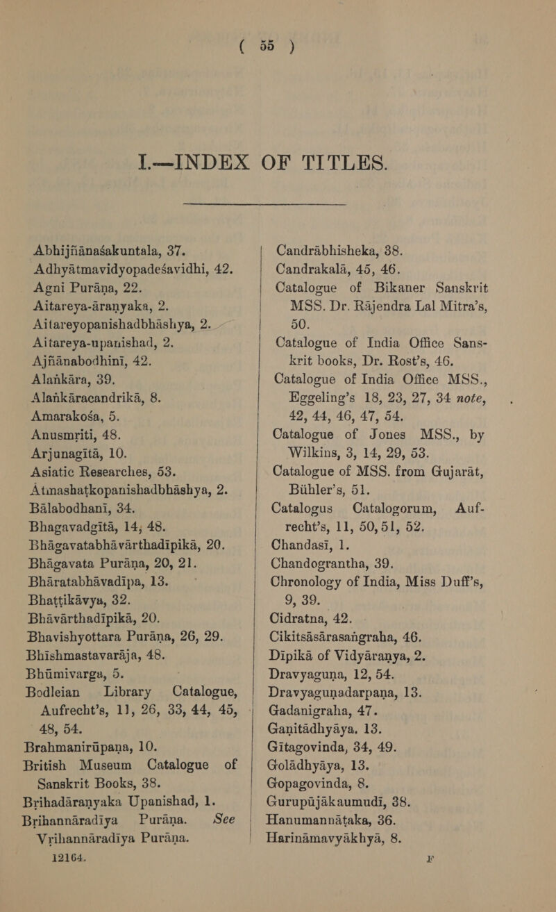 Abhijfianasakuntala, 37. Adhyatmavidyopadesavidhi, 42. | Agni Purana, 22. | Aitareya-aranyaka, 2. | Aitareyopanishadbhashya, 2. Aitareya-upanishad, 2. | Ajnanabodhini, 42. Alankara, 39. Alankaracandrika, 8. Amarakoé§a, 5. Anusmriti, 48. Arjunagita, 10. Asiatic Researches, 53. Atmashatkopanishadbhashya, 2. Balabodhani, 34. Bhagavadgita, 14; 48. Bhagavatabhavarthadipika, 20. Bhagavata Purana, 20, 21. Bharatabhavadipa, 13. Bhattikavya, 32. Bhavarthadipika, 20. Bhavishyottara Purana, 26, 29. Bhishmastavaraja, 48. Bhumivarga, 5. . Bodleian Library Catalogue, Aufrecht’s, 11, 26, 33, 44, 45, | 48, 54. British Museum Catalogue of Sanskrit Books, 38. | Brihadaranyaka Upanishad, 1. | Brihannaradiya Purana. See | Vrihannaradiya Purana. | 12164.  Candrabhisheka, 38. Candrakala, 45, 46. Catalogue of Bikaner Sanskrit MSS. Dr. Rajendra Lal Mitra’s, 50. Catalogue of India Office Sans- krit books, Dr. Rost’s, 46. Catalogue of India Office MSS., Eggeling’s 18, 23, 27, 34 note, 42, 44, 46, 47, 54. Catalogue of Jones MSS., by Wilkins, 3, 14, 29, 53. Catalogue of MSS. from Gujarat, Biibler’s, 51. Catalogus Catalogorum, recht’s, 11, 50,51, 52. Chandasi, 1. Chandograntha, 39. Chronology of India, Miss Duff’s, 9, 39. Cidratna, 42. Cikitsasarasangraha, 46. Dipika of Vidyaranya, 2. Dravyaguna, 12, 54. Dravyagunadarpana, 13. Gadanigraha, 47. Ganitadhyaya, 13. Goladhyaya, 13. Gopagovinda, 8. Gurupajakaumudi, 38. Hanumannataka, 36. Harinamavyakhya, 8. Auf-