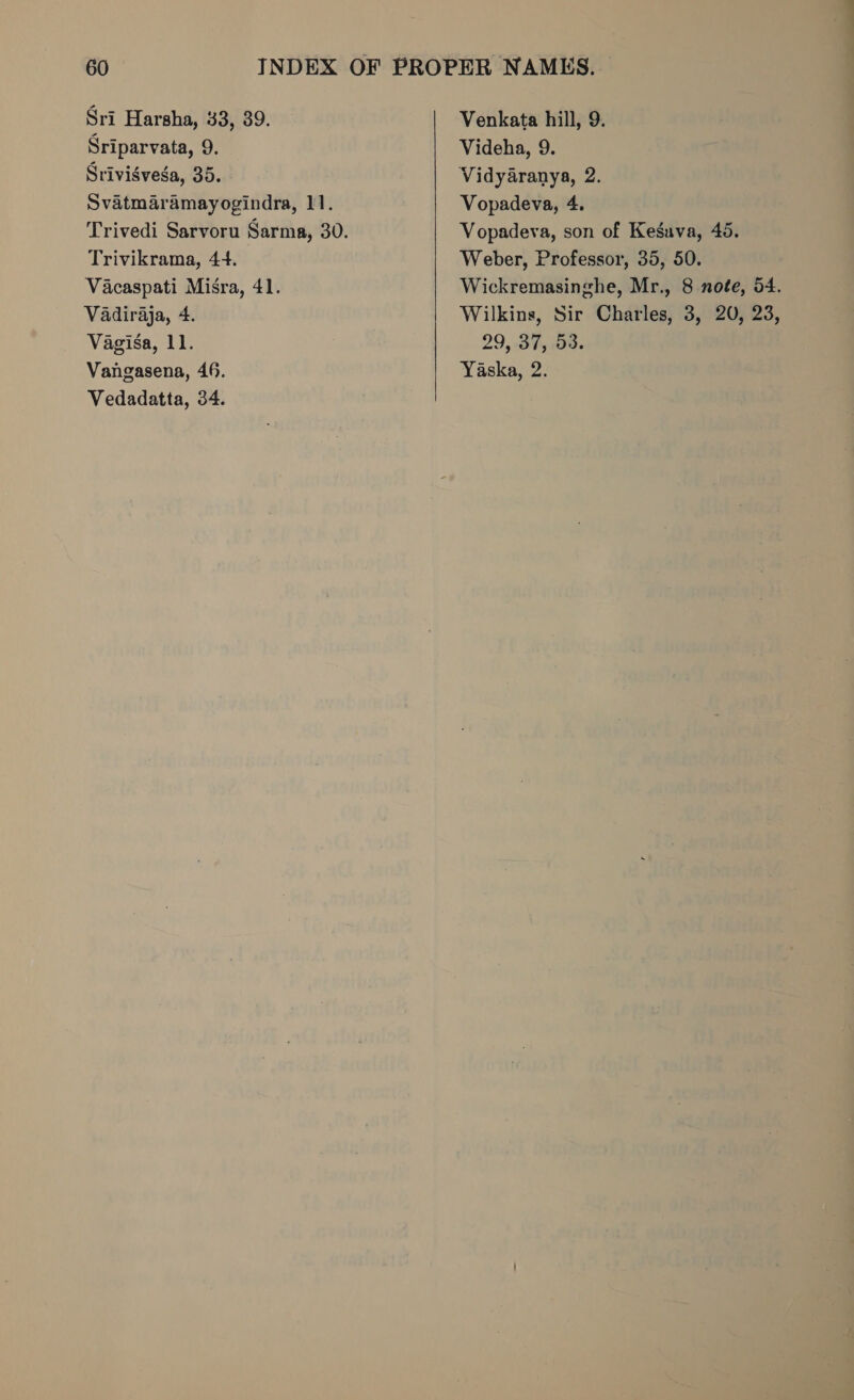 Sriparvata, 9. Srivigvega, 35. Svatmaramayogindra, 11. Trivikrama, 44. Vacaspati Misra, 41. Vadiraja, 4. Vagisa, 11. Vangasena, 46. Vedadatta, 34. Videha, 9. Vidyaranya, 2. Vopadeva, 4. Vopadeva, son of Keguva, 45. Weber, Professor, 35, 50. Wickremasinghe, Mr., 8 note, 54. Wilkins, Sir Charles, 3, 20, 23, 29, 37, 53. Yaska, 2.