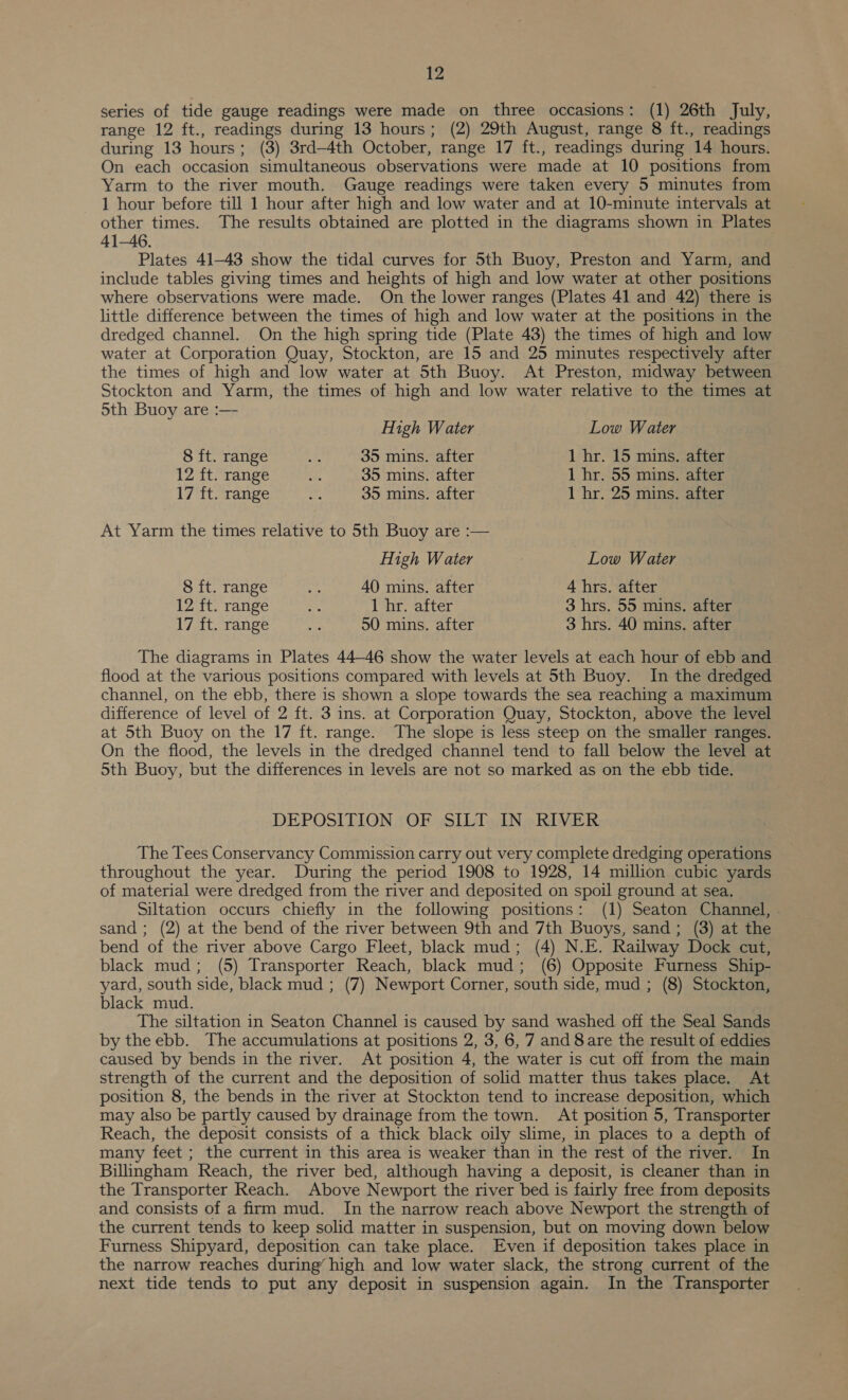 series of tide gauge readings were made on three occasions: (1) 26th July, range 12 ft., readings during 13 hours; (2) 29th August, range 8 ft., readings during 13 hours; (3) 3rd—4th October, range 17 ft., readings during 14 hours. On each occasion simultaneous observations were made at 10 positions from Yarm to the river mouth. Gauge readings were taken every 5 minutes from 1 hour before till 1 hour after high and low water and at 10-minute intervals at other times. The results obtained are plotted in the diagrams shown in Plates 41-46. Plates 41-43 show the tidal curves for 5th Buoy, Preston and Yarm, and include tables giving times and heights of high and low water at other positions where observations were made. On the lower ranges (Plates 41 and 42) there is little difference between the times of high and low water at the positions in the dredged channel. On the high spring tide (Plate 43) the times of high and low water at Corporation Quay, Stockton, are 15 and 25 minutes respectively after the times of high and low water at 5th Buoy. At Preston, midway between Stockton and Yarm, the times of high and low water relative to the times at 5th Buoy are :— High Water Low Water 8 ft. range cs 35 mins. after 1 hr. 15 mins. after 12 ft. range re 35 mins. after 1 hr. 55 mins. after 17 ft. range a 35 mins. after 1 hr. 25 mins. after At Yarm the times relative to 5th Buoy are :— High Water Low Water 8 ft. range Se 40 mins. after 4 hrs. after 12 ft. range et 1 hr. after 3 hrs. 55 mins. after 17 ft. range i 50 mins. after 3 hrs. 40 mins. after The diagrams in Plates 44-46 show the water levels at each hour of ebb and flood at the various positions compared with levels at 5th Buoy. In the dredged channel, on the ebb, there is shown a slope towards the sea reaching a maximum difference of level of 2 ft. 3 ins. at Corporation Quay, Stockton, above the level at Sth Buoy on the 17 ft. range. The slope is less steep on the smaller ranges. On the flood, the levels in the dredged channel tend to fall below the level at 5th Buoy, but the differences in levels are not so marked as on the ebb tide. DEPOSITION OF SILT IN RIVER The Tees Conservancy Commission carry out very complete dredging operations throughout the year. During the period 1908 to 1928, 14 million cubic yards of material were dredged from the river and deposited on spoil ground at sea. Siltation occurs chiefly in the following positions: (1) Seaton Channel, » sand ; (2) at the bend of the river between 9th and 7th Buoys, sand; (3) at the bend of the river above Cargo Fleet, black mud; (4) N.E. Railway Dock cut, black mud; (5) Transporter Reach, black mud; (6) Opposite Furness Ship- yard, south side, black mud ; (7) Newport Corner, south side, mud ; (8) Stockton, black mud. The siltation in Seaton Channel is caused by sand washed off the Seal Sands by the ebb. The accumulations at positions 2, 3, 6, 7 and 8 are the result of eddies caused by bends in the river. At position 4, the water is cut off from the main strength of the current and the deposition of solid matter thus takes place. At position 8, the bends in the river at Stockton tend to increase deposition, which may also be partly caused by drainage from the town. At position 5, Transporter Reach, the deposit consists of a thick black oily slime, in places to a depth of many feet ; the current in this area is weaker than in the rest of the river. In Billingham Reach, the river bed, although having a deposit, is cleaner than in the Transporter Reach. Above Newport the river bed is fairly free from deposits and consists of a firm mud. In the narrow reach above Newport the strength of the current tends to keep solid matter in suspension, but on moving down below Furness Shipyard, deposition can take place. Even if deposition takes place in the narrow reaches during’ high and low water slack, the strong current of the next tide tends to put any deposit in suspension again. In the Transporter