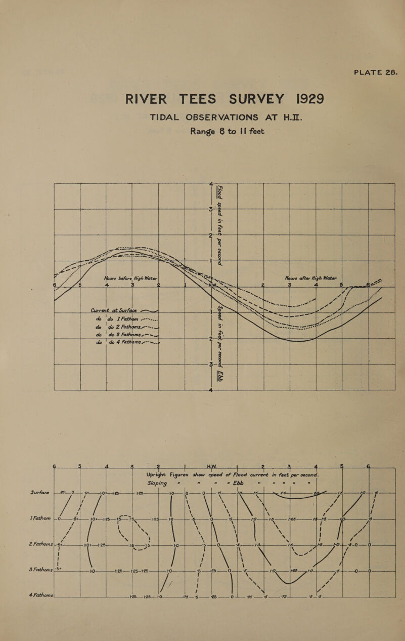 RIVER TEES SURVEY 1929 TIDAL OBSERVATIONS AT H.IL. Range 8 to II feet B por   gaoy ur pas   2 l   o2as ued    “Ff ih ro tes fac ok 4   LS &gt; 2 ee ee ado t do 4 fathoms -*-~.. 2 ¥    Hae kel 1 G77 pucsas -   h ; Upright Figures show speed of Flood current in feet per second. ” ” » Ebb ” noo” » »   25 —_ oe | | | rs      