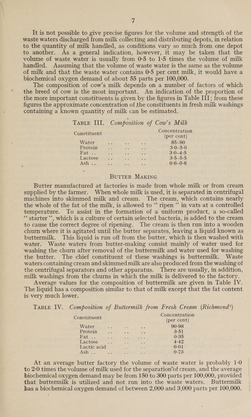 It is not possible to give precise figures for the volume and strength of the waste waters discharged from milk collecting and distributing depots, in relation to the quantity of milk handled, as conditions vary so much from one depot to another. As a general indication, however, it may be taken that the volume of waste water is usually from 0-5 to 1-5 times the volume of milk handled. Assuming that the volume of waste water is the same as the volume of milk and that the waste water contains 0-5 per cent milk, it would have a biochemical oxygen demand of about 55 parts per 100,000. The composition of cow’s milk depends on a number of factors of which the breed of cow is the most important. An indication of the proportion of the more important constituents is given by the figures in Table III; from these figures the approximate concentration of the constituents in fresh milk washings containing a known quantity of milk can be estimated. TaBLE III. Composition of Cow’s Milk ; Concentration Constituent (per cent) Water - ae 0 a cali 85-90 Protein ee a 3-0-5-0 Bat? r4 3-0—4:°5 Lactose 3-5—5-5 Ash .. . 0-6—-0-°8 ” BUTTER MAKING Butter manufactured at factories is made from whole milk or from cream supplied by the farmer. When whole milk is used, it is separated in centrifugal machines into skimmed milk and cream. The cream, which contains nearly the whole of the fat of the milk, is allowed to “ ripen ”’ in vats at a controlled temperature. To assist in the formation of a uniform product, a so-called ‘starter ’’, which is a culture of certain selected bacteria, is added to the cream to cause the correct degree of ripening. The cream is then run into a wooden churn where it is agitated until the butter separates, leaving a liquid known as buttermilk. This liquid is run off from the butter, which is then washed with water. Waste waters from butter-making consist mainly of water used for ‘washing the churn after removal of the buttermilk and water used for washing the butter. The chief constituent of these washings is buttermilk. Waste waters containing cream and skimmed milk are also produced from the washing of the centrifugal separators and other apparatus. There are usually, in addition, milk washings from the churns in which the milk is delivered to the factory. Average values for the composition of buttermilk are given in Table IV. The liquid has a composition similar to that of milk except that the fat content is very much lower. TABLE IV. Composition of Buttermilk from Fresh Cream (Richmond?) Gonos Concentration (per cent) Water we by, ig 90-98 Protein Ste a: + 3°51 Pat... ih ate nee 0-35 Lactose i at i 4-42 Lactic acid Ye hs 0-01 Nise © At ae ag 0:73 At an average butter factory the volume of waste water is probably 1-0 to 2-0 times the volume of milk used for the separation’of cream, and the average biochemical oxygen demand may be from 150 to 300 parts per 100,000, provided that buttermilk is utilized and not run into the waste waters. Buttermilk has a biochemical oxygen demand of between 2,000 and 3,000 parts per 100,000.