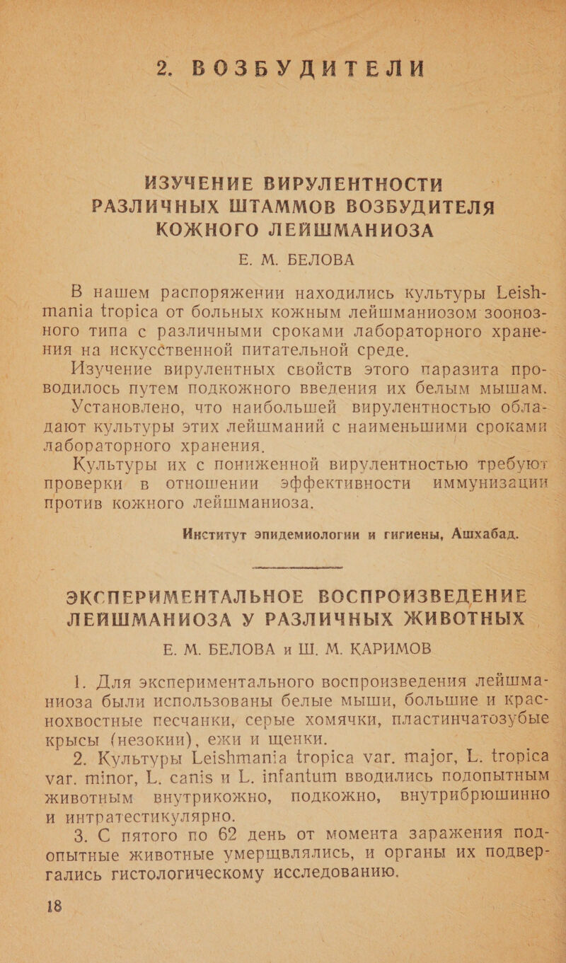  ИЗУЧЕНИЕ ВИРУЛЕНТНОСТИ фе - РАЗЛИЧНЫХ ШТАММОВ ВОЗБУДИТЕЛЯ КОЖНОГО ЛЕЙШМАНИОЗА Е. М. БЕЛОВА Г. о В нашем распоряжении находились культуры Ее1$8- — таща 1гор!са от больных кожным лейшманиозом зооноз- _ ного типа с различными сроками лабораторного хране- | ния на искусственной питательной среде. Г Изучение вирулентных свойств этого паразита про-_ водилось путем подкожного введения их белым мышам. Установлено, что наибольшей вирулентностью обла-_ дают культуры этих лейшманий с наименьшими сроками _ лабораторного хранения. . Культуры их с пониженной вирулентностью требуют 1 проверки в отношении эффективности иммунизации | против кожного лейшманиоза. с Институт эпидемиологии и гигиены, Ашхабад. а авы. ЭКСПЕРИМЕНТАЛЬНОЕ ВОСПРОИЗВЕДЕНИЕ . ь ЛЕЙШМАНИОЗА У РАЗЛИЧНЫХ Животных | Е. М. БЕЛОВА и Ш. М. КАРИМОВ  1. Для экспериментального воспроизведения лейшма- | о ниоза были использованы белые мыши, большие и крас- _ нохвостные песчанки, серые хомячки, пластинчатозубые. \  крысы (незокии), ежи и щенки. __ 2. Культуры Ге1зНупат{а {гор1са уаг. та]ог, Е. Торса ) уаг. пипог, 1.. сап!$ и Г. ИНатит вводились подопытным. : животным внутрикожно, подкожно, Внутри а в Е и интратестикулярно. й 3. С пятого по 62 день от момента заражения под- ‘опытные животные умерщвлялись, и органы их в. гались гистологическому исследованию. 18 а  