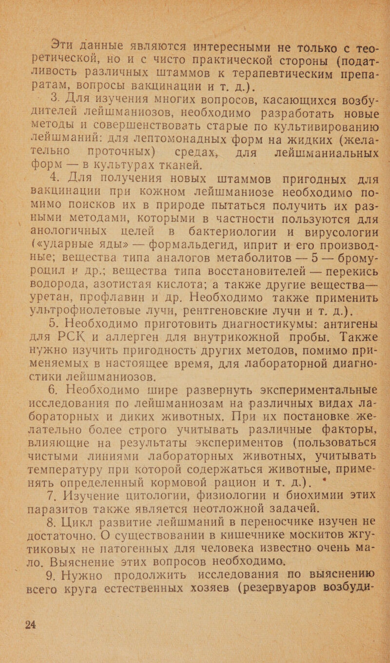  `ретической. но и с чисто. практической стороны. но _ливость различных штаммов к терапевтическим препа- ратам, вопросы вакцинации и т. д.). г 3. Для изучения многих вопросов, касающихся возбу- дителей лейшманиозов, необходимо разработать новые _ методы и совершенствовать старые по культивированию. лейшманий: для лептомонадных форм на жидких (жела- тельно проточных) средах, для лейшманиальных. форм — в культурах тканей. 4. Для получения новых штаммов пригодных. для. вакцинации при кожном лейшманиозе необходимо по: | мимо поисков их в природе пытаться получить их раз- ными методами, которыми в частности пользуются для. анологичных целей в бактериологии и вирусологии. («ударные яды» — формальдегид, иприт и его производ- ные; вещества. типа аналогов метаболитов — 5 — брому- роцил и др.; вещества типа восстановителей — перекись. водорода, азотистая кислота; а также другие вещества—. уретан, профлавин и др. Необходимо также примет ультрофиолетовые лучи, рентгеновские лучи и т. д.).. 5. Необходимо приготовить диагностикумы: антигены. для РСК и аллерген для внутрикожной пробы. Также. ‚ нужно изучить пригодность других методов, помимо при- меняемых в настоящее время, для лабораторной диагно-_ стики лейшманиозов. 6. Необходимо шире развернуть экспериментальные исследования по лейшманиозам на различных видах ла-. бораторных и диких животных. При их постановке. же-_ лательно более строго учитывать различные факторы, _ влияющие на результаты экспериментов (пользоваться _ чистыми линиями лабораторных Животных, учитывать | температуру при которой содержаться животные, приме-_ нять определенный кормовой рацион и т. д.). ‚ 7. Изучение цитологии, физиологии и биохимии. этих. паразитов также является неотложной задачей. 8. Цикл развитие лейшманий в переносчике изучен. не. достаточно. О существовании в кишечнике москитов жгу-. тиковых не патогенных для человека известно очень ма- | ло. Выяснение этих вопросов необходимо. ь 9. Нужно продолжить исследования по выяснению всего круга естественных хозяев (резервуаров НозО: .                г 