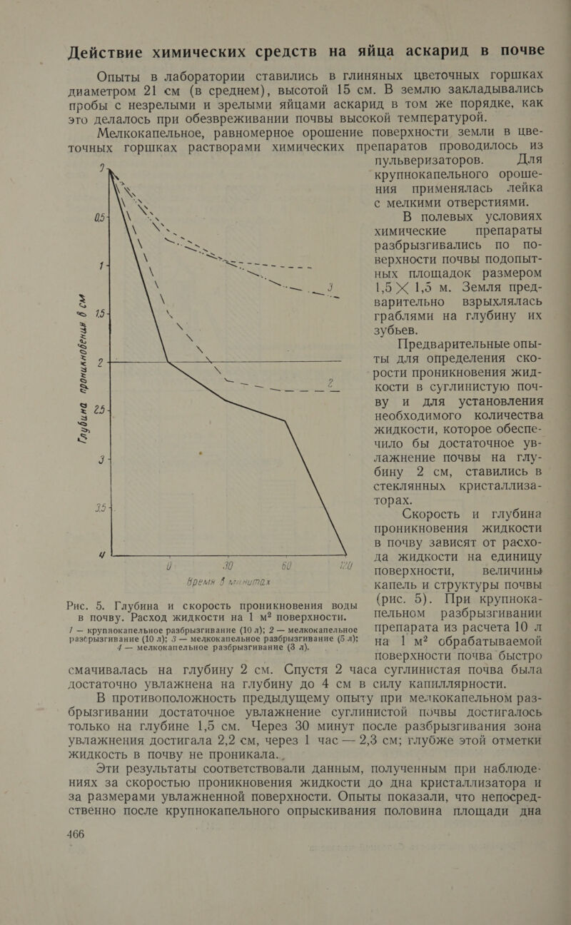 Действие химических средств на яйца аскарид в почве Опыты в лаборатории ставились в глиняных цветочных горшках диаметром 21 см (в среднем), высотой 15 см. В землю закладывались пробы с незрелыми и зрелыми яйцами аскарид в том же порядке, как это делалось при обезвреживании почвы высокой температурой. Мелкокапельное, равномерное орошение поверхности земли в цве- точных горшках растворами химических препаратов проводилось из пульверизаторов. Для крупнокапельного ороше- ния применялась лейка с мелкими отверстиями. В полевых условиях химические препараты разбрызгивались по по- верхности почвы подопыт- ных площадок размером 15 Х 1,5 м. Земля пред- варительно взрыхлялась граблями на глубину их зубьев. Предварительные опы- ты для определения ско- рости проникновения жид- кости в суглинистую поч- ву и для установления необходимого количества жидкости, которое обеспе- чило бы достаточное ув- лажнение почвы на глу- бину 2 см, ставились в стеклянных кристаллиза- торах. | Скорость и глубина проникновения жидкости в почву зависят от расхо- т р т „, Да жидкости на единицу поверхности, величины бремя 6 минитах капель и структуры почвы Рис. 5. Глубина и скорость проникновения воды (рис. 5). При крупнока- в почву. Расход жидкости на 1 м? поверхности. пельном разбрызгивании / — крупнокапельное разбрызгивание (10 л); 2 — мелкокапельное Препарата из расчета 10 л разбрызгивание (10 л); 3 — мелкокапельное разбрызгивание (5 л); на | м? обрабатываемой 4 — мелкокапельное разбрызгивание (3 л). поверхности почва быстро смачивалась на глубину 2 см. Спустя 2 часа суглинистая почва была достаточно увлажнена на глубину до 4 см в силу капиллярности. В противоположность предыдущему опыту при мелкокапельном раз- брызгивании достаточное увлажнение суглинистой почвы достигалось только на глубине 1,5 см. Через 30 минут после разбрызгивания зона увлажнения достигала 2,2 см, через | час — 2,3 см; глубже этой отметки жидкость в почву не проникала. , Эти результаты соответствовали данным, полученным при наблюде- ниях за скоростью проникновения жидкости до дна кристаллизатора и за размерами увлажненной поверхности. Опыты показали, что непосред- ственно после крупнокапельного опрыскивания половина площади дна Глубина проникновения 6 см