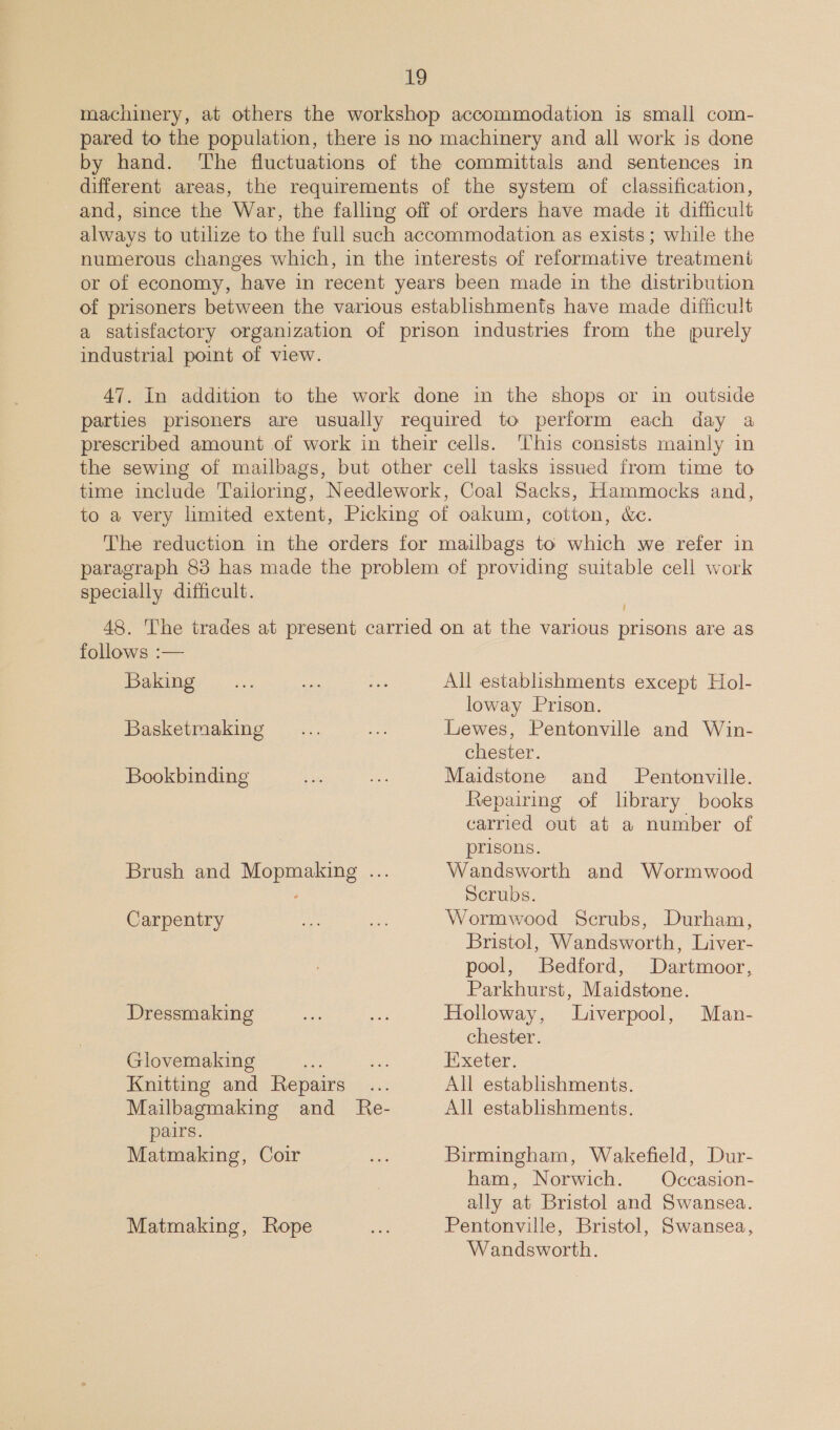 machinery, at others the workshop accommodation is small com- pared to the population, there is no machinery and all work is done by hand. The fluctuations of the committals and sentences in different areas, the requirements of the system of classification, and, since the War, the falling off of orders have made it difficult always to utilize to the full such accommodation as exists; while the numerous changes which, in the interests of reformative treatment or of economy, have in recent years been made in the distribution of prisoners between the various establishments have made difficult a satisfactory organization of prison industries from the purely industrial point of view. 47. In addition to the work done in the shops or in outside parties prisoners are usually required to perform each day a prescribed amount of work in their cells. ‘This consists mainly in the sewing of mailbags, but other cell tasks issued from time to time include Tailoring, Needlework, Coal Sacks, Hammocks and, to a very limited extent, Picking of oakum, cotton, &amp;c. The reduction in the orders for mailbags to which we refer in paragraph 83 has made the problem of providing suitable cell work specially difficult. 48. The trades at present carried on at the various prisons are as follows :— Baking: . ... us — All establishments except Hol- loway Prison. Basketmaking _... oe Lewes, Pentonville and Win- chester. Bookbinding 54 cs Maidstone and Pentonville. Repairing of library books carried out at a number of prisons. Brush and Mopmaking ... Wandsworth and Wormwood Scrubs. Carpentry an Re Wormwood Scrubs, Durham, Bristol, Wandsworth, Liver- pool, Bedford, Dartmoor, Parkhurst, Maidstone. Dressmaking Sen aa Holloway, Liverpool, Man- chester. Glovemaking fe oe Exeter. Knitting and Repairs... All establishments. Mailbagmaking and Re- All establishments. pairs. Matmaking, Coir nae Birmingham, Wakefield, Dur- ham, Norwich. Occasion- ally at Bristol and Swansea. Matmaking, Rope sae Pentonville, Bristol, Swansea, Wandsworth.