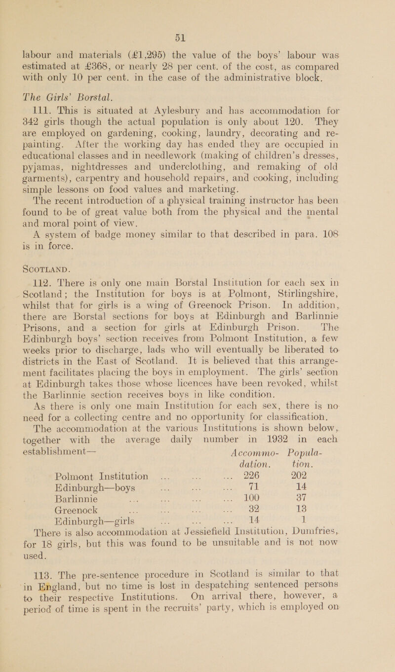 labour and materials (£1,295) the value of the boys’ labour was estimated at £368, or nearly 28 per cent. of the cost, as compared with only 10 per cent. in the case of the administrative block. The Girls’ Borstal. 111. This is situated at Aylesbury and has accommodation for 342 girls though the actual population is only about 120. They are employed on gardening, cooking, laundry, decorating and re- painting. After the working day has ended they are occupied in educational classes and in needlework (making of children’s dresses, pyjamas, nightdresses and underclothing, and remaking of old garments), carpentry and household repairs, and cooking, including simple lessons on food values and marketing. The recent introduction of a jhysical training instructor has been found to be of great value both from the physical and the mental and moral point of view. : A system of badge money similar to that described in para. 108 is in force. SCOTLAND. 112. There is only one main Borstal Institution for each sex in Scotland; the Institution for boys is at Polmont, Stirlingshire, whilst that for girls is a wing of Greenock Prison. In addition, there are Borstal sections for boys at Edinburgh and Barlinnie Prisons, and a section for girls at Edinburgh Prison. The Edinburgh boys’ section receives from Polmont Institution, a few weeks prior to discharge, lads who will eventually be liberated to districts in the East of Scotland. It is believed that this arrange- ment facilitates placing the boys in employment. The girls’ section at Edinburgh takes those whose licences have been revoked, whilst the Barlinnie section receives boys in like condition. As there is only one main Institution for each sex, there is no need for a collecting centre and no opportunity for classification. The accommodation at the various Institutions is shown below, together with the average daily number in 1932 in each establishment— Accommo- Popula- dation. tion. Polmont Institution... as ee AG 202 Edinburgh—boys bs: a Bae | 14 Barlinnie Re ee sak Se of Greenock ae a o i ee 13 Edinburgh—girls sep kegs ss 1. There is also accommodation at Jessiefield Institution, Dumfries, for 18 girls, but this was found to be unsuitable and 1s not now used. 118. The pre-sentence procedure in Scotland is similar to that ‘in England, but no time is lost in despatching sentenced persons to their respective Institutions. On arrival there, however, a period of time is spent in the recruits’ party, which is employed on