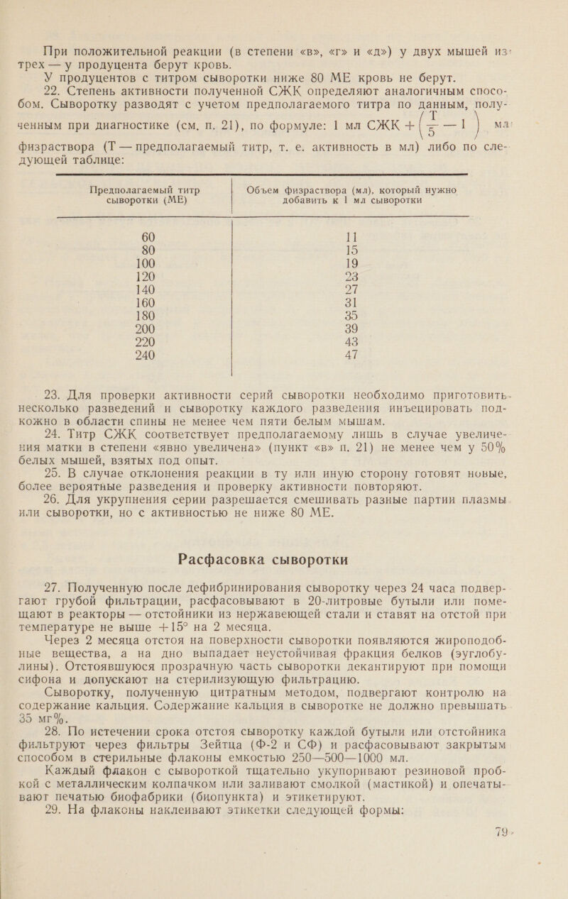 При положительной реакции (в степени «в», «г» и «д») у двух мышей из: трех — у продуцента берут кровь. У продуцентов с титром сыворотки ниже 80 МЕ кровь не берут. 22. Степень активности полученной СЖК определяют аналогичным спосо- бом. Сыворотку разводят с учетом предполагаемого титра по данным, полу- ченным при диагностике (см. п. 21), по формуле: 1 мл СЖК + = —1 мл: физраствора (Т — предполагаемый титр, т. е. активность в мл) либо по сле-- дующей таблице:   Предполагаемый титр Объем физраствора (мл), который нужно сыворотки (МЕ) добавить к | мл сыворотки 60 п 80 15 100 19 120 23 140 и 160 31 180 35 200 39 220 43 240 41 23. Для проверки активности серий сыворотки необходимо приготовить, несколько разведений и сыворотку каждого разведения инъецировать под- кожно в области спины не менее чем пяти белым мышам. 24. Титр СЖК соответствует предполагаемому лишь в случае увеличе- ния матки в степени «явно увеличена» (пункт «в» п. 21) не менее чем у 50% белых мышей, взятых под опыт. 25. В случае отклонения реакции в ту или иную сторону готовят новые, более вероятные разведения и проверку активности повторяют. 26. Для укрупнения серии разрешается смешивать разные партии плазмы или сыворотки, но с активностью не ниже 80 МЕ. Расфасовка сыворотки 27. Полученную после дефибринирования сыворотку через 24 часа подвер- гают грубой фильтрации, расфасовывают в 20-литровые бутыли или поме- щают в реакторы — отстойники из нержавеющей стали и ставят на отстой при температуре не выше -+15° на 2 месяца. Через 2 месяца отстоя на поверхности сыворотки появляются жироподоб- ные вещества, а на дно выпадает неустойчивая фракция белков (эуглобу- лины). Отстоявшуюся прозрачную часть сыворотки декантируют при помощи сифона и допускают на стерилизующую фильтрацию. Сыворотку, полученную цитратным методом, подвергают контролю на содержание кальция. Содержание кальция в сыворотке не должно превышать 35 мг. 28. По истечении срока отстоя сыворотку каждой бутыли или отстойника фильтруют через фильтры Зейтца (Ф-2 и СФ) и расфасовывают закрытым способом в стерильные флаконы емкостью 250—500—1000 мл. Каждый флакон с сывороткой тщательно укупоривают резиновой проб- кой с металлическим колпачком или заливают смолкой (мастикой) и опечаты- вают печатью биофабрики (биопункта) и этикетируют.