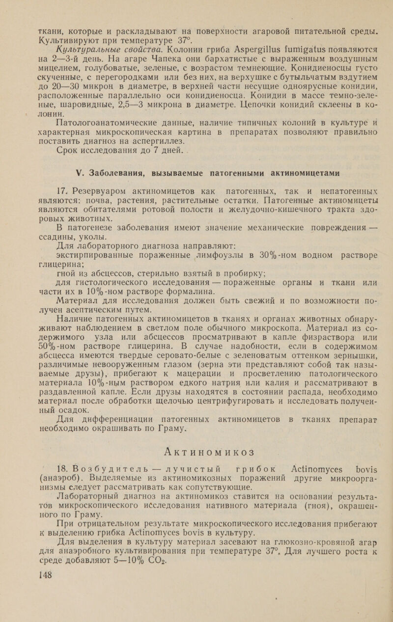 ткани, которые и раскладывают на поверхности агаровой питательной среды. Культивируют при температуре 37°. Культуральные свойства. Колонии гриба АзрегоШиз Гапиоа{из появляются на 2—3-й день. На агаре Чапека они бархатистые с выраженным воздушным мицелием, голубоватые, зеленые, с возрастом темнеющие. Конидиеносцы густо скученные, с перегородками или без них, на верхушке с бутыльчатым вздутием до 20—30 микрон в диаметре, в верхней части несущие одноярусные конидии, расположенные параллельно оси конидиеносца. Конидии в массе темно-зеле- ные, шаровидные, 2,5—3 микрона в диаметре. Цепочки конидий склеены в ко- лонии. Патологоанатомические данные, наличие типичных колоний в культуре и характерная микроскопическая картина в препаратах позволяют правильно поставить диагноз на аспергиллез. Срок исследования до 7 дней. \У. Заболевания, вызываемые патогенными актиномицетами 17. Резервуаром актиномицетов как патогенных, так и непатогенных являются: почва, растения, растительные остатки. Патогенные актиномицеты являются обитателями ротовой полости и желудочно-кишечного тракта здо- ровых животных. В патогенезе заболевания имеют значение механические повреждения — ссадины, уколы. Для лабораторного диагноза направляют: экстирпированные пораженные лимфоузлы в 30%-ном водном растворе глицерина; гной из абсцессов, стерильно взятый в пробирку; для гистологического исследования — пораженные органы и ткани или части их в 10%-ном растворе формалина. Материал для исследования должен быть свежий и по возможности по- лучен асептическим путем. Наличие патогенных актиномицетов в тканях и органах животных обнару- живают наблюдением в светлом поле обычного микроскопа. Материал из со- держимого узла или абсцессов просматривают в капле физраствора или 50%$-ном растворе глицерина. В случае надобности, если в содержимом абсцесса имеются твердые серовато-белые с зеленоватым оттенком зернышки, различимые невооруженным глазом (зерна эти представляют собой так назы- ваемые друзы), прибегают к мацерации и просветлению патологического материала 10ф-ным раствором едкого натрия или калия и рассматривают в раздавленной капле. Если друзы находятся в состоянии распада, необходимо материал после обработки щелочью центрифугировать и исследовать получен- ный. осадок. Для дифференциации патогенных актиномицетов в тканях препарат необходимо окрашивать по Граму. Актиномикоз 18. Возбудитель — лучистый грибок АсНпотусез Бо\!5 (анаэроб). Выделяемые из актиномикозных поражений другие микроорга- низмы следует рассматривать как сопутствующие. Лабораторный диагноз на актиномикоз ставится на основании результа- тов микроскопического исследования нативного материала (гноя), окрашен- ного по Граму. При отрицательном результате микроскопического исследования прибегают к выделению грибка АсНпотусез Боу1$ в культуру. Для выделения в культуру материал засевают на глюкозно-кровяной агар для анаэробного культивирования при температуре 37°. Для лучшего роста к среде добавляют 5—10% СО..