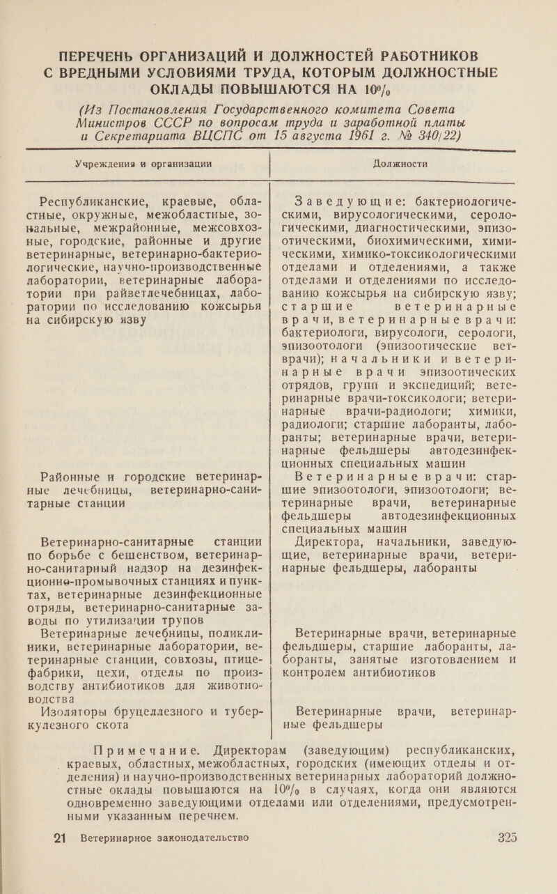 Учреждения и организации Должности  Республиканские, краевые, обла- стные, окружные, межобластные, зо- вальные, межрайонные, межсовхоз- ные, городские, районные и другие ветеринарные, ветеринарно-бактерио- логические, научно-производственные лаборатории, ветеринарные лабора- тории при райветлечебницах, лабо- ратории по исследованию кожсырья на сибирскую язву Районные и городские ветеринар- ные лечебницы, ветеринарно-сани- тарные станции Ветеринарно-санитарные — станции по борьбе с бешенством, ветеринар- но-санитарный надзор на дезинфек- ционне-промывочных станциях и пунк- тах, ветеринарные дезинфекционные отрялы, ветеринарно-санитарные за- воды по утилизации трупов Ветеринарные лечебницы, поликли- ники, ветеринарные лаборатории, ве- теринарные станции, совхозы, птице- фабрики, цехи, отделы по произ- водству антибиотиков для животно- водства Изоляторы бруцеллезного и тубер- кулезного скота Примечание. Заведующие: бактериологиче- скими, вирусологическими, сероло- гическими, диагностическими, эпизо- отическими, биохимическими, хими- ческими, химико-токсикологическими отделами и отделениями, а также отделами и отделениями по исследо- ванию кожсырья на сибирскую язву; старшие ветеринарные врачи, ветеринарные врачи: бактериологи, вирусологи, серологи, эпизоотологи (эпизоотические вет- врачи); начальники и ветери- нарные врачи эпизоотических отрядов, групп и экспедиций; вете- ринарные врачи-токсикологи; ветери- нарные — врачи-радиологи; химики, радиологи; старшие лаборанты, лабо- ранты; ветеринарные врачи, ветери- нарные фельдшеры —автодезинфек- ционных специальных машин Ветеринарные врачи: стар- шие эпизоотологи, эпизоотологи; ве- теринарные врачи, ветеринарные фельдшеры автодезинфекционных специальных машин Директора, начальники, заведую- щие, ветеринарные врачи, ветери- нарные фельдшеры, лаборанты Ветеринарные врачи, ветеринарные фельдшеры, старшие лаборанты, ла- боранты, занятые изготовлением и контролем антибиотиков Ветеринарные врачи, ветеринар- ные фельдшеры (заведующим) республиканских, стные оклады повышаются на ными указанным пеоечнем.
