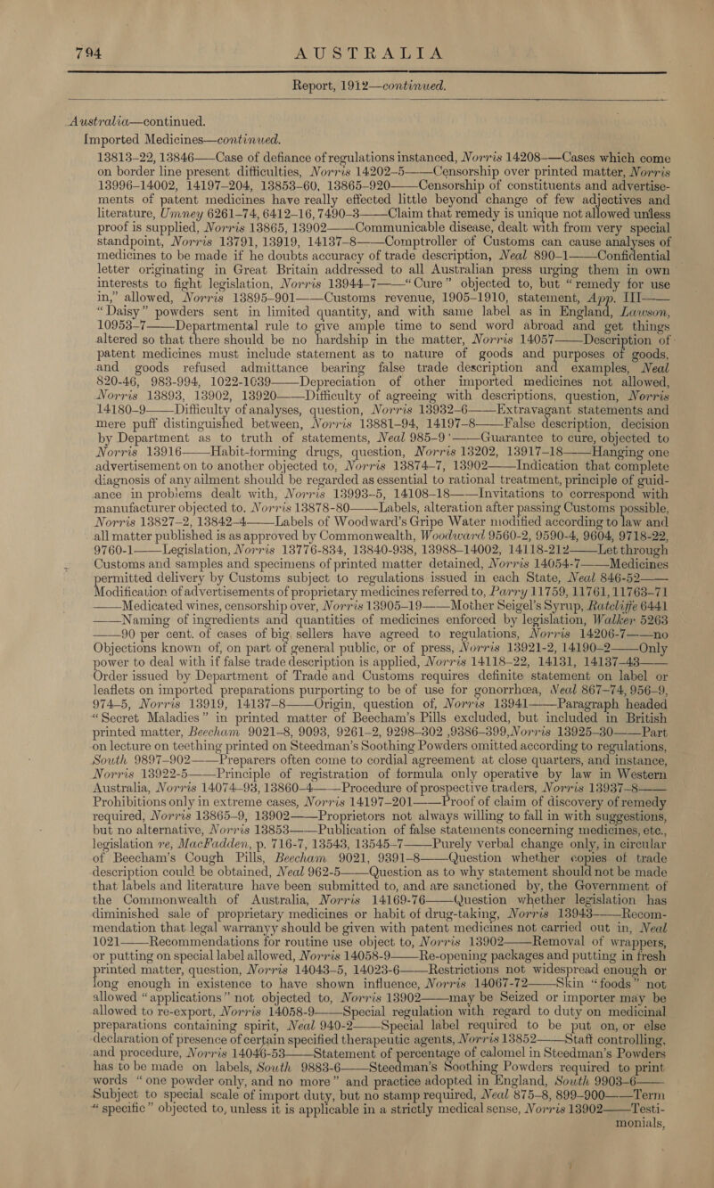   Report, 1912—continued.   Australia—continued. {Imported Medicines—continuwed. 13813-22, 13846——Case of defiance of regulations instanced, Norris 14208-—Cases which come on border line present difficulties, Norris 14202-5——Censorship over printed matter, Norris 13996-14002, 14197-204, 18853-60, 13865-920——Censorship of constituents and advertise- ments of patent medicines have really effected little beyond change of few adjectives and literature, Umney 6261-74, 6412-16, 7490-3 Claim that remedy is unique not ato unless proof is supplied, Norris 13865, 13902——-Communicable disease, dealt with from very special standpoint, Norris 13791, 13919, 14187-8——Comptroller of Customs can cause analyses of medicines to be made if he doubts accuracy of trade description, Neal 890-1——Confidential _ letter originating in Great Britain addressed to all Australian press urging them in own interests to fight legislation, Norris 18944-7——“ Cure” objected to, but “remedy for use in,” allowed, Norris 18895-901——Customs revenue, 1905-1910, statement, App. III—— “Daisy” powders sent in limited quantity, and with same label as in England, Lawson, 10953-7—Departmental rule to give ample time to send word abroad and get things altered so that there should be no hardship in the matter, Norris 14057——Description of - patent medicines must include statement as to nature of goods and purposes of goods, and goods refused admittance bearing false trade description and examples, Meal §20-46, 983-994, 1022-1¢39——Depreciation of other imported medicines not allowed, Norris 13893, 13902, 18920——Ditticulty of agreeing with descriptions, question, Norris 14180-9—— Difficulty of analyses, question, Norris 13932-6——_Extravagant statements and mere puff distinguished between, Vorris 13881-94, 14197-8——False description, decision by Department as to truth of statements, Neal 985-9'———Guarantee to cure, objected to Norris 13916——Habit-forming drugs, question, Norris 13202, 13917-18 Hanging one advertisement on to another objected to, Norris 13874-7, 18902——Indication that complete diagnosis of any ailment should be regarded as essential to rational treatment, principle of guid- ance in problems dealt with, Norris 13993-5, 14108-18——Invitations to correspond with manufacturer objected to, Norris 13878-80——Labels, alteration after passing Customs possible, Norris 13827-2, 13842-4——Labels of Woodward’s Gripe Water modified according to jas and _.all matter published is as approved by Commonwealth, Woodward 9560-2, 9590-4, 9604, 9718-22, 9760-1——_Legislation, Norris 13776-834, 13840-938, 13988-14002, 14118-212 Let through Customs and samples and specimens of printed matter detained, Norris 14054-7——Medicines permitted delivery by Customs subject to regulations issued in each State, Neal 846-52 Modification of advertisements of proprietary medicines referred to, Parry 11759, 11761, 11763-71 Medicated wines, censorship over, Norris 13905-19——Mother Seigel’s Syrup, Ratcliffe 6441 Naming of ingredients and quantities of medicines enforced by legislation, Walker 5263 ——90 per cent. of cases of big, sellers have agreed to regulations, Norris 14206-7——no Objections known of, on part of general public, or of press, Norris 13921-2, 14190-2 Only power to deal with if false trade description is applied, Norris 14118-22, 14131, 14137-43 Order issued by Department of Trade and Customs requires definite statement on label or leaflets on imported preparations purporting to be of use for gonorrhea, Veal 867-74, 956-9, 974-5, Norris 13919, 14137-8 Origin, question of, Norr1s 138941——Paragraph headed “Secret Maladies” in printed matter of Beecham’s Pills excluded, but included in British printed matter, Beecham 9021-8, 9093, 9261-2, 9298-802 ,9386-399, Norris 18925-30—— Part on lecture on teething printed on Steedman’s Soothing Powders omitted according to regulations, South 9897-902——Preparers often come to cordial agreement at close quarters, and instance, Norris 13922-5 Principle of registration of formula only operative by law in Western Australia, Norris 1407493, 18860-4 Procedure of prospective traders, Vorris 13937-8——              Prohibitions only in extreme cases, Norris 14197-201—— Proof of claim of discovery of remedy required, Norris 13865-9, 138902 Proprietors not always willing to fall in with suggestions, but no alternative, Norris 18853——Publication of false statements concerning medicines, etc.,  legislation re, MacFadden, p. 716-7, 13543, 13545—-7 Purely verbal change only, in circular of Beecham’s Cough Pills, Beecham 9021, 9891-8——Question whether copies of trade description could be obtained, Neal 962-5 Question as to why statement should not be made that labels and literature have been submitted to, and are sanctioned by, the Government of the Commonwealth of Australia, Morris 14169-76——Question whether legislation has  diminished sale of proprietary medicines or habit of drug-taking, Norris 13943--—Recom- mendation that.legal warranyy should be given with patent medicines not carried out in, Neal 1021——Recommendations for routine use object to, Norris 13902——Removal of wrappers,  or putting on special label allowed, Norris 14058-9 Re-opening packages and putting in fresh ee matter, question, Norris 14043-5, 14023-6——Restrictions not widespread enough or ong enough in existence to have shown influence, Norris 14067-72——Skin “foods” not allowed “applications” not objected to, Norris 18902——1may be Seized or importer may be allowed to re-export, Norris 14058-9——Special regulation with regard to duty on medicinal preparations containing spirit, Neal 940-2——Special label required to be put on, or else declaration of presence of certain specified therapeutic agents, Vorris 13852 Staff controlling, and procedure, Norris 14046-53——Statement of percentage of calomel in Steedman’s Powders has to be made on labels, South 9883-6 Steedman’s Soothing Powders required to print words “one powder only, and no more” and practice adopted in England, South 9903-6 Subject to special scale of import duty, but no stamp required, Veal 875-8, 899-900——Term “ specific” objected to, unless it is applicable in a strictly medical sense, Vorris 13902 Testi- monials,   