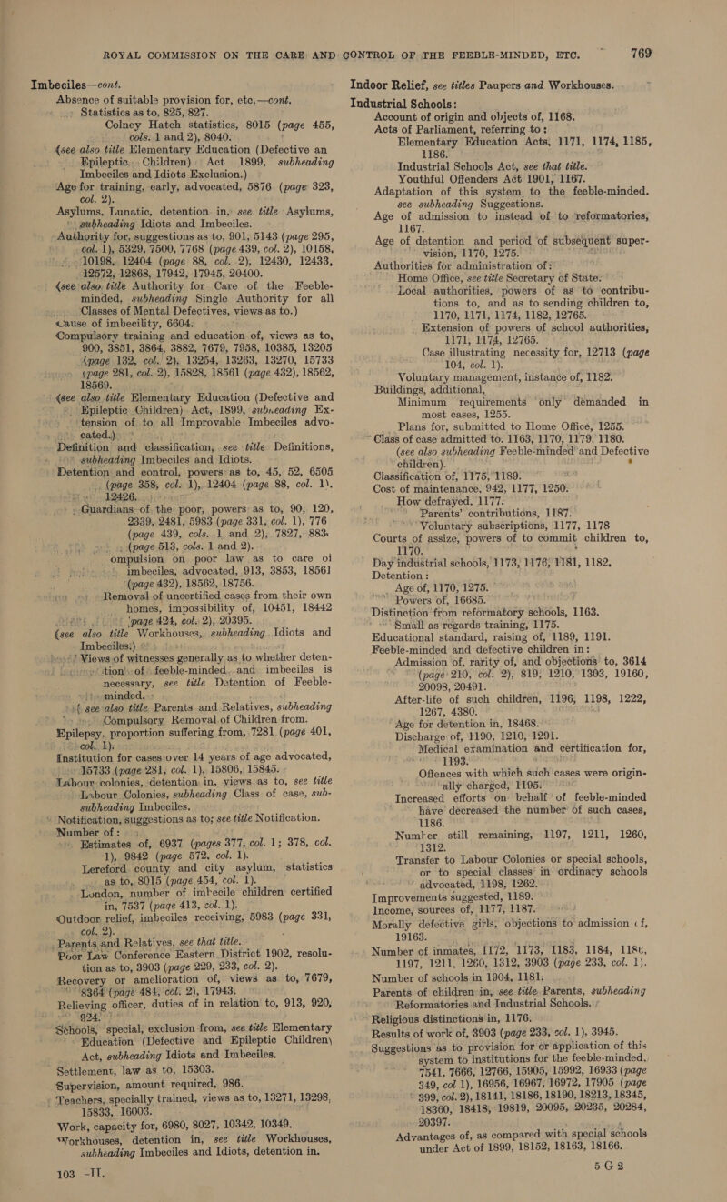 Statistics as to, 825, 827. Colney Hatch statistics, 8015 (page 455, cols. 1 and 2), 8040: {see also title Elementary Education (Defective an Epileptic. Children): Act 1899, subheading Imbeciles and Idiots Exclusion.) Age for training, early, advocated, 5876. (page 323, col. 2). Asylums, Lunatic, detention. in, see title Asylums, “) subheading Idiots and Imbeciles. Authority for, suggestions as to, 901, 5143 (page 295, col. 1), 5329, 7500, 7768 (page 439, col. 2), 10158, _, 10198, 12404 (page 88, col. .2), 12480, 12433, 12572, 12868, 17942, 17945, 20400. {see also. title Authority for. Care of the | Feeble- minded, subheading Single Authority for all mene Classes of Mental Defectives, views as to.) cause of imbecility, 6604. Compulsory training and education of, views as to, 900, 3851, 3864, 3882, 7679, 7958, 10385, 13205 Apage 132, col. 2), 13254, 13263, 13270, 15733 (page 281, col. 2), 15828, 18561 (page 432), 18562, 18569. (see also. title He tontary Education (Defective and Epileptic Children) Act, 1899, subneading Ex- tension of to. all Improvable Imbeciles advo- ~~ eated.) &gt; Definition and telassification; see title Definitions, - subheading Imbeciles and Idiots. Detention and control, powers: as to, 45, 52, 6505 _. (page 358, col. 1), 12404 (page 88, col. 1). 12426. . . Guardians- sit el poor, powers: as to, 90, 120, 2339, 2481, 5983 (page 331, col. 1), 776 (page 439, cols. 1 and 2), 7827, 883 (page 513, cols. 1 and 2). ompulsion on poor law as to care ol imbeciles, advocated, 913, 3853, 1856] r (page 432), 18562, 18756. » + «+: » Removal of uncertified cases from their own homes, impossibility of, 10451, 18442 Fee | ‘page 424, col. 2), 20395. (see also title Workhouses, subheading. Idiots and Imbeciles:) « as fil melo ws of witnesses generally as to mie der deten- «es (tion’ of. feeble-minded and. imbeciles is necessary: see title Detention of Feeble- » }}e;minded. : ey see also title Parents and Relatives, subheading Compulsory Removal.of Children from. Ee ceae pegporiion Lis from, 7281 (page 401, col. 1). Institution for cases over 14 years of age advocated, 15733.(page 281, col. 1), 15806, 15845. ; adbouy colonies, detention. in, views as to, see title Labour Colonies, subheading Class of case, sub- subheading Imbeciles. \ Notification, suggestions as to; see tile Notification. Number of: Estimates of, 6937 (pages 377, col. 1; 378, col. 1), 9842 (page 572, col. 1). Lereford county and city asylum, ‘statistics as to, 8015 (page 454, col. 1). London, number of imbecile children certified in, 7537 (page 413, col. 1). Outdoor relief, imbeciles receiving, 5983 Be 331, col, 2 Fi Parents ei Relatives, see that title. Poor Law Conference Eastern District 1902, resolu- tion as to, 3903 (page 229, 233, col. 2). Recovery or amelioration of, views as. to, 7679, “© 8364 (page 484, col. 2), 17943. Behe vine officer, duties of in relation to, 913, 920, Stiiesia: ‘special, exelision from, see title Elementary Education (Defective and Epileptic Children) Act, subheading Idiots and Imbeciles. Settlement, law as to, 15303. Supervision, amount required, 986. Teachers, specially trained, views as to, 13271, 13298, 15833, 16003. Work, capacity for, 6980, 8027, 10342, 10349. “Jorkhouses, detention in, see title Workhouses, subheading Imbeciles and Idiots, detention in. 103 -IT. Account of origin and objects of, 1168. Acts of Parliament, referring to : Elementary Education Acts, 1171, 1174, 1185, 1186. Industrial Schools Act, see that title. Youthful Offenders Act 1901, 1167. Adaptation of this system to the feeble-minded. see subheading Suggestions. Age of admission to instead of to reformatories, 1167. Age of detention and period of subsequent super- vision, 1170, 1275. Authorities for administration of:' Home Office, see title Secretary of State: Local authorities, powers of as to ‘contribu- tions to, and as to sending children to, k 1170, 1171, 1174, 1182, 12765. Extension of powers of school authorities, 1171, 1174, 12765. Case illustrating necessity for, 12713 (page 104, col. 1). Voluntary management, instance of, 1182. Buildings, additional, Minimum requirements only demanded in most cases, 1255. Plans for, submitted to Home Office, 1255. (see also subheading Feeble- minded’ and Defective children). , . Classification of, 1175, 1189. sd Cost of maintenance, 942, 1177, 1250. How defrayed, 1177. * ‘Parents’ contributions, 1187. Voluntary subscriptions, 1177, 1178 Courts of assize, powers of to commit children to, 1170. Day industrial schools, 1173, 1176; 1181, 1182. Detention : _ Age of, 1170, 1275. “Powers of, 16685. Distinction from reformatory schools, 1163. “Small as regards training, 1175. Educational standard, raising of, 1189, 1191. _ Admission of, rarity of, and objections to, 3614 (page’ 210, ‘col. 2), 819, 1210, 1303, 19160, 20098, 20491. After-life of such children, 1196, 1198, 1222, 1267, 4380. ‘Ave for detention in, 18468. Discharge) of, 1190, 1210, 1291. Medical examination and mean for, 1193. Offences with which sited cases were origin- ally’ charged, 1195. Increased efforts on: behalf of feeble-minded : have decreased the number’ of such cases, 1186. Numfter still remaining, 1197, 1211, 1260, 1312. Transfer to Labour Colonies or special schools, or to special classes’ in ordinary schools ‘ advocated, 1198, 1262. Improvements suggested, 1189. Income, sources © of, 1177, 1187. Morally defective girls, objections to admission ¢f, 19163. Numberof inmates:.1172, 1173; 1183, 1184, 118¢, 1197, 1211, 1260, 1312, 3903 (page 233, col. 1). Number of schools in 1904, 1181, Parents of children in, see title Parents, subheading Reformatories and Industrial Schools. . Results of work of, 3903 (page 233, col. 1), 3945. Suggestions as to provision for or application of this system to institutions for the feeble-minded, 7541, 7666, 12766, 15905, 15992, 16933 (page 349, col 1), 16956, 16967, 16972, 17905 (page © 399, col. 2), 18141, 18186, 18190, 18213, 18345, 18360, 18418, 19819, 20095, 20235, 20284, 20397. Advantages of, as compared with special Schools under Act of 1899, 18152, 18163, 18166. 5G2