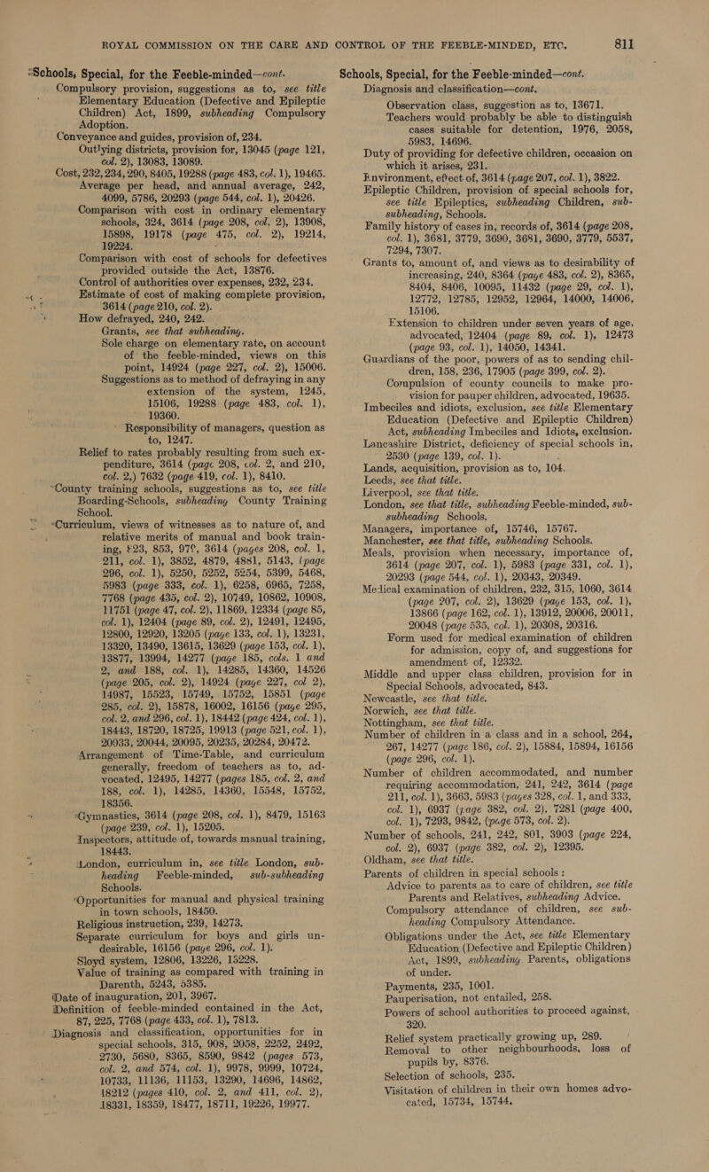 Compulsory provision, suggestions as to, see title Elementary Education (Defective and Epileptic Children) Act, 1899, subheading Compulsory Adoption. Conveyance and guides, provision of, 234. Outlying districts, provision for, 13045 (page 121, col. 2), 13083, 13089. Cost, 232, 234, 290, 8405, 19288 (page 483, col. 1), 19465. Average per head, and annual average, 242, 4099, 5786, 20293 (page 544, col. 1), 20426. Comparison with cost in ordinary elementary schools, 324, 3614 (page 208, col. 2), 13908, 15898, 19178 (page 475, col. 2), 19214, 19224. : Comparison with cost of schools for defectives provided outside the Act, 13876. Control of authorities over expenses, 232, 234. Estimate of cost of making complete provision, 3614 (page 210, col. 2). How defrayed, 240, 242. Grants, see that subheading. Sole charge on elementary rate, on account of the feeble-minded, views on this point, 14924 (page 227, col. 2), 15006. Suggestions as to method of defraying in any extension of the system, 1245, 15106, 19288 (page 483, col. 1), 19360. ’ Responsibility of managers, question as to, 1247. Relief to rates probably resulting from such ex- penditure, 3614 (page 208, col. 2, and 210, col. 2,) 7632 (page 419, col. 1), 8410. “County training schools, suggestions as to, see title Boarding-Schools, subheading County Training School. »Curriculum, views of witnesses as to nature of, and relative merits of manual and book train- ing, $23, 853, 97°, 3614 (pages 208, col. 1, 211, col. 1), 3852, 4879, 4881, 5143, (page 296, col. 1), 5250, 5252, 5254, 5399, 5468, 5983 (page 333, col. 1), 6258, 6965, 7258, 7768 (page 435, col. 2), 10749, 10862, 10908, 11751 (page 47, col. 2), 11869, 12334 (page 85, col. 1), 12404 (page 89, col. 2), 12491, 12495, 12800, 12920, 13205 (page 133, col. 1), 13231, 13320, 13490, 13615, 13629 (page 153, col. 1), 13877, 13994, 14277 (page 185, cols. 1 and 2, and 188, col. 1), 14285, 14360, 14526 (page 205, col. 2), 14924 (paye 227, col 2), 14987, 15523, 15749, 15752, 15851 (page 285, col. 2), 15878, 16002, 16156 (page 295, col. 2, and 296, col. 1), 18442 (page 424, col. 1), 18443, 18720, 18725, 19913 (page 521, col. 1), 20033, 20044, 20095, 20235, 20284, 20472. Arrangement of Time-Table, and curriculum generally, freedom of teachers as to, ad- vocated, 12495, 14277 (pages 185, col. 2, and 188, col. 1), 14285, 14360, 15548, 15752, 18356. Gymnastics, 3614 (page 208, col. 1), 8479, 15163 (page 239, col. 1), 15205. Inspectors, attitude of, towards manual training, 18443. “London, curriculum in, see title London, sub- heading Feeble-minded, sub-subheading Schools. ‘Opportunities for manual and physical training in town schools, 18450. Religious instruction, 239, 14273. Separate curriculum for boys and girls un- desirable, 16156 (paye 296, col. 1). Sloyd system, 12806, 13226, 15228. Value of training as compared with training in Darenth, 5243, 5385. ate of inauguration, 201, 3967. Wefinition of feeble-minded contained in the Act, 87, 225, 7768 (page 433, col. 1), 7813. Diagnosis and classification, opportunities for in special schools, 315, 908, 2058, 2252, 2492, . 2730, 5680, 8365, 8590, 9842 (pages 573, col. 2, and 574, col. 1), 9978, 9999, 10724, 10733, 11136, 11153, 13290, 14696, 14862, 18212 (pages 410, col. 2, and 411, col. 2), 18331, 18359, 18477, 18711, 19226, 19977. Diagnosis and classification—cont. Observation class, suggestion as to, 13671. Teachers would probably be able to distinguish cases suitable for detention, 1976, 2058, 5983, 14696. Duty of providing for defective children, occasion on which it arises, 231. Environment, effect of, 3614 (page 207, col. 1), 3822. Epileptic Children, provision of special schools for, see title Epileptics, subheading Children, sub- subheading, Schools. Family history of cases in, records of, 3614 (page 208, col. 1), 3681, 3779, 3690, 3681, 3690, 3779, 5537, 7294, 7307. Grants to, amount of, and views as to desirability of increasing, 240, 8364 (page 483, col. 2), 8365, 8404, 8406, 10095, 11432 (page 29, col. 1), 12772, 12785, 12952, 12964, 14000, 14006, 15106. Extension to children under seven years of age, advocated, 12404 (page 89, col. 1), 12473 (page 93, col. 1), 14050, 14341. Guardians of the poor, powers of as to sending chil- dren, 158, 236, 17905 (page 399, col. 2). Compulsion of county councils to make pro- vision for pauper children, advocated, 19635. Imbeciles and idiots, exclusion, see title Elementary Education (Defective and Epileptic Children) Act, subheading Imbeciles and Idiots, exclusion. Lancashire District, deficiency of special schools in, 2530 (page 139, col. 1). Lands, acquisition, provision as to, 104. Leeds, see that title. Liverpool, see that title. subheading Schools, Managers, importance of, 15746, 15767. Manchester, see that title, subheading Schools. Meals, provision when necessary, importance of, 3614 (page 207, col. 1), 5983 (page 331, col. 1), 20293 (page 544, col. 1), 20343, 20349. Medical examination of children, 232, 315, 1060, 3614 (page 207, col. 2), 138629 (paye 153, col. 1), 13866 (page 162, col. 1), 13912, 20006, 20011, 20048 (page 535, col. 1), 20308, 20316. Form used for medical examination of children for admission, copy of, and suggestions for amendment of, 12332. Middle and upper class children, provision for in Special Schools, advocated, 843. Neweastle, see that title. Norwich, see that title. Nottingham, see that tile. Number of children in a class and in a school, 264, 267, 14277 (page 186, col. 2), 15884, 15894, 16156 (page 296, col. 1). Number of children accommodated, and number requiring accommodation, 241, 242, 3614 (page 211, col. 1), 3663, 5983 (pages 328, col. 1, and 333, col. 1), 6937 (gage 382, col. 2), 7281 (page 400, col. 1), 7298, 9842, (page 573, col. 2). Number of schools, 241, 242, 801, 3903 (page 224, col. 2), 6937 (page 382, col. 2), 12395. Oldham, see that title. Parents of children in special schools : Advice to parents as to care of children, see title Parents and Relatives, subheading Advice. Compulsory attendance of children, see sub- heading Compulsory Attendance. Obligations under the Act, see tiéle Elementary Education (Defective and Epileptic Children ) Act, 1899, subheading Parents, obligations of under. Payments, 235, 1001. Pauperisation, not entailed, 258. Powers of school authorities to proceed against, 320. Relief system practically growing up, 289. Removal to other neighbourhoods, loss of pupils by, 8376. Selection of schools, 235. Visitation of children in their own homes advo- cated, 15734, 15744.