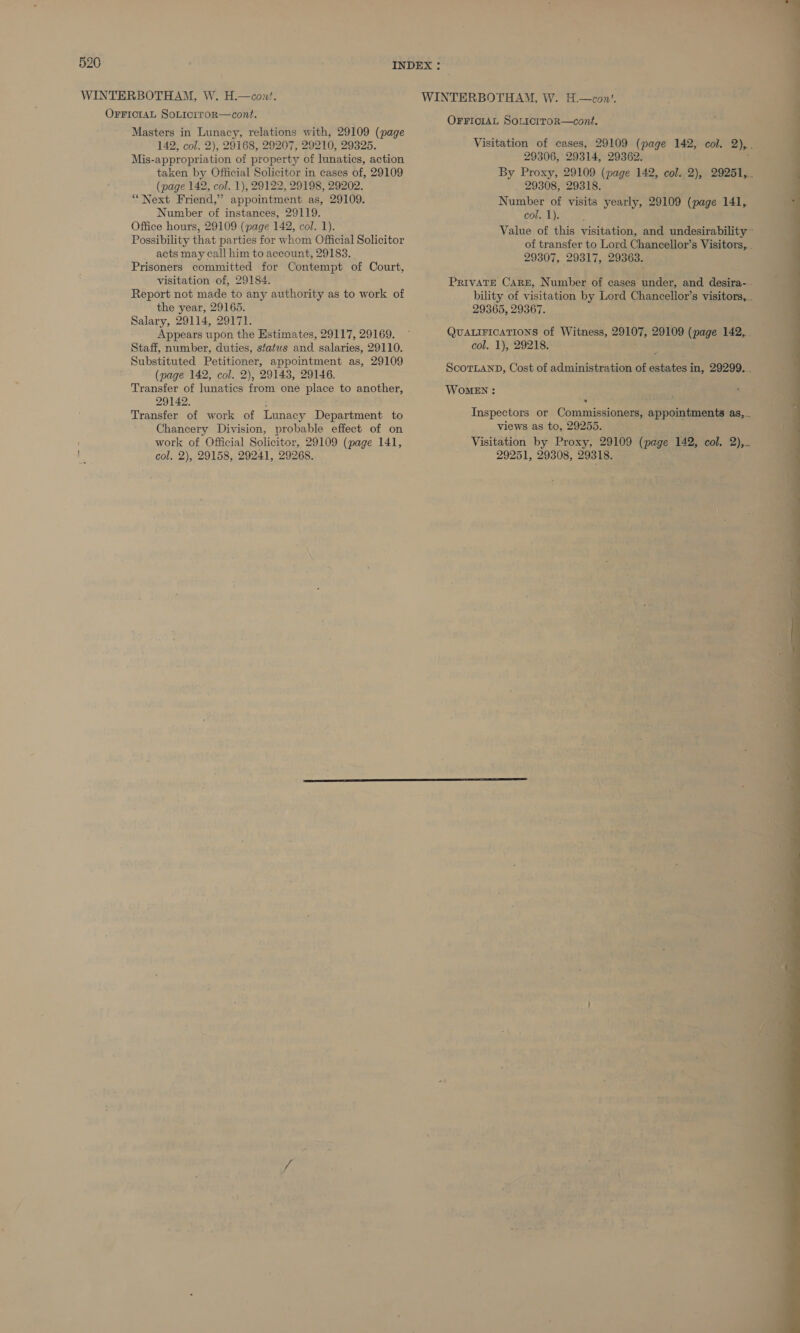 WINTERBOTHAM, W. H.—cont. WINTERBOTHAM, W. H.—con'. OFFICIAL SoLiciroR—cont. ONeTOrEE Scalia cane Masters in Lunacy, relations with, 29109 (page 142, col. 2), 29168, 29207, 29210, 29325. Visitation of cases, 29109 (page 142, col. 2), . Mis-appropriation of property of lunatics, action 29306, 29314, 29362. taken by Official Solicitor in cases of, 29109 By Proxy, 29109 (page 142, col. 2), 29251,. (page 142, col. 1), 29122, 29198, 29202. 29308, 29318. “Next Friend,” appointment as, 29109. Number of visits yearly, 29109 (page 141, Number of instances, 29119. col. 1). F Office hours, 29109 (page 142, col. 1). Value of this visitation, and undesirability~ image : : mie , ve Possibility that parties for whom Official Solicitor of transfer to Lord Chancellor’s Visitors, . acts may call him to account, 29183. . : 29307, 29317, 29363. Prisoners committed for Contempt of Court, . visitation of, 29184. PRIVATE CARE, Number of cases under, and desira- - Report not made to any authority as to work of bility of visitation by Lord Chancellor's visitors, the year, 29165. 29365, 29367. Salary, 29114, 29171. Appears upon the Estimates, 29117, 29169. ~ QUALIFICATIONS of Witness, 29107, 29109 (page 142, : Staff, number, duties, sfatus and salaries, 29110. col. 1), 29218. : Substituted Petitioner, appointment as, 29109 2 ate : es (page 142, col. 2), 29143, 29146. ScoTLaND, Cost of administration of estates in, 29299. . Transfer of lunatics from one place to another, Women : 29142. i Transfer of work of Lunacy Department to Inspectors or Commissioners, appointments as, Chancery Division, probable effect of on views as to, 29255. day's work of Official Solicitor, 29109 (page 141, Visitation by Proxy, 29109 (page 142, col. 2),_ col. 2), 29158, 29241, 29268. 29251, 29308, 29318. 