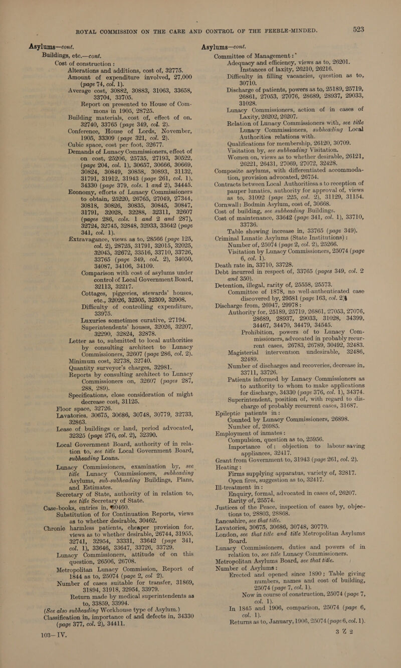 Asylums—cont. Buildings, etc.—cont. Cost of construction : Alterations and additions, cost of, 32775. Amount of expenditure involved, 27,000 (page 74, col. 1). Average cost, 30882, 30883, 31063, 33658, 33704, 33705. Report on presented to House of Com- mons in 1905, 28725. Building materials, cost of, effect of on, 32740, 33765 (page 349, col. 2). Conference, House of Lords, November, 1905, 33309 (page 321, col. 2). Cubic space, cost per foot, 32677. Demands of Lunacy Commissioners, effect of on cost, 25206, 25735, 27193, 30522, (page 204, col. 1), 30657, 30666, 30669, 30824, 30849, 30858, 30893, 31132, 31791, 31912, 31943 (page 261, col. 1), 34330 (page 379, cols. 1 and 2), 34445. Economy, efforts of Lunacy Commissioners to obtain, 25220, 26765, 27049, 27344, 30818, 30826, 30835, 30845, 30847, 31791, 32028, 32288, 32311, 32607 (pages 286, cols. 1 and 2 and 287), 32724, 32745, 32848, 32933, 33642 (page 341, col. 1). Extravagance, views as to, 28566 (page 125, col. 2), 28725, 31791, 32015, 32025, 32043, 32672, 33516, 33710, 33726, 33765 (page 349, col. 2), 34050, 34087, 34106, 34109. Comparison with cost of asylums under contro] of Lecal Government Board, 32113, 32217. Cottages, piggeries, stewards’ houses, etc., 32026, 32305, 32309, 32908. Difficulty of controlling expenditure, 33975. Luxuries sometimes curative, 27194. Superintendents’ houses, 32026, 32207, 32290, 32824, 32878. Letter as to, submitted to local authorities by consulting architect to Lunacy Commissioners, 32607 (page 286, col. 2). Minimum cost, 32738, 32740. Quantity surveyor’s charges, 32981. Reports by consulting architect to Lunacy Commissioners on, 32607 (pages 287, 288, 289). Specifications, close consideration of might decrease cost, 31125. Floor space, 32726. Lavatories, 30675, 30686, 30748, 30779, 32733, 32863. Lease of buildings or land, period advocated, 32325 (page 276, col. 2), 32390. Local Government Board, authority of in rela- tion to, see title Local Government Board, subheading Loans. Lunacy Commissioners, examination by, see title Lunacy Commissioners, subheading Asylums, sub-subheading Buildings, Plans, and Estimates. Secretary of State, authority of in relation to, see title Secretary of State. Case-books, entries in, $0460. Substitution of for Continuation Reports, views as to whether desirable, 30462. Chronic harmless patients, cheaper provision for, views as to whether desirable, 26744, 31955, 32741, 32954, 33331, 33642 (page 341, col. 1), 33646, 33647, 33726, 33729. Lunacy Commissioners, attitude of on this question, 26506, 26708. Metropolitan Lunacy Commission, Report of 1844 as to, 25074 (page 2, col 2). Number of cases suitable for transfer, 31869, 31894, 31918, 32954, 33979. Return made by medical superintendents as to, 33859, 33994. (See also subheading Workhouse type of Asylum.) Classification in, importance of and defects in, 34330 (page 377, col. 2), 34411. 103—IV. Committee of Management :* Adequacy and efficiency, views as to, 26201. Instances of laxity, 26210, 26216. Difficulty in filling vacancies, question as to, 30710. Discharge of patients, powers as to, 25189, 25719, 26861, 27053, 27076, 28689, 28937, 29033, 31028. Lunacy Commissioners, action of in cases of Laxity, 26202, 26207. Relation of Lunacy Commissioners with, see title Lunacy Commissioners, subheading Local Authorities relations with. Qualifications for membership, 26120, 30709. Visitation by, see subheading Visitation. Women on, views as to whether desirable, 26121, 26221, 26431, 27069, 27072, 32428. Composite asylums, with differentiated accommoda- tion, provision advocated, 26754. Contracts between Local Authoritiesa s to reception of pauper lunatics, authority for approval of, views as to, 31092 (page 225, col. 2), 31129, 31154. Cornwall: Bodmin Asylum, cost of, 30668. Cost of building, see subheading Buildings. Cost of maintenance, 33642 (page 341, col. 1), 33710, 33736. Table showing increase in, 33765 (page 349). Criminal Lunatic Asylums (State Institutions) : Number of, 25074 (page 2, col. 2), 25266. Visitation by Lunacy Commissioners, 25074 (page 6, col. 1). Death rate in, 33710, 33728. Debt incurred in respect of, 33765 (pages 349, col. 2 and 350). Detention, illegal, rarity of, 25558, 25573. Committee of 1878, no well-authenticated case discovered. by, 29581 (page 163, col. 2)% Discharge from, 26947, 29978 : Authority for, 25189, 25719, 26861, 27053, 27076, 28689, 28937, 29033, 31028, 34399, 34467, 34470, 34479, 34545. Prohibition, powers of to Lunacy Com- missioners, advocated in probably recur- rent cases, 26783, 26789, 30492, 32483. Magisterial intervention undesirable, 32486, 32489. Number of discharges and recoveries, decrease in, 33711, 33726. Patients informed by Lunacy Commissioners as to authority to whom to make applications for discharge, 34330 (page 376, col. 1), 34374. Superintendent, position of, with regard to dis- charge of probably recurrent cases, 31687. Epileptic patients in: Counted by Lunacy Commissioners, 26898. Number of, 26985. Employment of inmates : Compulsion, question as to, 25956. Importance of: objection to labour saving appliances, 32417. Grant from Government to, 31943 (page 261, col. 2). Heating : Firms supplying apparatus, variety of, 32817. Open fires, suggestion as to, 32417. Iil-treatment in: Enquiry, formal, advocated in cases of, 26207. Rarity of, 25574. Justices of the Peace, inspection of cases by, objec- tions to, 28803, 28868. Lancashire, see that title. Lavatories, 30675, 30686, 30748, 30779. London, see that title and title Metropolitan Asylums Board. Lunacy Commissioners, duties and powers of in relation to, see title Lunacy Commissioners. Metropolitan Asylums Board, see that title. Number of Asylums: Erected and opened since 1890; Table giving numbers, names and cost of building, 25074 (page 7, col. 1). Now in course of construction, 25074 (page 7, col. 1). In 1845 and 1906, comparison, 25074 (page 6, col, 1). Returns as to, January, 1906, 25074 (page 6, col. 1).