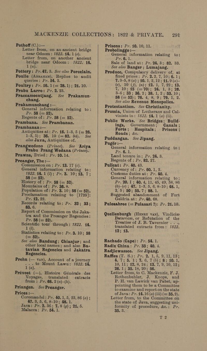 Pothoff (C.) :-— Mein wiles Letter from, on an ancient bridge near Odoom : 7822. 14. 1 (s). Letter from, on another ancient bridge near Odoom: 7822. 14, 1 (w). Pottery: Pr.47. 3. See also Porcelain. Poulle (Apranam), Replies to audit queries: Pr. 54, 2. Poultry: Py. 16. 1(= 28.1); 24. 10. Prabu Larro: Pr. 2, 23. Praccamoentjang. See Prakamun- chang. Prakamunchang : General information relating to: Pr. 58 (= 52). Regents of: Pr. 58 (= 52). Prambana. See Prambanan. Prambanan: Antiquities at: Pr. 16. 1-3, 5 (= 28. 1-3, 5); 36. 10 (= 82. 34). See also Java, Antiquities of. Prangwedono (Prince). See Ariya Prabu Prang Wedana (Prince). Prawns, Dried: Pr. 10.14. Preanger, The :— Commission on ; P7. 13. 17 (c). General information relating to: 1822. 14.1 (i); Pr. 3. 10; 13. 7; 58 (= 52). . History of : Pr. 58 (= 52). Mountains of: Pr. 36. 8. Population of: Pr. 3. 10; 58 (= 52). Proclamation relating to [1725]: Pr. 12. 22. Records relating to: Pr. 32; 33;   Report of Commission on the Jaka- tra and the Preanger Regencies: Pr. 58 (= 52). Scientific tour through: 7822. 14. 1 (J). Statistics relating to: Pr.3.10; 58 (=.52). See also Bandung; Chianjur; and other local names; and also Ba- tavian Regencies and Jakatra Regencies. Prehn (— van), Account of a journey ... to Mount Lawu: 7822. 14, 1 0S Prévost (—), Histoire Générale des Voyages, translated extracts from : Pr. 68. 2 (a)-(h). Priangen. See Preanger. Prices :— Coromandel: Pr. 40.1, 5, 23, 86 (a) ; 47. 3, 5, 6, 8-10; 48. 1. Java: Pr. 2.36; 7.8 (g); 24, 5. Malacca: Pr. 54, 1.  Prisons: P7. 10. 10, 11. Probolinggo :— General information relating to: Peeal. , Sale of land at: Pr. 24.3; 82. 33. See also Banger ; Lumajang. Produce, Compulsory delivery of, at fixed prices: Pr. 2.2, 7,10; 6.1; 7. 3-5, 8 (a) ; 10. 1, 2,12 ; 14.9 (a)- (ce) 10° (4), (nyp 42H, 7-22; 13. 7, 10; 15 (= 70); 24. 1, 3; 26. 3-6 ; 33; 36.2; 38. 1,2; 53.10; 58 (= 52); 76. 4, 8, 9; 79. 1, 2. See also Revenue Monopolies. Protestantism. See Christianity. Prussia, Union of Lutherans and Cal- vinists in: 7822, 14. 1 (a) (ii). Public Works. See Bridges; Build- ings, Government; Canals; Forts; Hospitals; Prisons ; Roads; &amp;c. Puddangan. See Jipang. Pugér :— General information relating to: Pr.6.:1, Land tenure in; Pr. 24, 3. Regents of : Pr. 82. 27. Pulicat: P7. 40. 43. Currency of: P». 60. 1, 2. Customs duties at: Py. 40, 4. General information relating to: Pr. 20.1; 40. 4, 11, 45, 49, 58, 86 (b)-(e) ; 47. 1-3, 5, 6, 8-10; 48. 1, 2,5; 50; 55.7; 88.1. Suggested abandonment of Fort Geldria at: Pr. 40. 68. Pulosahree (= Pulasari ?): Py. 24.10. Quellenburgh (Henry van), Vindicise Batavice, or Refutation of the Treatise of J. B. Tavernier . . ., translated extracts from: 7822. 12; 13. Rachado (Cape): Pr. 54. 1. Radix China: Pr. 33; 40. 4. Radjiewassee. See Jipang. Raffles (T. S.): Pr. 2. 1, 5, 9, 11,13; 4.7; 5. 15 7. 6, 7 (6): 8s 1001, 10; 405 1208, 24°93. 7, 9510512. 26. 1; 35. 18, 20; 56. Letter from, to C. Mackenzie, F. J. Rothenbuhler, J. Knops, and P. H. van Lawick van Pabst, ap- pointing them to be a Committee to examine and report on the state of Java: Pr. 14.16 (a) (iii) (= 35.2). Letter from, to the Committee on the state of Java, suggesting uni- formity of procedure, &amp;c.: Pr. 35. 3.