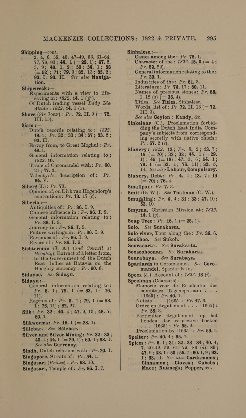 cae ares 6, 39, 40, 47-49, 53, 61-64, 77, “ts, 83; 44. 1 (= 29. 1); 47. 2, See 48. 1 -ais BOs 64, 1: 58 (= 52); 71; 79. 3; 82. 13; 85. 2 93. I; 93. II. See also Nayviga- tion. Shipwreck: — Experiments with a view to life- saving in: 7822. 14. 1 (ff). Of Dutch trading vessel Lady Ida - Aleida : 1822. 14. 1 (a). Shore (Siz Jonn): Pr. 72. II. 9 (= 72. : (8) + TET) 13): Siam: -— Dutch records relating to: 7822. 18.4; Pr. 32; 33; 34; 57; 83.2; 93. II. | Envoy from, to Great Moghul: Pr. 48.1. General information relating to: 7822. 10. Trade of Coromandel with: P. 40. 21; 47. 3. Valentyn’s description of: Pr. 64. V. Siberg (J.): P7. 77. Opinion of, on Dirk van Hogendorp’s contentions: Pr. 13. 17 (c). Siberia :— Antiquities of: Pr. 86. I. 9. Chinese influence in: Pr. 86. I. 9. General information relating to: Pr. 86. I. 9. Journey in: Pr. 86. I. 9. Picture writings in: Pr. 86. I. 9. Revenues of: Pr. 86. I. 9. Rivers of : Pv. 86. I. 9. Sichterman (J. A.) (and Council at Hooghly), Extract of a letter from, to the Government of the Dutch East Indies at Batavia on the Hooghly currency : P7. 60. 6. Sidayoe. See Sidayu. Sidayu :— General information relating to: Peewee, ta 70. 4 (== G3. 1; 76. 11). Regents of: Pr. 6. 1; 79. 1 (= 53. 1; 76.11); 82. 27. Silk: Pr. 32; 40.4; 47.9,10; 48.5; Silkworms: P». 16. 1 (= 28. 1). Sillebar. See Sélebar. Silver and Silver Mining: P». 32; 33; 40. 4; 44.1 (= 29.1); 60. 1; 93. I. See also Currency. Sindh, Dutch relations with : Pr. 20. I. Singapore, Straits of: Py. 54. 1. Singasari (Prince): Pr. 53. 10. Singasari, Temple of: Pr. 86. I. 7. 1822 &amp; PRIVATE. 295 Sinhalese.:— Castes among the: Pr. 78. 1. Pr. 82, 22). . General information relating to the; Prag, i, Industries of the: Pr. 64. 3. Literature: Pr. 74.17; 80. 11. Names of precious stones: Pr. 86. I. 12 (a) (= 36. 4). Titles. See Titles, Sinhalese. Words, list of: Pr. 72. IT. 13 (= 72. ITI. 3). See also Ceylon ; Kandy, «&amp;c. Sinkelaar (C.), Proclamation forbid- ding the Dutch East India Com- pany’s subjects from correspond- ing secretly with native chiefs: Pr. 67. 2 (e). Slavery: 7822. 13; Pr. 4. 2; 13.7; 15 (= 70); 32; 33; 44.. 1 (= 29. 1); 45 (=18); 47. 3, 6; 54. 1; 19.1 (= 83,1; 416. cll); 826. 5, 14. See also Labour, Compulsory. Slavery, Debt: Pr. 4. 4; 13. 7; 15 (= 70); 76. 4. Smallpox: P». 7. 3. Smuggling: Pr. 4. 4; 31; 33; 47.10; 0. Smyrna, Christian Mission at: 7822. 414. 1 (9). Soap Tree: Pr. 16. 1 (= 28. 1). Solo. See Surakarta. Solo river, Tour along the: Pr». 36. 6. Sookhoo. See Sukoh. Sooracarta. Sce Surakarta. Soosoohoonan. See Surakarta. Sourabaya. See Surabaya. Spaniards in Coromandel. See Coro- mandel, Spaniards in. Specx (J.), Account of: 7822. 18 (i). Speelman (Cornexis) :— Memorie voor de Residenten des comptoirs Tegenepatnam .. . [1665]: Pr. 40. 1. Notitie ... [1665]: Pr. 47. 3. Ordre en Regulement ... [1665]: Pr. 55. 3. Particulier Regulement op _ het houder der respective boeken sf i660 |).€.Pr.-85. 2) Proclamation, by [1665] : Pv. 55.1. Spelter: Px. 40.4; 55. 7. Spices: Pr. 6.1; 31 ; 32; 33; 34; 40. 4 7, 40-42, 59, 61, 79, 86 (d), 89; 47.9; 48.1; 50 ; 55.7; 60.1,9; 93. ie: 93. Ts See alse Cardamoms : Cinnamon; Cloves; Cubebs ; Mace; Nutmegs; Pepper, &amp;c.