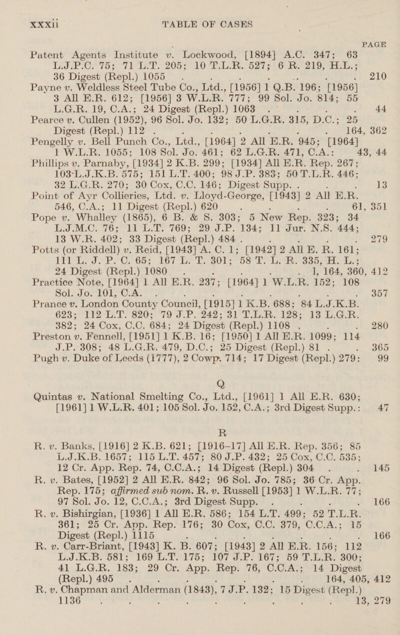 ; PAGE Patent Agents Institute v. Lockwood, [1894] A.C. 347; 63 LEE VCl 763° Tie. 2005790 PLB 527s Oe eee 219) i 36 Digest (Repl. Oba. 210 Payne v. Weldless Steel Tube Co., Ltd., [1956] 1 Q. B. 196; 11956] 3 All E.R. 612; [1956] 3 W. L.R. 777; 99 Sol. Jo. 814; 55 L.G.R. 19, C.A.; 24 Digest (Repl.) 1063. . 44 Pearce v. Cullen (1952), 96 Sol. Jo. 1382; 50 L.G.R. 315, Dp: ot 25 Digest (Repl.) 112 . . 164, 362 Pengelly v. Bell Punch Co., Ltd., [1964] 2 All E.R. 945; [1964] 1 W.L.R. 1055; 108 Sol. Jo. 461; 62 L.G.R. 471, C. ‘A.: 43, 44 Phillips v. Parnaby, [1934] 2 K.B. 299; [1934] All E. R. Rep. 267; 103-L.J.K.B: 575; 151 L.T. 400; 98 J.P. 383; 50 T.L.R. 446; 32. LG. E. 270: 30 Cox, C.C. 146; Digest Supp. é 13 Point of Ayr Collieries, Ltd. v. Lloyd- George, [1943] 2 All E.R. 546, C.A.; 11 Digest (Repl.) 620 : : 61, 351 Pope v. Whalley (1865), 6 'B.°@' S.'3038; 5 New Rep. 323; 34 Ld Mic) 763 19 LP 769s “28.0 P. ¥oes “ilar: N.S. ‘444; 13 W.R. 402; 33 Digest (Repl.) 484 . : ‘ : ~ 2ie Potts (or Riddell) v. Reid, [1943] A. C. 1; [1942] 2 AIL E. R. 161; ML PO, Ces TCT bs TSa0rs S88 Liao: ass 24 Digest (Repl.) 1080. . 1, 164, 360, 412 Practice Note, [1964] 1 All E.R. 237; [1964} 1 W.L.R. 152; 108 Sol. Jo. 101, C.A. . 357 Prance v. London County Council, [1915] 1 K.B. 688; 84. L. art K. B. 623; T%2-L. 1. 820; 79 bP .-2e8: Sl Th. 128; 13 L.G.R. 382; 24 Cox, C.C. 684; 24 Digest (Repl.) 1108 . 280 Preston v. Fennell, [1951] 1 K.B. 16; [1950] 1 All E.R. 1099; 114 J.P. 308; 48 L.G.R. 479, D.C.; 25 Digest (Repl.) 81 . 365 Pugh v. Duke of Leeds (1777), 2 Cowp. 714; 17 Digest (Repl.) 279: 99 Q Quintas v. National Smelting Co., Ltd., [1961] 1 All E.R. 630; [1961] 1 W.L.R. 401; 105 Sol. Jo. 152, C.A.; 3rd Digest Supp.: 47 R R. v. Banks, [1916] 2 K.B. 621; [1916-17] All E.R. Rep. 356; 85 L.J.K.B. 1657; 115 L.T. 457; 80 J.P. 432; 25 Cox, C.C. 535; 12 Cr. App. Rep. 74, C.C.A.; 14 Digest (Repl.) 304. . 145 R. v. Bates, [1952] 2 All E.R. 842; 96 Sol. Jo. 785; 36 Cr. App. Rep. 175; affirmed sub nom. R. v. Russell [1953] 1 W.L.R. 77; 97 Sol. Jo. 12, C.C.A.; 3rd Digest Supp. . 166 R. v. Bishirgian, [1936] 1 All E.R. 586; 154 L.T. 499: 52 T. i. R. 361; 25 Cr. App. Rep. 176; 30 Cox, C.C:; 379, C:C.A.; 15 Digest (Repl.) 1115 , *. 166 R. v. Carr-Briant, [1943] K. B. 607; [1943] 2 AUER. 156; 112 Led KB. S813 ° 169’ L:7. 175; TOT J.P. 167; 69 T.L:RY 300: 41 L.G.R. 183; 29 Cr. App. iat 76, C.C.A.; 14 Digest (Repl.) 495. 164, 405, 412 R. v. Chapman and Alderman (1843), TJ. P. 132; 15 ren Teg ) rieo™* ‘ 13,279