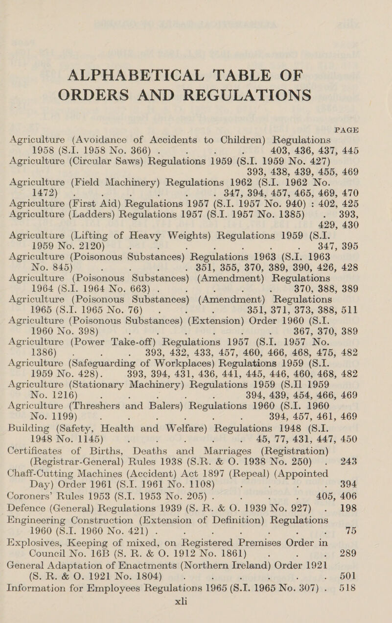 ALPHABETICAL TABLE OF ORDERS AND REGULATIONS PAGE Agriculture (Avoidance of Accidents to Children) Regulations 1958 (S.I. 1958 No. 366) . ; 403, 436, 437, 445 Agriculture (Circular Saws) Regulations 1959 (S.I. 1959 No. 4277) 393, 438, 439, 455, 469 Agriculture (Field Machinery) Regulations 1962 (S.1. 1962 No. 1472) ws . 347, 394, 457, 465, 469, 470 Agriculture (First Aid) Regulations 1957 (S.I. 1957 No. 940) : 402, 425 Agriculture (Ladders) Regulations 1957 (S.I. 1957 No. 13885) . 393, 429, 430 Agriculture (Lifting of Heavy Weights) Regulations 1959 (S.I. 1959 No. 2120) ; . 9347, 395 Agriculture (Poisonous Substances) Regulations 1963 (8.1. 1963 No. 845) : . 351, 355, 370, 389, 390, 426, 428 Agriculture (Poisonous Substances) (Amendment) Regulations 1964 (S.I. 1964 No. 663) . é 370, 388, 389 Agriculture (Poisonous Substances) (Amendment) Regulations 1965 (8.1. 1965 No. 76). ‘ 351, 371, 373, 388, 511 Agriculture (Poisonous Substances) (Extension) Order 1960 (S.I. 1960 No. 398) . 367, 370, 389 Agriculture (Power Take- off) Regulations 1957 (S.I. 1957 No. 1386)... : . 393, 432, 433, 457, 460, 466, 468, 475, 482 Agriculture (Safeguarding of Workplaces) Regulations 1959 (8.1. 1959 No. 428). 393, 394, 431, 436, 441, 445, 446, 460, 468, 482 Agriculture (Stationary Machinery) Regulations 1959 (S.I1 1959 No. 1216) : ; 394, 439, 454, 466, 469 Agriculture (Threshers and Balers) “Regulations 1960 (S.I. 1960 No. 1199) : ‘ 394, 457, 461, 469 Building (Safety, Health sad Welfare) Regulations 1948 (8.1. 1948 No. 1145) ; . 45, 77, 431, 447, 450 Certificates of Births, Deaths and Warcopes (Registration) (Registrar-General) Rules 1938 (S.R. &amp; O. 1938 No. 250) . 243 Chaff-Cutting Machines (Accident) Act 1897 See pa (Appointed Day) Order 1961 (S.I. 1961 No. 1108) } ; . 394 Coroners’ Rules 1953 (S.I. 1953 No. 205) . ‘ : . 405, 406 Defence (General) Regulations 1939 (S. R. &amp; O. 1939 No. 927) . 198 Engineering Construction (Extension of Definition) BAEAEOTS 1960 (S.I. 1960 No. 421) . : 75 Explosives, Keeping of mixed, on Ress aed Penrice Grier in Council No. 16B (8. R. &amp; 0. 1912 No. 1861) : 289 General Adaptation of Enactments (Northern sid pages Orden 1921 (S. R. &amp; O. 1921 No. 1804) . : op OO Information for Employees Regulations 1965 (S. 2 1965 No. 307) . 518 xh