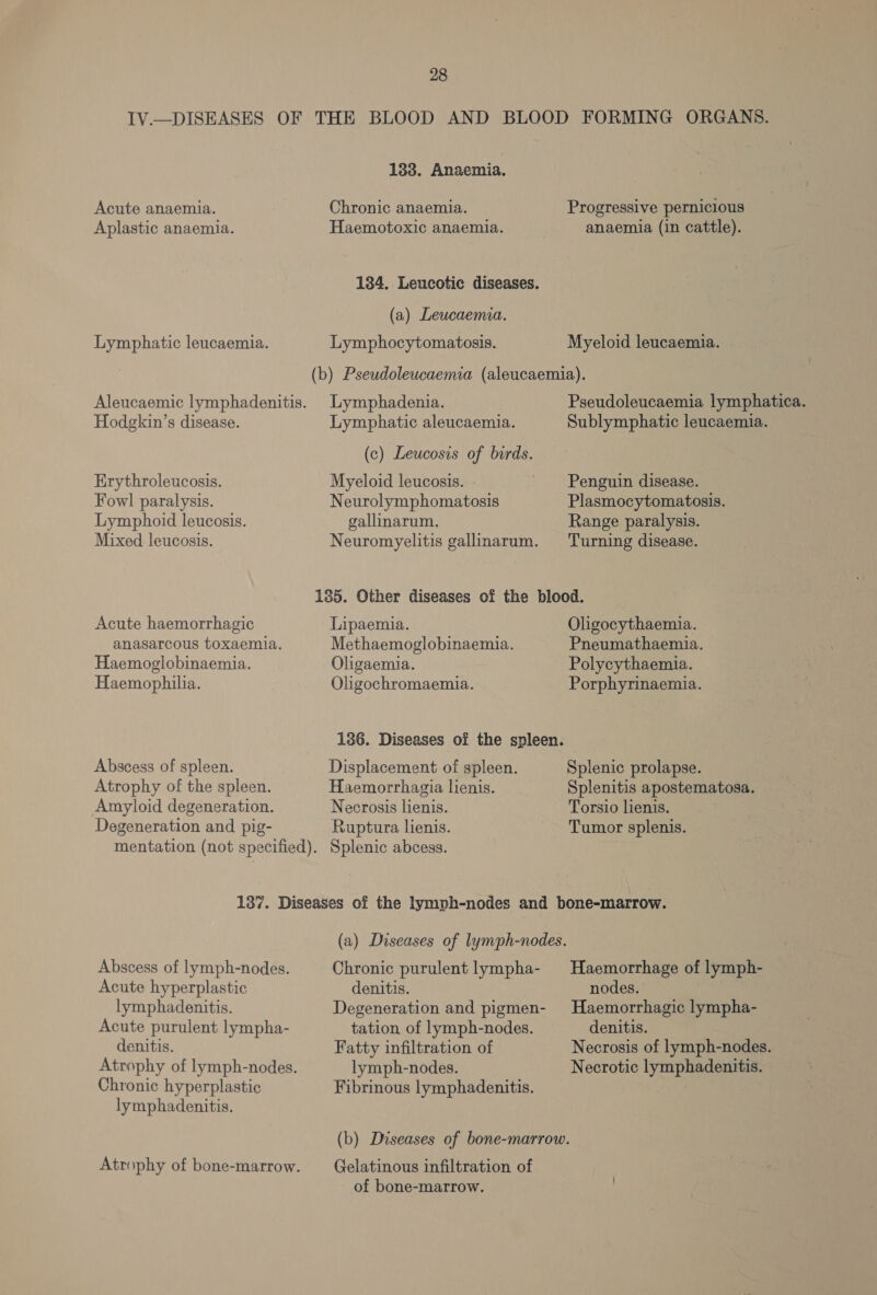 Acute anaemia. Aplastic anaemia. Lymphatic leucaemia. Aleucaemic lymphadenitis. Hodgkin’s disease. Erythroleucosis. Fow! paralysis. Lymphoid leucosis. Mixed. leucosis. Acute haemorrhagic anasarcous toxaemia. Haemoglobinaemia. Haemophilia. Abscess of spleen. Atrophy of the spleen. Amyloid degeneration. Degeneration and pig- 1383. Anaemia. Chronic anaemia. Haemotoxic anaemia. 184. Leucotic diseases. (a) Leucaemia. Lymphocytomatosis. Lymphadenia. Lymphatic aleucaemia. (c) Leucosis of birds. Myeloid leucosis. Neurolymphomatosis gallinarum. Neuromyelitis gallinarum. Progressive pernicious anaemia (in cattle). Myeloid leucaemia. Pseudoleucaemia lymphatica. Sublymphatic leucaemia. Penguin disease. Plasmocytomatosis. Range paralysis. Turning disease. Lipaemia. Methaemoglobinaemia. Oligaemia. Oligochromaemia. 136. Diseases of the spleen. Displacement of spleen. Haemorrhagia lienis. Necrosis lienis. Ruptura lienis. Oligocythaemia. Pneumathaemia. Polycythaemia. Porphyrinaemia. Torsio lienis. Tumor splenis. Abscess of lymph-nodes. Acute hyperplastic lymphadenitis. Acute purulent lympha- denitis. Atrophy of lymph-nodes. Chronic hyperplastic lymphadenitis. Atrophy of bone-marrow. (a) Diseases of lymph-nodes. Chronic purulent lympha- denitis. Degeneration and pigmen- tation of lymph-nodes. Fatty infiltration of lymph-nodes. Fibrinous lymphadenitis. Gelatinous infiltration of of bone-marrow. Haemorrhage of lymph- nodes. Haemorrhagic lympha- denitis. Necrosis of lymph-nodes. Necrotic lymphadenitis.