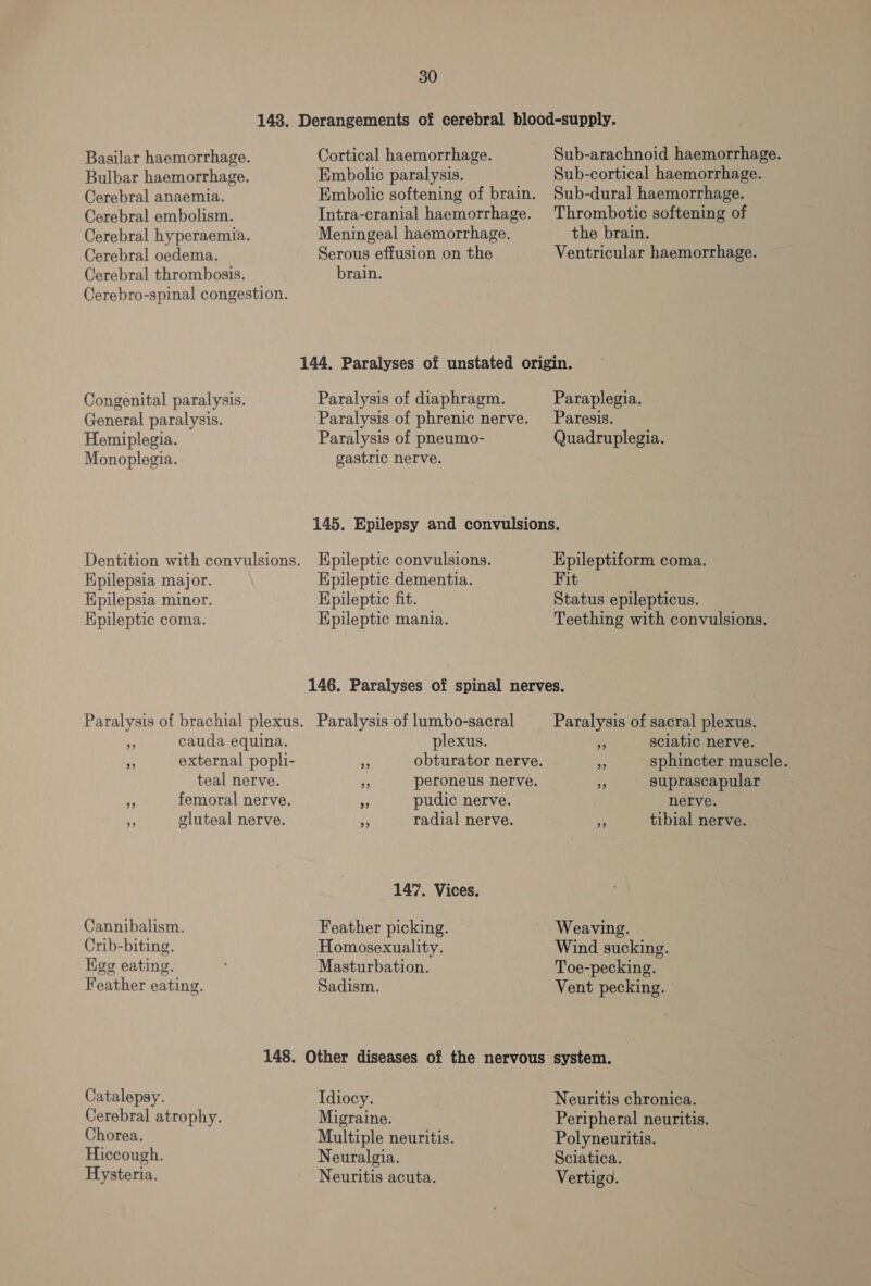 148. Derangements of cerebral blood-supply. Basilar haemorrhage. Cortical haemorrhage. Sub-arachnoid haemorrhage. Bulbar haemorrhage. Embolic paralysis. Sub-cortical haemorrhage. Cerebral anaemia. Embolic softening of brain. Sub-dural haemorrhage. Cerebral embolism. Intra-cranial haemorrhage. Thrombotic softening of Cerebral hyperaemia. Meningeal haemorrhage. the brain. Cerebral oedema. Serous effusion on the Ventricular haemorrhage. Cerebral thrombosis. brain. Cerebro-spinal congestion. 144, Paralyses of unstated origin. Congenital paralysis. Paralysis of diaphragm. Paraplegia. General paralysis. Paralysis of phrenic nerve. Paresis. Hemiplegia. Paralysis of pneumo- Quadruplegia. Monoplegia. gastric nerve. 145. Epilepsy and convulsions. Dentition with convulsions. Epileptic convulsions. Epileptiform coma. Epilepsia major. Epileptic dementia. Fit Hpilepsia minor. Epileptic fit. Status epilepticus. Epileptic coma. Epileptic mania. Teething with convulsions. 146. Paralyses of spinal nerves. Paralysis of brachial plexus. Paralysis of lumbo-sacral Paralysis of sacral plexus. ~ cauda equina. plexus. i sciatic nerve. y external popli- 3 obturator nerve. A? sphincter muscle. teal nerve. : peroneus nerve. ; suprascapular ss femoral nerve. vt pudic nerve. nerve. At gluteal nerve. 4 radial nerve. i tibial nerve. 147. Vices. Cannibalism. Feather picking. Weaving. | Crib-biting. Homosexuality. Wind sucking. ligg eating. Masturbation. Toe-pecking. Feather eating. Sadism. Vent pecking. 148. Other diseases of the nervous system. Catalepsy. Idiocy. Neuritis chronica. Cerebral atrophy. Migraine. Peripheral neuritis. Chorea. Multiple neuritis. Polyneuritis. Hiccough. Neuralgia. Sciatica. Hysteria. Neuritis acuta. Vertigo.