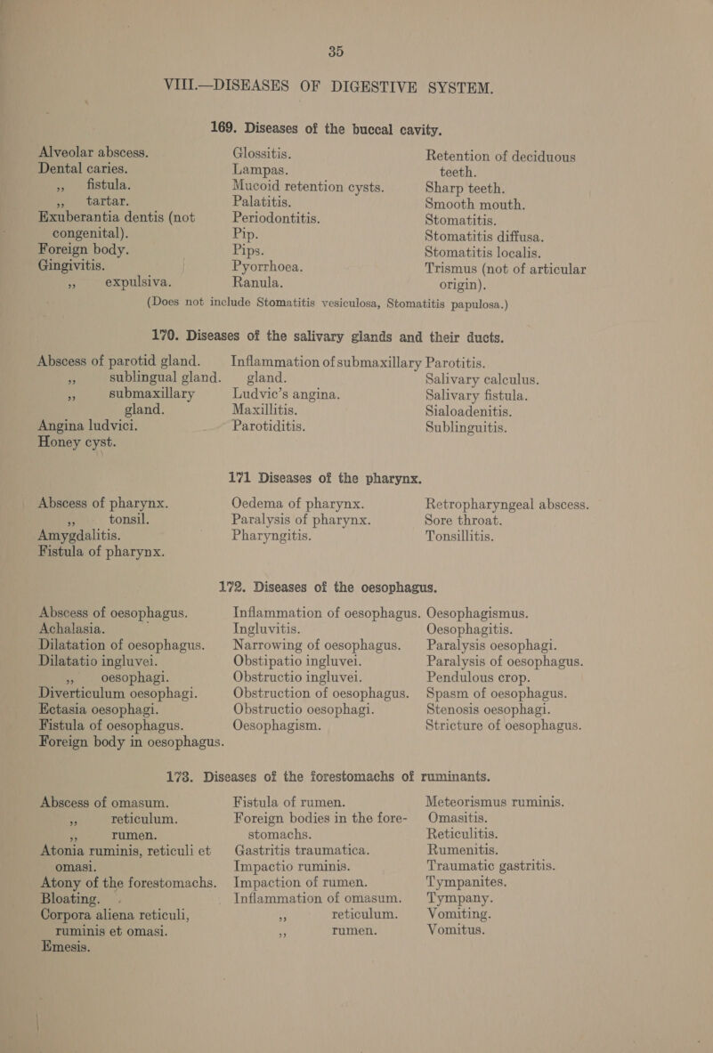 39 VIII.—DISEASES OF DIGESTIVE SYSTEM. 169. Diseases of the buccal cavity. Alveolar abscess. Dental caries. » fistula. oe LBTLar. Exuberantia dentis (not congenital). Foreign body. Gingivitis. | nf expulsiva. Glossitis. Lampas. Mucoid retention cysts. Palatitis. Periodontitis. Pip. Pips. Pyorrhoea. Ranula. Retention of deciduous teeth. Sharp teeth. Smooth mouth. Stomatitis. Stomatitis diffusa. Stomatitis localis. Trismus (not of articular origin). Abscess of parotid gland. y submaxillary gland. Angina ludvici. Honey cyst. Abscess of pharynx. re tonsil, Amygdalitis. Fistula of pharynx. _ Abscess of oesophagus. Achalasia. Dilatation of oesophagus. Dilatatio ingluvei. ~ oesophagi. Diverticulum oesophagi. Ectasia oesophagi. Fistula of oesophagus. gland. Ludvic’s angina. Maxillitis. Parotiditis. Oedema of pharynx. Paralysis of pharynx. Pharyngitis. Salivary calculus. Salivary fistula. Sialoadenitis. Sublinguitis. Retropharyngeal abscess. Sore throat. Tonsillitis. Ingluvitis. Narrowing of oesophagus. Obstipatio ingluvei. Obstructio ingluvel. Obstruction of oesophagus. Obstructio oesophagi. Oesophagism. Oesophagitis. Paralysis oesophagi. Paralysis of oesophagus. Pendulous crop. Spasm of oesophagus. Stenosis oesophagi. Stricture of oesophagus. Abscess of omasum. J: reticulum. A rumen. Atonia ruminis, reticuli et omasi. Bloating. Corpora aliena reticuli, ruminis et omasi. Emesis. Fistula of rumen. Foreign bodies in the fore- stomachs. Gastritis traumatica. Impactio ruminis. Impaction of rumen. Inflammation of omasum. “6 reticulum. is rumen. Meteorismus ruminis. Omasitis. Reticulitis. Rumenitis. Traumatic gastritis. Tympanites. Tympany. Vomiting. Vomitus.