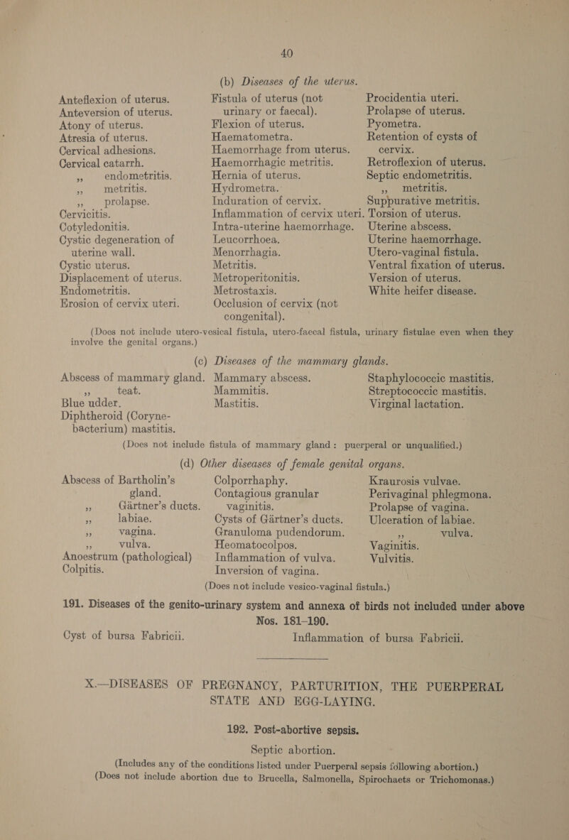 Anteflexion of uterus. Anteversion of uterus. Atony of uterus. Atresia of uterus. Cervical adhesions. Cervical catarrh. a endometritis. bs metritis. 4 prolapse. Cervicitis. Cotyledonitis. Cystic degeneration, of uterine wall. Cystic uterus. Displacement of uterus. Endometritis. Erosion of cervix uteri. 40 (b) Diseases of the uterus. Fistula of uterus (not urinary or faecal). Flexion of uterus. Haematometra. Haemorrhage from uterus. Haemorrhagic metritis. Hernia of uterus. Hydrometra.: Induration of cervix. Inflammation of cervix uteri. Intra-uterine haemorrhage. Leucorrhoea. Menorrhagia. Metritis. Metroperitonitis. Metrostaxis. Occlusion of cervix (not congenital). Procidentia uteri. Prolapse of uterus. Pyometra. Retention of cysts of Cervix. Retroflexion of uterus. Septic endometritis. 5, metritis. Suppurative metritis. Torsion of uterus. Uterine abscess. Uterine haemorrhage. Utero-vaginal fistula. Ventral fixation of uterus. Version of uterus. White heifer disease. involve the genital organs.) ee teat. Blue udder. Diphtheroid (Coryne- bacterium) mastitis. Mamumitis. Mastitis. Staphylococcic mastitis. Streptococcic mastitis. Virginal lactation. Abscess of Bartholin’s gland. 3 Gartner’s ducts. s labiae. ut vagina. i vulva. Anoestrum (pathological) Colpitis. Colporrhaphy. Contagious granular vaginitis. Cysts of Gartner’s ducts. Granuloma pudendorum. Heomatocolpos. Inflammation of vulva. Inversion of vagina. Kraurosis vulvae. Perivaginal phlegmona. Prolapse of vagina. Ulceration of labiae. He vulva. Vaginitis. Vulvitis. Cyst of bursa Fabricii. Nos. 181-190. Inflammation, of bursa Fabricii. 192. Post-abortive sepsis. Septic abortion.