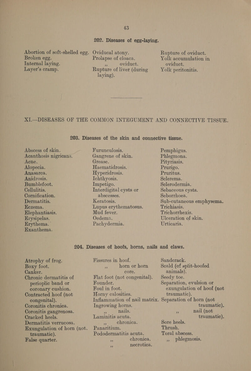 Broken egg. Internal laying. Layer’s cramp. Prolapse of cloaca. « oviduct. laying). Rupture of oviduct. Yolk accumulation in oviduct. Yolk peritonitis. Abscess of skin. Acanthosis nigricans. Acne. Alopecia. Anasarca. Anidrosis. Bumblefoot. Cellulitis. Cornification. Dermatitis. Eczema. Elephantiasis. Hrysipelas. Erythema. Exanthema. Furunculosis. Gangrene of skin. Grease. Haematidrosis. Hyperidrosis. Ichthyosis. Impetigo. Interdigital cysts or abscesses. Keratosis. Mud fever. Oedema. Pachydermia. Pemphigus. Phlegmona. Pityriasis. Prurigo. Pruritus. Sclerema. Sclerodermia. Sebaceous cysts. Seborrhoea. Sub-cutaneous emphysema. Trichiasis. Trichorrhexis. Ulceration of skin. Urticaria. Atrophy of frog. Boxy foot. Canker. Chronic dermatitis of perioplic band or coronary cushion. Contracted hoof (not congenital). Coronitis chronica. Coronitis gangrenosa. Cracked heels. Dermatitis verrucosa. Exungulation of horn (not. traumatic). False quarter. Fissures in hoof. core. Founder. Foul in foot. Horny calosities. Ingrowing horns. i nails. my chronica. Panaritium. Sandcrack. Scald (of split-hoofed animals). Seedy toe. Separation, evulsion or exungulation of hoof (not traumatic). Separation of horn (not traumatic). ” nail (not traumatic). Sore heels. Thrush. Toral abscess. », phlegmosis.