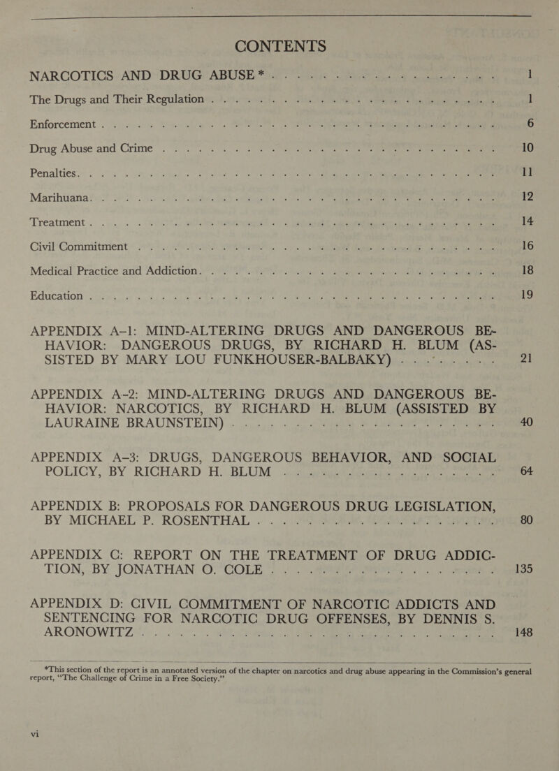  CONTENTS NARCOTICS“ AND>DRUGCABUSER a ei ops ee ae The Drugs and Their Regulation: Jo%.7 a7. (2 Dee eee) ie eee Enforcement . “io; 6000-% Wseigh ee Wg PR ee ean te Drug Abuse:and, Crime). 0r at eey o eete Penalties.. 6 2° 5 oe ao Wgh ) ae ER e ta Marihtiatiaties? 2 oie be A ah MR gas, ORO Sane Treatment. .... . . 8470 Aw ietemerneagh S| io alee ae a ee te Civil‘Commniitmient ~ 4 sch Gi RO ee eae eee Medical Practice and Addiction 092920 Pit cities seen) al er Education oss). es >, se, awe Sp eae UR oom tr teat APPENDIX A-1: MIND-ALTERING DRUGS AND DANGEROUS BE- HAVIOR: DANGEROUS DRUGS, BY RICHARD H. BLUM (AS- SISTED BY MARY LOU FUNKHOUSER-BALBAKY) ...°.... . APPENDIX A-2: MIND-ALTERING DRUGS AND DANGEROUS BE- HAVIOR: NARCOTICS, BY RICHARD H. BLUM (ASSISTED BY LAURAINE BRAUNSTEIEN) :.-0 5. = (2.2) SSeS: Be CRs ee ee APPENDIX A-3: DRUGS, DANGEROUS BEHAVIOR, AND SOCIAL POLICY, BY RICHARD .H.c: BLUM “spe ere ee APPENDIX B: PROPOSALS FOR DANGEROUS DRUG LEGISLATION, BY MICHAEL P. ROSENTHAL .- .. . )>=2 30, Sie ee APPENDIX C: REPORT ON THE TREATMENT OF DRUG ADDIC- TION; BY JONATHAN ©: COLE. = 7 (eee ees 2 ene APPENDIX D: CIVIL COMMITMENT OF NARCOTIC ADDICTS AND SENTENCING FOR NARCOTIC DRUG OFFENSES, BY DENNIS S. ARONOWITZ 0-5 0 RAL etl 08 ee ek oer en ee ee   21 64 80 135 report, ““The Challenge of Crime in a Free Society.”