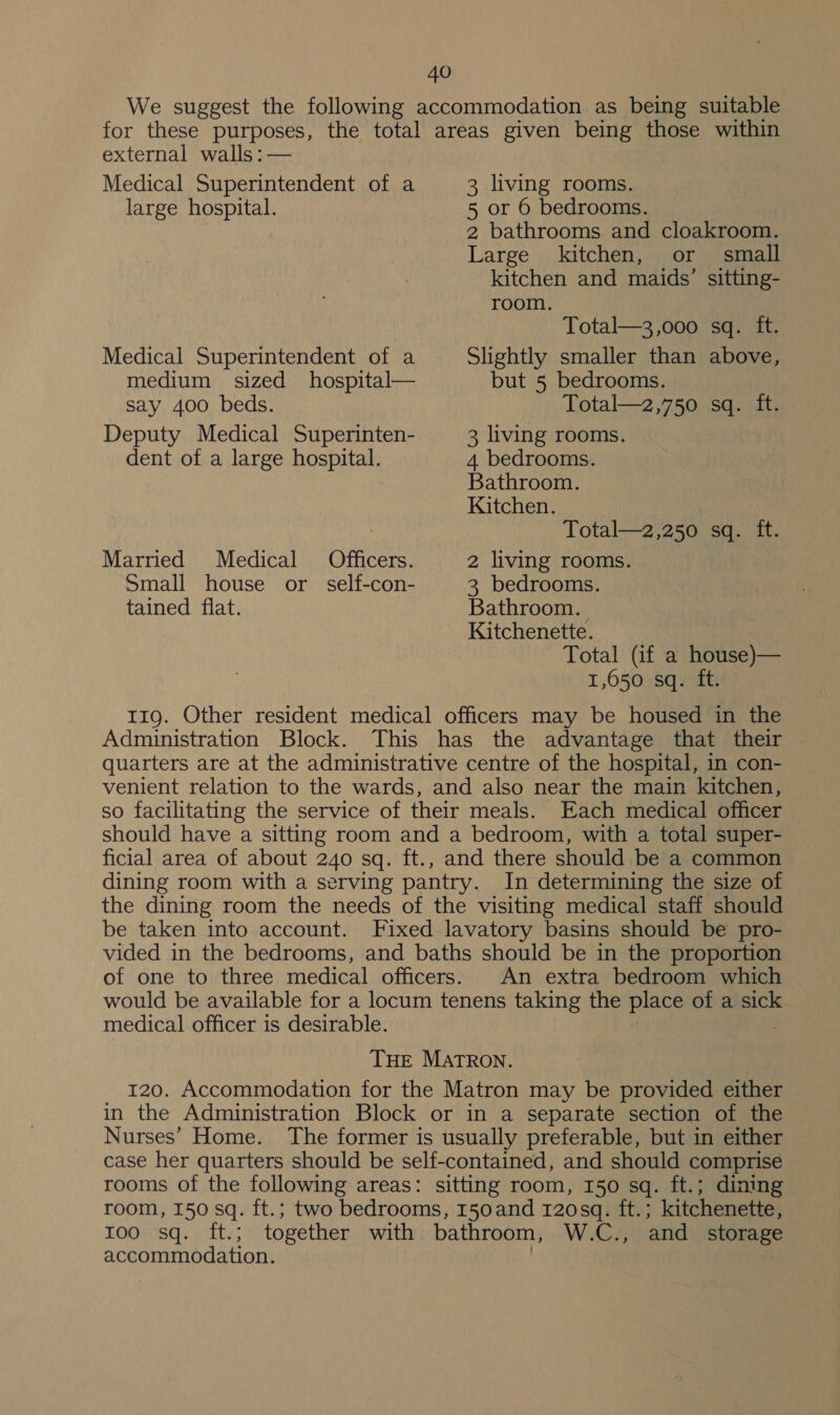 We suggest the following accommodation as being suitable for these purposes, the total areas given being those within external walls :— Medical Superintendent of a 3 living rooms. large hospital. 5 or 6 bedrooms. : 2 bathrooms and cloakroom. Large kitchen, or _ small kitchen and maids’ sitting- room. Total—3,o000 sq. it. Medical Superintendent of a Slightly smaller than above, medium sized hospital— but 5 bedrooms. say 400 beds. Total—2,750 sq. ft. Deputy Medical Superinten- 3 living rooms. dent of a large hospital. 4 bedrooms. Bathroom. Kitchen. . Total—z,250 sq. ft. Married Medical Offficers. 2 living rooms. Small house or self-con- 3 bedrooms. tained flat. Bathroom. Kitchenette. Total (if a house)— 1,650 sq. ft. 11g. Other resident medical officers may be housed in the Administration Block. This has the advantage that their quarters are at the administrative centre of the hospital, in con- venient relation to the wards, and also near the main kitchen, ~ so facilitating the service of their meals. Each medical officer should have a sitting room and a bedroom, with a total super- ficial area of about 240 sq. ft., and there should be a common dining room with a serving pantry. In determining the size of the dining room the needs of the visiting medical staff should be taken into account. Fixed lavatory basins should be pro- vided in the bedrooms, and baths should be in the proportion of one to three medical officers. An extra bedroom which would be available for a locum tenens taking the place of a sick medical officer is desirable. THE MATRON. 120. Accommodation for the Matron may be provided either in the Administration Block or in a separate section of the Nurses’ Home. The former is usually preferable, but in either case her quarters should be self-contained, and should comprise rooms of the following areas: sitting room, 150 Sq. ft.; dining room, 150 sq. ft.; two bedrooms, r50and 120sq. ft. ; kitchenette, 100;\sq..« ft.; together with bathroom, Wiss and storage accommodation.