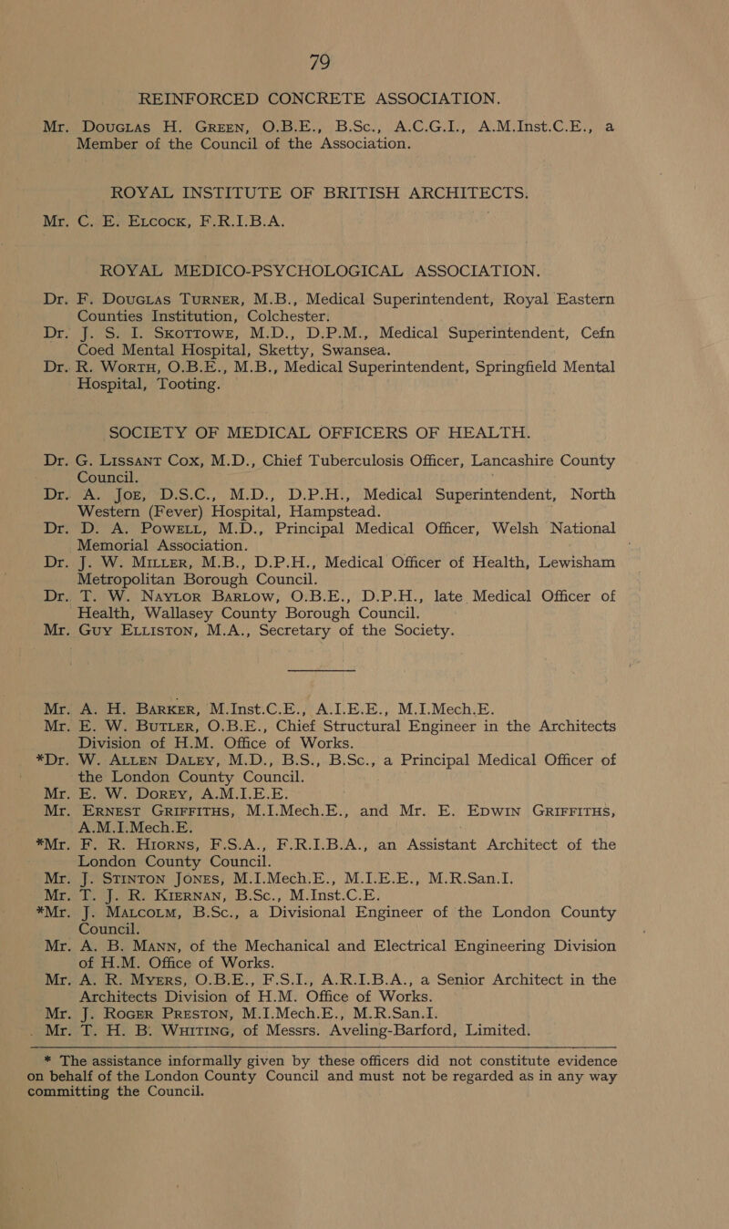 Mr Foe ROYAL INSTITUTE OF BRITISH ARCHITECTS. ROYAL MEDICO-PSYCHOLOGICAL ASSOCIATION. Counties Institution, Colchester: Coed Mental Hospital, Sketty, Swansea. Hospital, Tooting. SOCIETY OF MEDICAL OFFICERS OF HEALTH. Council. Western (Fever) Hospital, Hampstead. J. W. Mitter, M.B., D.P.H., Medical Officer of Health, Lewisham Metropolitan Borough Council. Division of H.M. Office of Works. London County Council. Council. of H.M. Office of Works. Architects Division of H.M. Office of Works. J. Rocrer Preston, M.I.Mech.E., M.R.San.I. T. H. B. Wuittne, of Messrs. Aveling-Barford, Limited.  