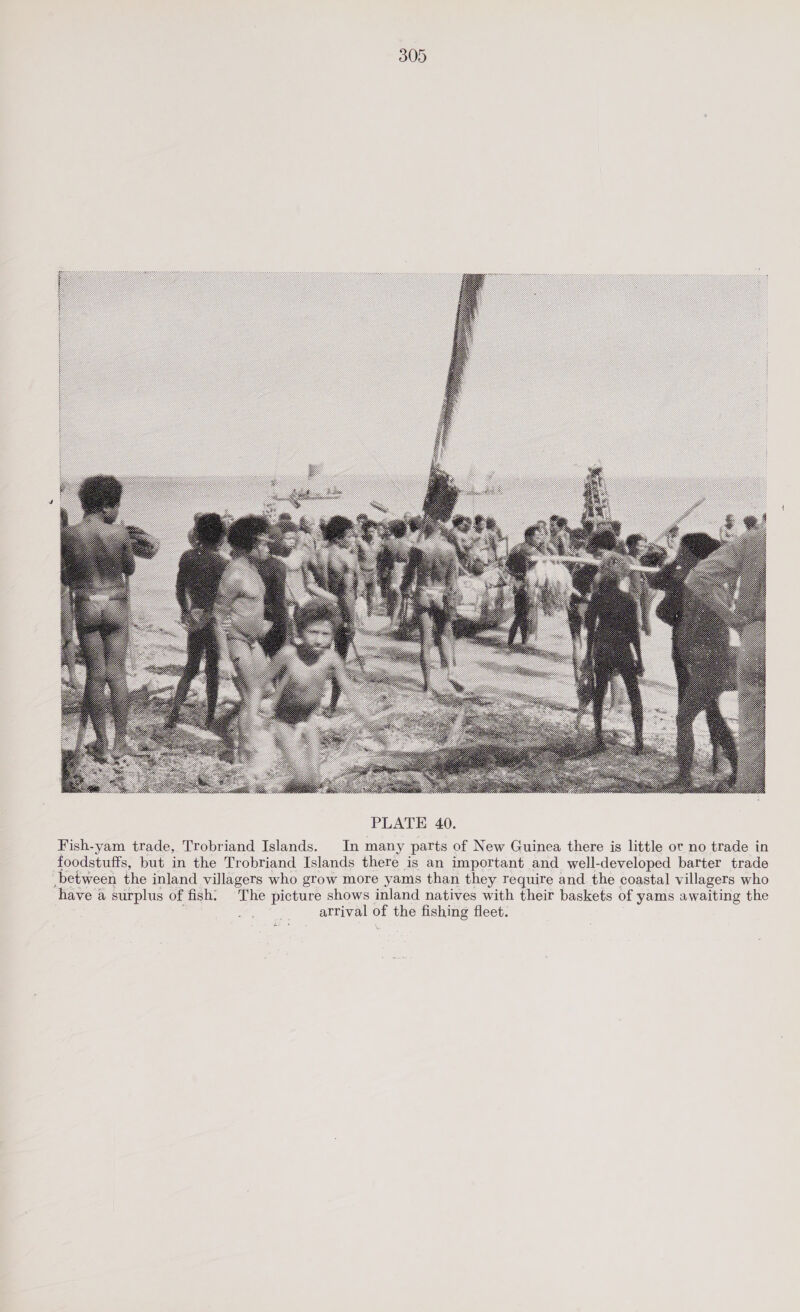  Fish-yam trade, Trobriand Islands. In many parts of New Guinea there is little or no trade in foodstuffs, but in the Trobriand Islands there is an important and well-developed barter trade between the inland villagers who grow more yams than they require and the coastal villagers who have a surplus of fish. The picture shows inland natives with their baskets of yams awaiting the arrival oF the fishing fleet.