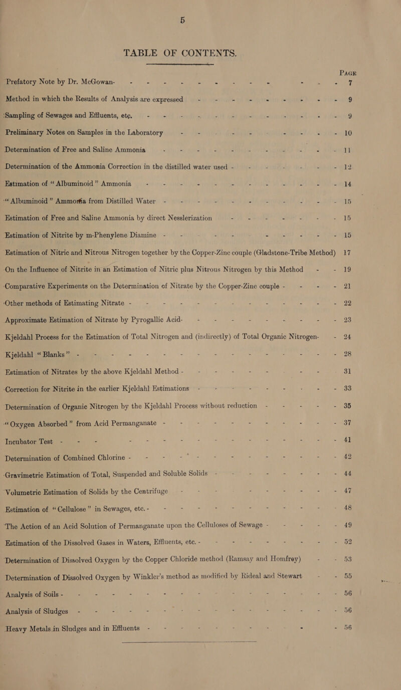 TABLE OF CONTENTS.  Prefatory Note by Dr. McGowan- - Pee : the : 3 i 4 Method in which the Results of Analysis are expressed =~ 3 32- = = = ®e ‘Sampling of Sewages and Effluents, ete. - - ~ - : ait sey BitiSoda- Mone Preliminary Notes on Samples in the Laboratory - - . : ; 4 Determination of Free and Saline Ammonia : - : : r - F p g Determination of the Ammonia Correction in the distilled water used - 2 3 : 3 Estimation of “ Albuminoid ” Ammonia . - - : i “ : fi u : “ Albuminoid ” Ammorfia from Distilled Water - - - : 3 2 s 4 4 Estimation of Free and Saline Ammonia by direct Nesslerization - : tt) Sapa © Estimation of Nitrite by m-Phenylene Diamine - - - : : me On the Influence of Nitrite in an Estimation of Nitric plus Nitrous Nitrogen by this Method ‘Comparative Experiments on the Determination cf Nitrate by the Copper-Zinc couple - - ‘Other methods of Estimating Nitrate - - - - - - 5 roy Ge eee Approximate Estimation of Nitrate by Pyrogallic Acid- - : = ¢ = 2 £ Kjeldahl “Blanks” - - - - : : 4 : r . : z ; ‘ Estimation of Nitrates by the above Kjeldahl Method - 2h As - ‘ : : Correction for Nitrite in the earlier Kjeldahl Estimations - - ~— - : Mat ie Determination of Organic Nitrogen by the Kjeldahl Process without reduction — - : a «Oxygen Absorbed” from Acid Permanganate - : - - : Ce eave 5 Incubator Test - - - - : - Determination of Combined Chlorine - - - a Uae - - : = z : Gravimetric Estimation of Total, Suspended and Soluble Solids - - - - - - Volumetric Estimation of Solids by the Centrifuge - -— - By a7 Mee ye Estimation of “Cellulose ” Bmoowages, 6t6rs 9 3 i Oe ee ine ‘The Action of an Acid Solution of Permanganate upon the Celluloses of Sewage - - . Estimation of the Dissolved Gases in Waters, Effluents, ete. - - - 2 : a . Determination of Dissolved Oxygen by the Copper Chloride method (Ramsay and Homfrey) Determination of Dissolved Oxygen by Winkler’s method as modified by Rideal and Stewart Analysis of Soils - : = : : : 4 Analysis of Sludges” - 2 2 a Heavy Metals in Sludges and in Effluents - - ~~ - : : - . é  PAGE 15 15 17 19 21 22 24 28 31 33 35 37 4]