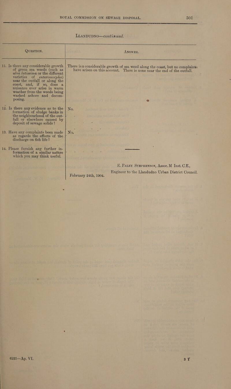 LLANDUDNO—continued. QUESTION. ANSWER. 11. Is there any considerable growth of green sea weeds (such as ulva latissima or the different varieties of enteromorpha) near the outfall or along the coast, and, if so, does a nuisance ever arise in warm weather from the weeds being washed ashore and decom- posing. 12. Is there any evidence as to the formation of sludge banks in the neighbourhood of the out- deposit of sewage solids ? 13. Have any complaints been made discharge on fish life ? 14, Please furnish any further in- which you may think useful. 6225—Ap. VI. There isa considerable growth of sea weed along the coast, but no complaints have arisen on this account. There is none near the end of the outfall. E. PaLey StgpHEnson, Assoc. M Inst. C.E., Engineer to the Llandudno Urban District Council. February 24th, 1904. 3Y