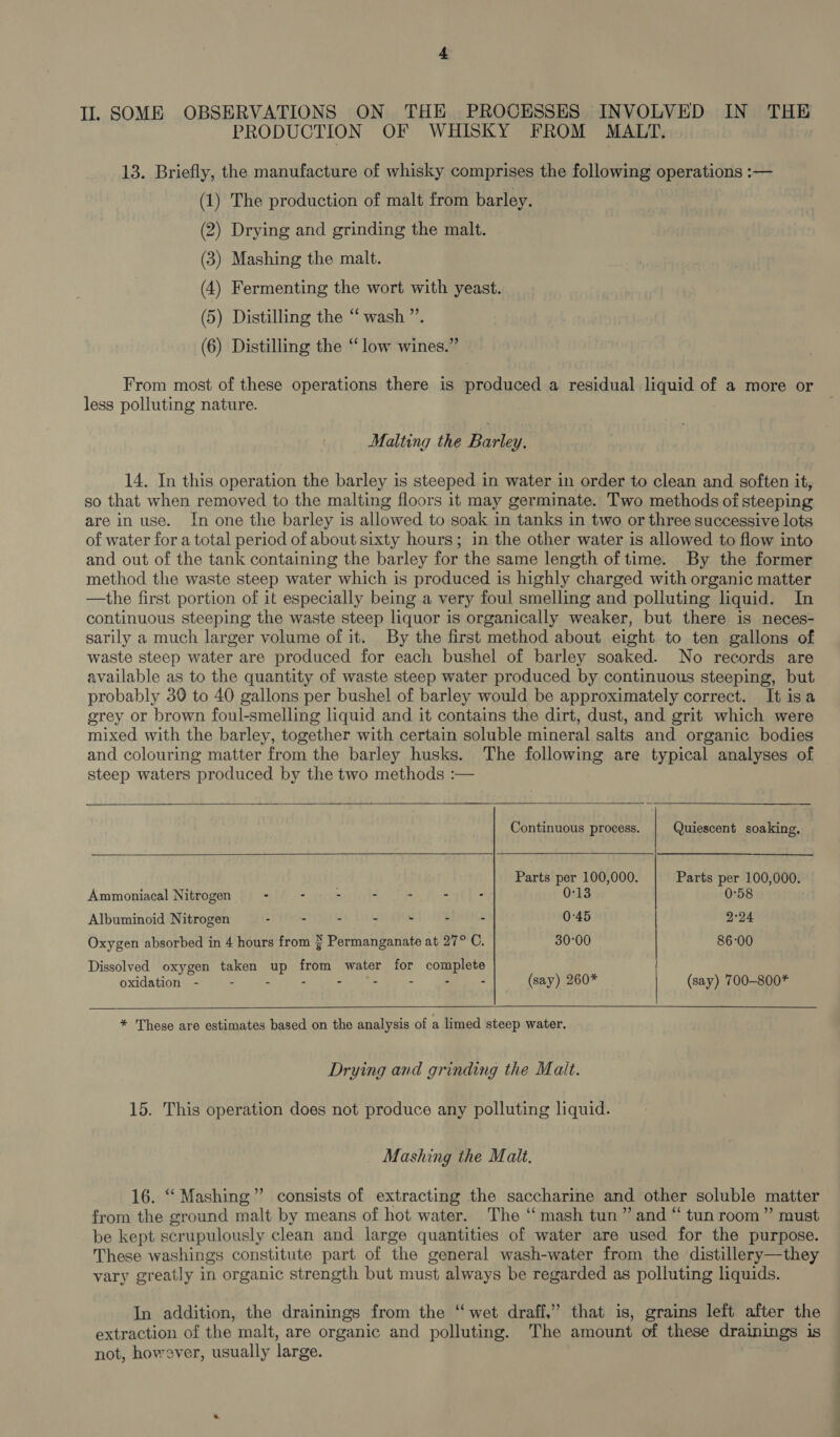 PRODUCTION OF WHISKY FROM MALT, 13. Briefly, the manufacture of whisky comprises the following operations :— (1) The production of malt from barley. (2) Drying and grinding the malt. (3) Mashing the malt. (4) Fermenting the wort with yeast. (5) Distilling the “wash ”’. (6) Distilling the ‘low wines.” From most of these operations there is produced a residual liquid of a more or less polluting nature. Malting the Barley. 14. In this operation the barley is steeped in water in order to clean and soften it, so that when removed to the malting floors it may germinate. Two methods of steeping are in use. In one the barley is allowed to soak in tanks in two or three successive lots of water for a total period of about sixty hours; in the other water is allowed to flow into and out of the tank containing the barley for the same length of time. By the former method the waste steep water which is produced is highly charged with organic matter —the first portion of it especially being a very foul smelling and polluting liquid. In continuous steeping the waste steep liquor is organically weaker, but there is neces- sarily a much larger volume of it. By the first method about eight to ten gallons of waste steep water are produced for each bushel of barley soaked. No records are available as to the quantity of waste steep water produced by continuous steeping, but probably 39 to 40 gallons per bushel of barley would be approximately correct. It isa erey or brown foul-smelling liquid and it contains the dirt, dust, and grit which were mixed with the barley, together with certain soluble mineral salts and organic bodies and colouring matter from the barley husks. The following are typical analyses of steep waters produced by the two methods :—   Continuous process. Quiescent soaking,   Parts per 100,000. Parts per 100,000. 0:58 Ammoniacal Nitrogen - - ae - mi A. eth 0:13 Albuminoid Nitrogen - - - - - - - 0:45 9-24 Oxygen absorbed in 4 hours from # Permanganate at 27° C. 30°00 86-00 Dissolved oxygen taken up from water for complete oxidation - - . - - *- - - - (say) 260* (say) 700-800*     * These are estimates based on the analysis of a limed steep water. Drying and grinding the Malt. 15. This operation does not produce any polluting liquid. Mashing the Malt. 16. “‘ Mashing” consists of extracting the saccharine and other soluble matter from the ground malt by means of hot water. The ‘‘ mash tun” and “ tun room” must be kept scrupulously clean and large quantities of water are used for the purpose. These washings constitute part of the general wash-water from the distillery—they vary greatly in organic strength but must always be regarded as polluting liquids. In addition, the drainings from the “wet draff,” that is, grains left after the extraction of the malt, are organic and polluting. The amount of these drainings is not, however, usually large. |