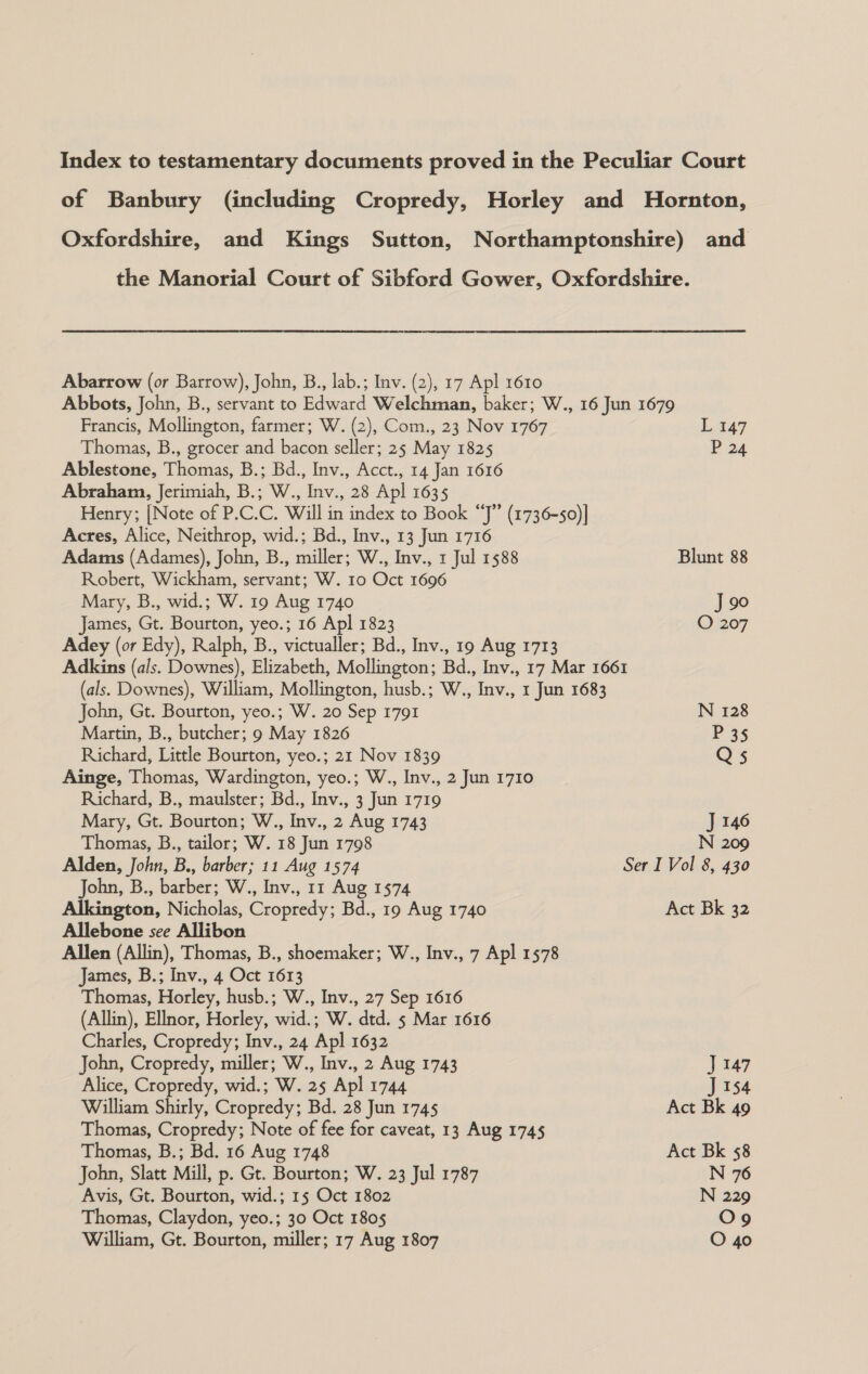 of Banbury (including Cropredy, Horley and Hornton, Oxfordshire, and Kings Sutton, Northamptonshire) and the Manorial Court of Sibford Gower, Oxfordshire. Abarrow (or Barrow), John, B., lab.; Inv. (2), 17 Apl 1610 Abbots, John, B., servant to Edward Welchman, baker; W., 16 Jun 1679 Francis, Mollington, farmer; W. (2), Com., 23 Nov 1767 L 147 Thomas, B., grocer and bacon seller; 25 May 1825 P 24 Ablestone, Thomas, B.; Bd., Inv., Acct., 14 Jan 1616 Abraham, Jerimiah, B.; W., Inv., 28 Apl 1635 Henry; [Note of P.C.C. Will in index to Book “J” (1736-50)] Acres, Alice, Neithrop, wid.; Bd., Inv., 13 Jun 1716 Adams (Adames), John, B., miller; W., Inv., 1 Jul 1588 Blunt 88 Robert, Wickham, servant; W. 10 Oct 1696 Mary, B., wid.; W. 19 Aug 1740 J90 James, Gt. Bourton, yeo.; 16 Apl 1823 O 207 Adey (or Edy), Ralph, B., victualler; Bd., Inv., 19 Aug 1713 Adkins (als. Downes), Elizabeth, Mollington; Bd., Inv., 17 Mar 1661 (als. Downes), William, Mollington, husb.; W., Inv., 1 Jun 1683 John, Gt. Bourton, yeo.; W. 20 Sep 1791 N 128 Martin, B., butcher; 9 May 1826 P 35 Richard, Little Bourton, yeo.; 21 Nov 1839 Qs Ainge, Thomas, Wardington, yeo.; W., Inv., 2 Jun 1710 Richard, B., maulster; Bd., Inv., 3 Jun 1719 Mary, Gt. Bourton; W., Inv., 2 Aug 1743 J 146 Thomas, B., tailor; W. 18 Jun 1798 N 209 Alden, John, B., barber; 11 Aug 1574 Ser I Vol 8, 430 John, B., barber; W., Inv., 11 Aug 1574 Alkington, Nicholas, Cropredy; Bd., 19 Aug 1740 Act Bk 32 Allebone see Allibon Allen (Allin), Thomas, B., shoemaker; W., Inv., 7 Apl 1578 James, B.; Inv., 4 Oct 1613 Thomas, Horley, husb.; W., Inv., 27 Sep 1616 (Allin), Ellnor, Horley, wid.; W. dtd. 5 Mar 1616 Charles, Cropredy; Inv., 24 Apl 1632 John, Cropredy, miller; W., Inv., 2 Aug 1743 J 147 Alice, Cropredy, wid.; W. 25 Apl 1744 J 154 William Shirly, Cropredy; Bd. 28 Jun 1745 Act Bk 49 Thomas, Cropredy; Note of fee for caveat, 13 Aug 1745 Thomas, B.; Bd. 16 Aug 1748 Act Bk 58 John, Slatt Mill, p. Gt. Bourton; W. 23 Jul 1787 N 76 Avis, Gt. Bourton, wid.; 15 Oct 1802 N 229 Thomas, Claydon, yeo.; 30 Oct 1805 Oo William, Gt. Bourton, miller; 17 Aug 1807 O 40