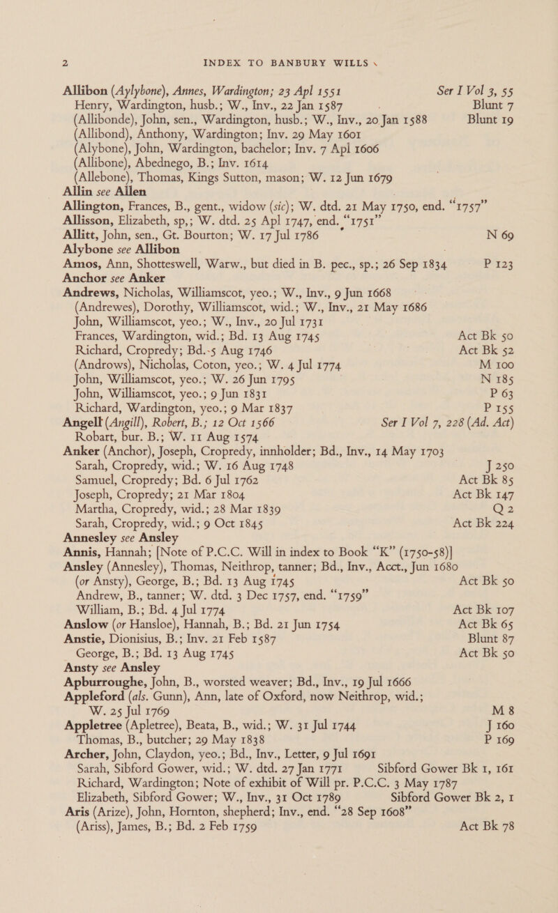 Allibon (Aylybone), Annes, Wardington; 23 Apl 1551 Ser I Vol 3, 55 Henry, Wardington, husb.; W., Inv., 22 Jan 1587 Blunt 7 (Allibonde), John, sen., Wardington, husb.; W., Inv., 20 Jan 1588 Blunt 19 (Allibond), Anthony, Wardington; Inv. 29 May 1601 (Alybone), John, Wardington, bachelor; Inv. 7 Apl 1606 (Allibone), Abednego, B.; Inv. 1614 (Allebone), Thomas, Kings Sutton, mason; W. 12 Jun pdb Allin see Allen Allington, Frances, B., gent., widow (sic); W. dtd. 21 May 1750, end. “1757” Allisson, Elizabeth, sp,; W. dtd. 25 Apl 1747, end. * 1751 Allitt, John, sen., Gt. Bourton; W. 17 Jul 1786 N 69 Alybone see Allibon Amos, Ann, Shotteswell, Warw., but died in B. pec., sp.; 26 Sep 1834 P2233 Anchor see Anker Andrews, Nicholas, Williamscot, yeo.; W., Inv., 9 Jun 1668 (Andrewes), Dorothy, Williamscot, wid.; W., Inv., 21 May 1686 John, Williamscot, yeo.; W., Inv., 20 Jul 1731 Frances, Wardington, wid.; Bd. 13 Aug 1745 Act Bk 50 Richard, Cropredy; Bd.-5 Aug 1746 Act Bk 52 (Androws), Nicholas, Coton, yeo.; W. 4 Jul 1774 M t00 John, Williamscot, yeo.; W. 26 Jun 1795 N 185 John, Williamscot, yeo.; 9 Jun 1831 P 63 Richard, Wardington, yeo.; 9 Mar 1837 P 155 Angell (Angill), Robert, B.; 12 Oct 1566 Ser I Vol 7, 228 (Ad. Act) Robart, bur. B.; W. 11 ‘Aug 1574 Anker (Anchor), Joseph, Cropredy, innholder; Bd., Inv., 14 May 1703 Sarah, Cropredy, wid.; W. 16 Aug 1748 J 250 Samuel, Cropredy; Bd. 6 Jul 1762 Act Bk 85 Joseph, Cropredy; 21 Mar 1804 Act Bk 147 Martha, Cropredy, wid.; 28 Mar 1839 Q2 Sarah, Cropredy, wid.; 9 Oct 1845 Act Bk 224 Annesley sce Ansley Annis, Hannah; [Note of P.C.C. Will in index to Book “K”’ (1750-58)| Ansley (Annesley), Thomas, Neithrop, tanner; Bd., Inv., Acct., Jun 1680 (or Ansty), George, B.; Bd. 13 Aug 1745 Act Bk 50 Andrew, B., tanner; W. dtd. 3 Dec 1757, end. “1759” William, i. Bd. 4 Jul 1774 Act Bk 107 Anslow (or Hansloe), Hannah, B.; Bd. 21 Jun 1754 Act Bk 65 Anstie, Dionisius, B.; Inv. 21 Feb 1587 Blunt 87 _ George, B.; Bd. 13 Aug 1745 Act Bk 50 Ansty see Ansley Apburroughe, John, B., worsted weaver; Bd., Inv., 19 Jul 1666 Appleford (als. Gunn), Ann, late of Oxford, now Neithrop, wid.; W. 25 Jul 1769 M8 Appletree (Apletree), Beata, B., wid.; W. 31 Jul 1744 J 160 Thomas, B., butcher; 29 May 1838 P 169 Archer, John, Claydon, yeo.; Bd., Inv., Letter, 9 Jul 1691 Sarah, Sibford Gower, wid.; W. dtd. 27 Jan 1771 Sibford Gower Bk 1, 161 Richard, Wardington; Note of exhibit of Will pr. P-C.C. 3 May 1787 Elizabeth, Sibford Gower; W., Inv., 31 Oct 1789 Sibford Gower Bk 2, 1 Aris (Arize), John, Hornton, shepherd; Inv., end. “28 Sep 1608” (Ariss), James, B.; Bd. 2 Feb 1759 Act Bk 78