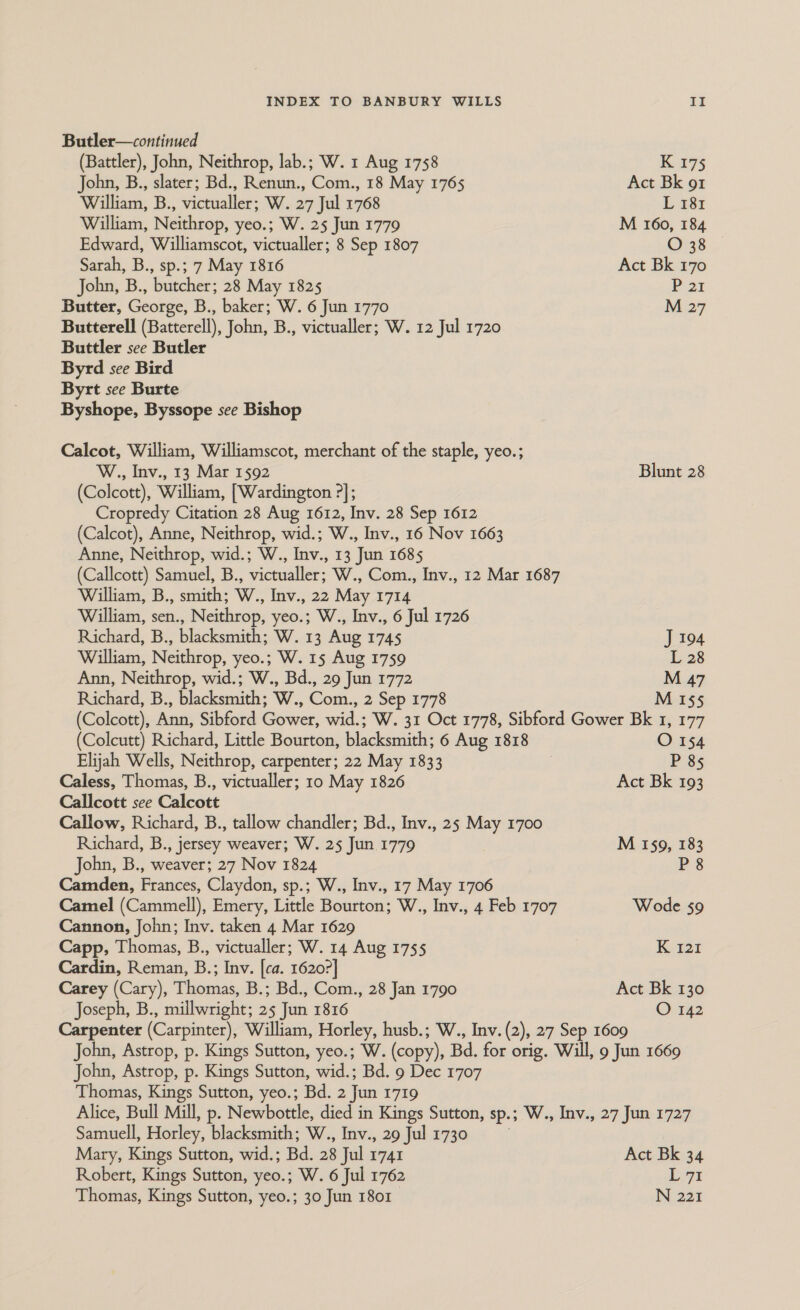 Butler—continued (Battler), John, Neithrop, lab.; W. 1 Aug 1758 Kas John, B., slater; Bd., Renun., Com., 18 May 1765 Act Bk o1 William, B., victualler; W. 27 Jul 1768 L 181 William, Neithrop, yeo.; W. 25 Jun 1779 M 160, 184 Edward, Williamscot, victualler; 8 Sep 1807 O 38 Sarah, B., sp.; 7 May 1816 Act Bk 170 John, B., butcher; 28 May 1825 Pi2r Butter, George, B., baker; W. 6 Jun 1770 M 27 Butterell (Batterell), John, B., victualler; W. 12 Jul 1720 Buttler see Butler Byrd see Bird Byrt see Burte Byshope, Byssope see Bishop Calcot, William, Williamscot, merchant of the staple, yeo.; W., Inv., 13 Mar 1592 Blunt 28 (Colcott), William, [Wardington ?]; Cropredy Citation 28 Aug 1612, Inv. 28 Sep 1612 (Calcot), Anne, Neithrop, wid.; W., Inv., 16 Nov 1663 Anne, Neithrop, wid.; W., Inv., 13 Jun 1685 (Callcott) Samuel, B., victualler; W., Com., Inv., 12 Mar 1687 William, B., smith; W., Inv., 22 May 1714 William, sen., Neithrop, yeo.; W., Inv., 6 Jul 1726 Richard, B., blacksmith; W. 13 Aug 1745 J 194 William, Neithrop, yeo.; W. 15 Aug 1759 L 28 Ann, Neithrop, wid.; W., Bd., 29 Jun 1772 M 47 Richard, B., blacksmith; W., Com., 2 Sep 1778 M 155 (Colcutt) Richard, Little Bourton, blacksmith; 6 Aug 1818 O 154 Elijah Wells, Neithrop, carpenter; 22 May 1833 P 85 Caless, Thomas, B., victualler; 10 May 1826 Act Bk 193 Callcott see Calcott Callow, Richard, B., tallow chandler; Bd., Inv., 25 May 1700 Richard, B., jersey weaver; W. 25 Jun 1779 M 159, 183 John, B., weaver; 27 Nov 1824 P 8 Camden, Frances, Claydon, sp.; W., Inv., 17 May 1706 Camel (Cammell), Emery, Little Bourton; W., Inv., 4 Feb 1707 Wode 59 Cannon, John; Inv. taken 4 Mar 1629 Capp, Thomas, B., victualler; W. 14 Aug 1755 K 121 Cardin, Reman, B.; Inv. [ca. 1620°] Carey (Cary), Thomas, B.; Bd., Com., 28 Jan 1790 Act Bk 130 Joseph, B., millwright; 25 Jun 1816 O 142 Carpenter (Carpinter), William, Horley, husb.; W., Inv. (2), 27 Sep 1609 John, Astrop, p. Kings Sutton, yeo.; W. (copy), Bd. for orig. Will, 9 Jun 1669 John, Astrop, p. Kings Sutton, wid.; Bd. 9 Dec 1707 Thomas, Kings Sutton, yeo.; Bd. 2 Jun 1719 Alice, Bull Mill, p. Newbottle, died in Kings Sutton, sp.; W., Inv., 27 Jun 1727 Samuell, Horley, blacksmith; W., Inv., 29 Jul 1730 | Mary, Kings Sutton, wid.; Bd. 28 Jul 1741 Act Bk 34 Robert, Kings Sutton, yeo.; W. 6 Jul 1762 L 71 Thomas, Kings Sutton, yeo.; 30 Jun 1801 N 221