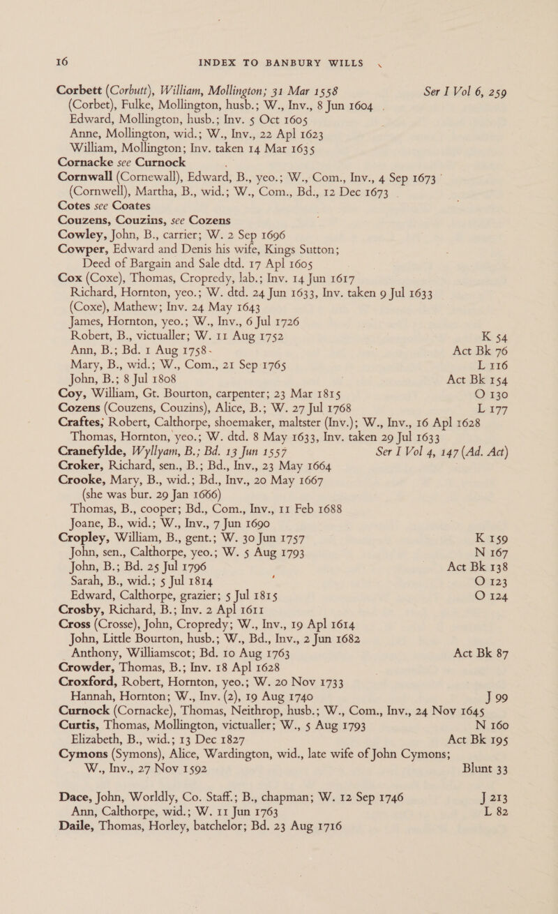 Corbett (Corbutt), William, Mollington; 31 Mar 1558 Ser I Vol 6, 259 (Corbet), Fulke, Mollington, husb.; W., Inv., 8 Jun 1604. Edward, Mollington, husb.; Inv. 5 Oct 1605 Anne, Mollington, wid.; W., Inv., 22 Apl 1623 William, Mollington; Inv. taken 14 Mar 1635 Cornacke see Curnock a Cornwall (Cornewall), Edward, B., yeo.; W., Com., Inv., 4 Sep 1673’ (Cornwell), Martha, B., wid.; W., Com., Bd:, 12 Dec 1673 | Cotes see Coates Couzens, Couzins, see Cozens Cowley, John, B., carrier; W. 2 Sep 1696 Cowper, Edward and Denis his wife, Kings Sutton; Deed of Bargain and Sale dtd. 17 Apl 1605 Cox (Coxe), Thomas, Cropredy, lab.; Inv. 14 Jun 1617 Richard, Hornton, yeo.; W. dtd. 24 Jun 1633, Inv. taken 9 Jul 1633 (Coxe), Mathew; Inv. 24 May 1643 James, Hornton, yeo.; W., Inv., 6 Jul 1726 Robert, B., victualler; W. 11 Aug 1752 K 54 Ann, B.; Bd. 1 Aug 1758 - | Act Bk 76 Mary, B., wid.; W., Com., 21 Sep 1765 L 316 John, B.; 8 Jul 1808 | Act Bk 154 Coy, William, Gt. Bourton, carpenter; 23 Mar 1815 O 130 Cozens (Couzens, Couzins), Alice, B.; W. 27 Jul 1768 L177 Craftes; Robert, Calthorpe, shoemaker, maltster (Inv.); W., Inv., 16 Apl 1628 Thomas, Hornton, yeo.; W. dtd. 8 May 1633, Inv. taken 29 Jul 1633 Cranefylde, Wyllyam, B.; Bd. 13 Jun 1557 Ser I Vol 4, 147 (Ad. Act) Croker, Richard, sen., B.; Bd., Inv., 23 May 1664 Crooke, Mary, B., wid.; Bd., Inv., 20 May 1667 (she was bur. 29 Jan 1666) Thomas, B., cooper; Bd., Com., Inv., 11 Feb 1688 Joane, B., wid.; W., Inv., 7 Jun 1690 Cropley, William, B., gent.; W. 30 Jun 1757 K 159 John, sen., Calthorpe, yeo.; W. 5 Aug 1793 N 167 John, B.; Bd. 25 Jul 1796 Act Bk 138 Sarah, B., wid.; 5 Jul 1814 ; O 123 Edward, Calthorpe, grazier; 5 Jul 1815 O 124 Crosby, Richard, B.; Inv. 2 Apl 1611 Cross (Crosse), John, Cropredy; W., Inv., 19 Apl 1614 John, Little Bourton, husb.; W., Bd., Inv., 2 Jun 1682 Anthony, Williamscot; Bd. 10 Aug 1763 Act Bk 87 Crowder, Thomas, B.; Inv. 18 Apl 1628 Croxford, Robert, Hornton, yeo.; W. 20 Nov 1733 Hannah, Hornton; W., Inv. (2), 19 Aug 1740 J 99 Curnock (Cornacke), Thomas, Neithrop, husb.; W., Com., Inv., 24 Nov 1645 Curtis, Thomas, Mollington, victualler; W., 5 Aug 1793 N 160 Elizabeth, B., wid.; 13 Dec 1827 Act Bk 195 Cymons (Symons), Alice, Wardington, wid., late wife of John Cymons; W., Inv., 27 Nov 1592 Blunt 33 Dace, John, Worldly, Co. Staff.; B., chapman; W. 12 Sep 1746 J 213 Ann, Calthorpe, wid.; W. 11 Jun 1763 L 82 Daile, Thomas, Horley, batchelor; Bd. 23 Aug 1716