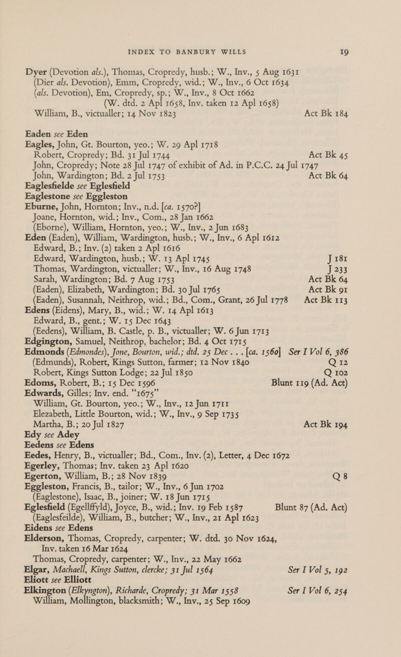 Dyer (Devotion als.), Thomas, Cropredy, husb.; W., Inv., 5 Aug 1631 (Dier als. Devotion), Emm, Cropredy, wid.; W., Inv.,.6 Oct 1634 (als. Devotion), Em, Cropredy, sp.; W., Inv., 8 Oct 1662 (W. dtd. 2 Apl 1658, Inv. taken 12 Apl 1658) William, B., victualler; 14 Nov 1823 Act Bk 184 Eaden see Eden Eagles, John, Gt. Bourton, yeo.; W. 29 Apl 1718 Robert, Cropredy; Bd. 31 Jul 1744 Act Bk 45 John, Cropredy; Note 28 Jul 1747 of exhibit of Ad. in P.C.C. 24 Jul 1747 John, Wardington; Bd. 2 Jul 1753 Act Bk 64 Eaglesfielde see Eglesfield Eaglestone see Eggleston Eburne, John, Hornton; Inv., n.d. [ca. 1570?] Joane, Hornton, wid.; Inv., Com., 28 Jan 1662 (Eborne), William, Hornton, yeo.; W., Inv., 2 Jun 1683 Eden (Eaden), William, Wardington, husb.; W., Inv., 6 Apl 1612 Edward, B.; Inv. (2) taken 2 Apl 1616 Edward, Wardington, husb.; W. 13 Apl 1745 J 181 Thomas, Wardington, victualler; W., Inv., 16 Aug 1748 J 233 Sarah, Wardington; Bd. 7 Aug 1753 Act Bk 64 (Eaden), Elizabeth, Wardington; Bd. 30 Jul 1765 Act Bk o1 (Eaden), Susannah, Neithrop, wid.; Bd., Com., Grant, 26 Jul 1778 = Act Bk 113 Edens (Eidens), Mary, B., wid.; W. 14 Apl 1613 Edward, B., gent.; W. 15 Dec 1643 (Eedens), William, B. Castle, p. B., victualler; W. 6 Jun 1713 Edgington, Samuel, Neithrop, bachelor; Bd. 4 Oct 1715 Edmonds (Edmondes), Jone, Bourton, wid.; dtd. 25 Dec... [ca. 1560] Ser I Vol 6, 386 (Edmunds), Robert, Kings Sutton, farmer; 12 Nov 1840 Qi Robert, Kings Sutton Lodge; 22 Jul 1850 Q 102 Edoms, Robert, B.; 15 Dec 1596 Blunt 119 (Ad. Act) Edwards, Gilles; Inv. end. “1675” William, Gt. Bourton, yeo.; W., Inv., 12 Jun 1711 Elezabeth, Little Bourton, wid.; W., Inv., 9 Sep 1735 Martha, B.; 20 Jul 1827 Act Bk 194 Edy see Adey Eedens see Edens Eedes, Henry, B., victualler; Bd., Com., Inv. (2), Letter, 4 Dec 1672 Egerley, Thomas; Inv. taken 23 Apl 1620 Egerton, William, B.; 28 Nov 1839 Q8 Eggleston, Francis, B., tailor; W., Inv., 6 Jun 1702 (Eaglestone), Isaac, B., joiner; W. 18 Jun 1715 Eglesfield (Egellffyld), Joyce, B., wid.; Inv. 19 Feb 1587 Blunt 87 (Ad. Act) (Eaglesfeilde), William, B., butcher; W., Inv., 21 Apl 1623 Eidens see Edens Elderson, Thomas, Cropredy, carpenter; W. dtd. 30 Nov 1624, Inv. taken 16 Mar 1624 Thomas, Cropredy, carpenter; W., Inv., 22 May 1662 Elgar, Machaell, Kings Sutton, clercke; 31 Jul 1564 Ser I Vol 5, 192 Eliott see Elliott Elkington (Elkyngton), Richarde, Cropredy; 31 Mar 1558 Ser I Vol 6, 254 William, Mollincten. blacksmith; W., Inv., 25 Sep 1609