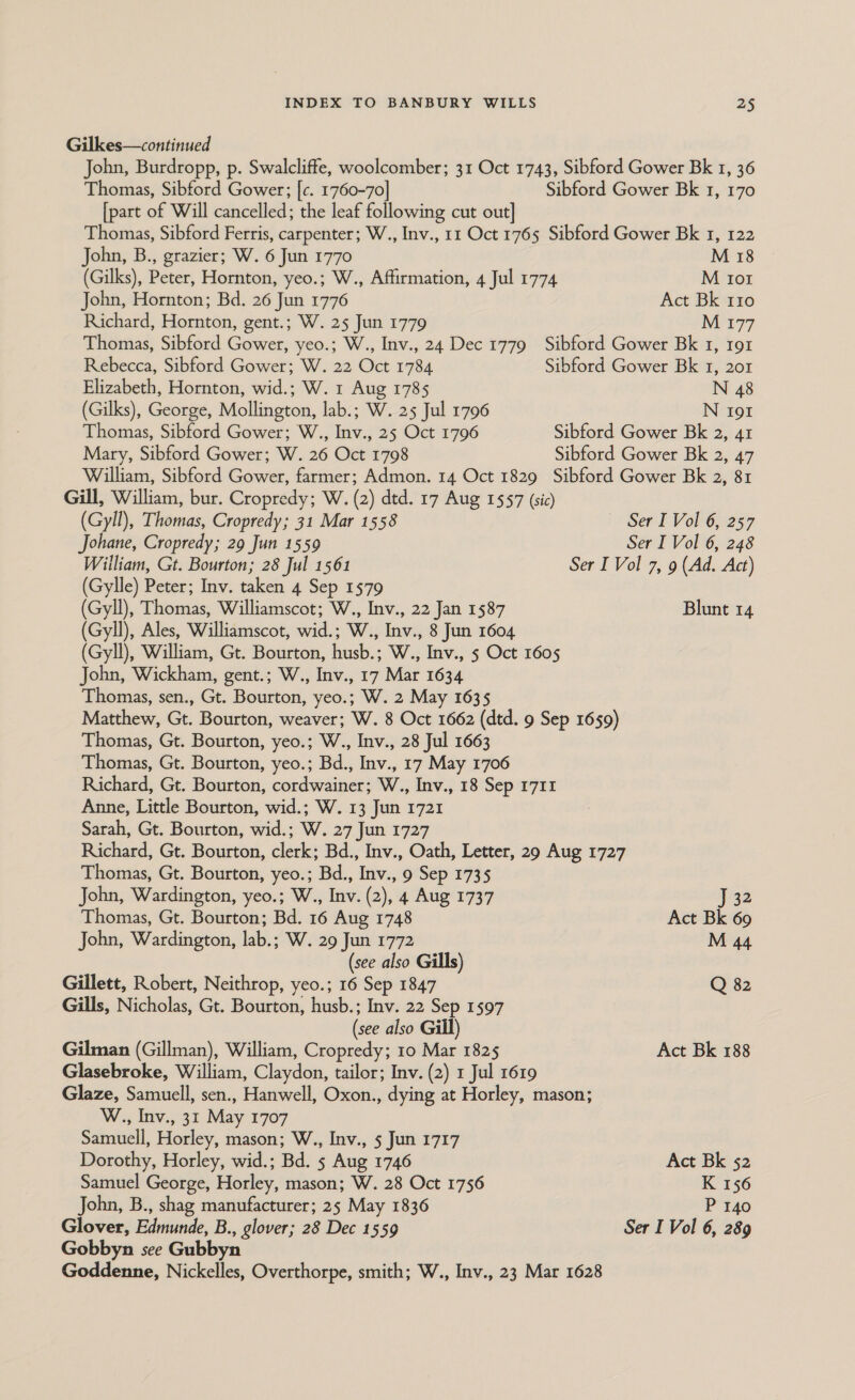 Gilkes—continued [part of Will cancelled; the leaf following cut out] John, B., grazier; W. 6 Jun 1770 (Gilks), Peter, Hornton, yeo.; W., Affirmation, 4 Jul 1774 John, Hornton; Bd. 26 Jun 1776 Richard, Hornton, gent.; W. 25 Jun 1779 M 18 M tor Act Bk 110 W177 Rebecca, Sibford Gower; W. 22 Oct 1784 Sibford Gower Bk 1, 201 Elizabeth, Hornton, wid.; W. 1 Aug 1785 N 48 (Gilks), George, Mollington, lab.; W. 25 Jul 1796 N 191 Thomas, Sibford Gower; W., Inv., 25 Oct 1796 Sibford Gower Bk 2, 41 Mary, Sibford Gower; W. 26 Oct 1798 Sibford Gower Bk 2, 47 Gill, William, bur. Cropredy; W. (2) dtd. 17 Aug 1557 (sic) (Gyll), Thomas, Cropredy; 31 Mar 1558 Johane, Cropredy; 29 Jun 1559 Ser I Vol 6, 248 (Gylle) Peter; Inv. taken 4 Sep 1579 (Gyll), Thomas, Williamscot; W., Inv., 22 Jan 1587 (Gyll), Ales, Williamscot, wid.; W., Inv., 8 Jun 1604 (Gyll), William, Gt. Bourton, husb.; W., Inv., 5 Oct 1605 John, Wickham, gent.; W., Inv., 17 Mar 1634 Thomas, sen., Gt. Bourton, yeo.; W. 2 May 1635 Thomas, Gt. Bourton, yeo.; W., Inv., 28 Jul 1663 Thomas, Gt. Bourton, yeo.; Bd., Inv., 17 May 1706 Richard, Gt. Bourton, cordwainer; W., Inv., 18 Sep 1711 Anne, Little Bourton, wid.; W. 13 Jun 1721 Sarah, Gt. Bourton, wid.; W. 27 Jun 1727 Blunt 14 Thomas, Gt. Bourton, yeo.; Bd., Inv., 9 Sep 1735 John, Wardington, yeo.; W., Inv. (2), 4 Aug 1737 Thomas, Gt. Bourton; Bd. 16 Aug 1748 John, Wardington, lab.; W. 29 Jun 1772 (see also Gills) Gillett, Robert, Neithrop, yeo.; 16 Sep 1847 Gills, Nicholas, Gt. Bourton, husb.; Inv. 22 Sep 1597 (see also Gill) Gilman (Gillman), William, Cropredy; 10 Mar 1825 Glasebroke, William, Claydon, tailor; Inv. (2) 1 Jul 1619 Glaze, Samuell, sen., Hanwell, Oxon., dying at Horley, mason; W., Inv., 31 May 1707 Samuell, Horley, mason; W., Inv., 5 Jun 1717 Dorothy, Horley, wid.; Bd. 5 Aug 1746 Samuel George, Horley, mason; W. 28 Oct 1756 John, B., shag manufacturer; 25 May 1836 Gobbyn see Gubbyn Goddenne, Nickelles, Overthorpe, smith; W., Inv., 23 Mar 1628 J 32 Act Bk 69 M 44 Q 82 Act Bk 188 Act Bk 52 K 156 P 140