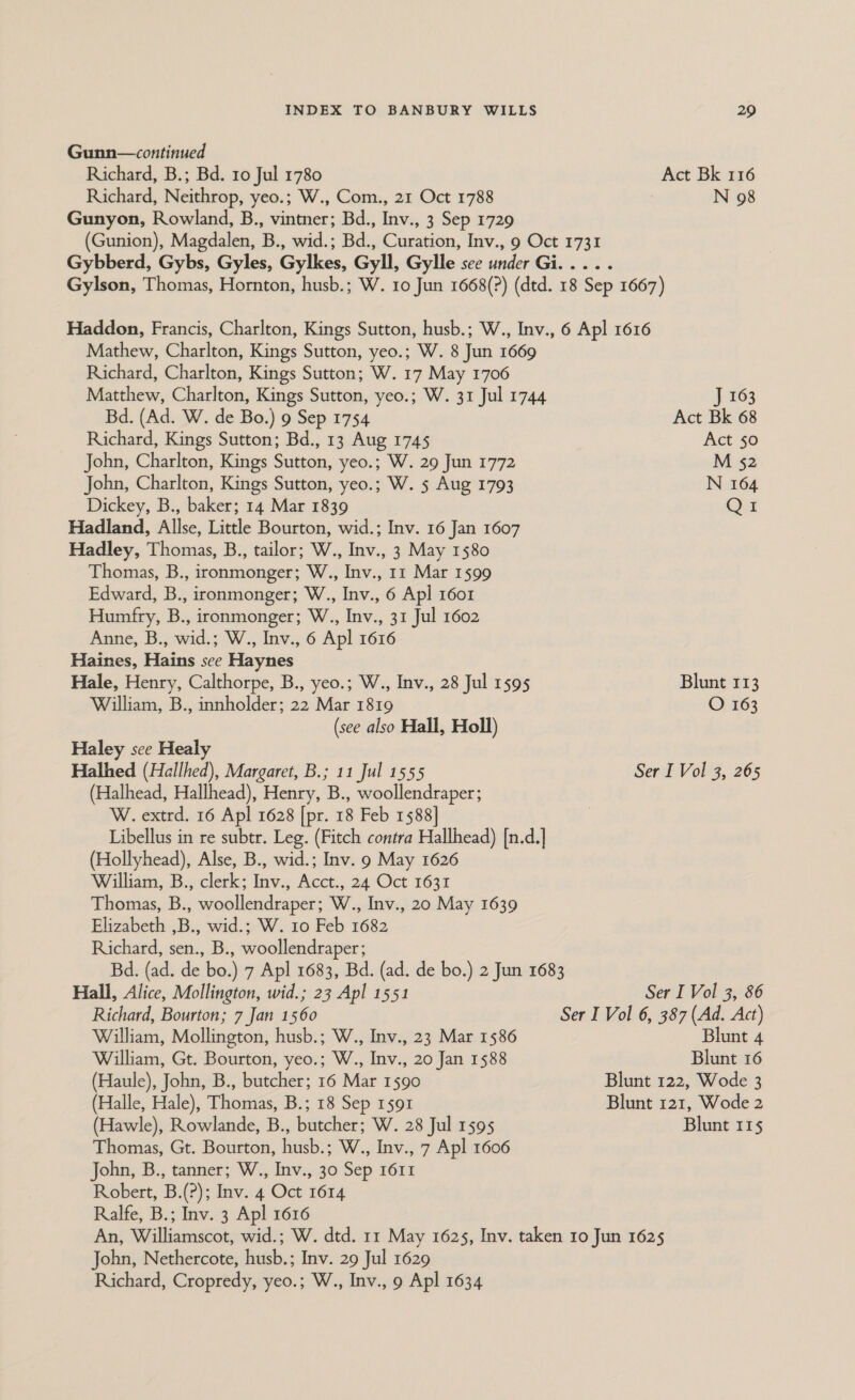 Gunn—continued Richard, B.; Bd. 10 Jul 1780 Act Bk 116 Richard, Neithrop, yeo.; W., Com., 21 Oct 1788 N 98 Gunyon, Rowland, B., vintner; Bd., Inv., 3 Sep 1729 (Gunion), Magdalen, B., wid.; Bd., Curation, Inv., 9 Oct 1731 Gybberd, Gybs, Gyles, Gylkes, Gyll, Gylle see under Gi... .. Gylson, Thomas, Hornton, husb.; W. 10 Jun 1668(?) (dtd. 18 Sep 1667) Haddon, Francis, Charlton, Kings Sutton, husb.; W., Inv., 6 Apl 1616 Mathew, Charlton, Kings Sutton, yeo.; W. 8 Jun 1669 Richard, Charlton, Kings Sutton; W. 17 May 1706 Matthew, Charlton, Kings Sutton, yeo.; W. 31 Jul 1744 J 163 Bd. (Ad. W. de Bo.) 9 Sep 1754 Act Bk 68 Richard, Kings Sutton; Bd., 13 Aug 1745 Act $0 John, Charlton, Kings Sutton, yeo.; W. 29 Jun 1772 M 52 John, Charlton, Kings Sutton, yeo.; W. 5 Aug 1793 N 164 Dickey, B., baker; 14 Mar 1839 QI Hadland, Allse, Little Bourton, wid.; Inv. 16 Jan 1607 Hadley, Thomas, B., tailor; W., Inv., 3 May 1580 Thomas, B., ironmonger; W., Inv., 11 Mar 1599 Edward, B., ironmonger; W., Inv., 6 Apl 1601 Humfry, B., ironmonger; W., Inv., 31 Jul 1602 Anne, B., wid.; W., Inv., 6 Apl 1616 Haines, Hains see Haynes Hale, Henry, Calthorpe, B., yeo.; W., Inv., 28 Jul 1595 Blunt 113 William, B., innholder; 22 Mar 1819 O 163 (see also Hall, Holl) Haley see Healy Halhed (Hallhed), Margaret, B.; 11 Jul 1555 Ser I Vol 3, 265 (Halhead, Hallhead), Henry, B., woollendraper; W. extrd. 16 Apl 1628 [pr. 18 Feb 1588] Libellus in re subtr. Leg. (Fitch contra Hallhead) [n.d.] (Hollyhead), Alse, B., wid.; Inv. 9 May 1626 William, B., clerk; Inv., Acct., 24 Oct 1631 Thomas, B., woollendraper; W., Inv., 20 May 1639 Elizabeth ,B., wid.; W. 10 Feb 1682 Richard, sen., B., woollendraper; Bd. (ad. de bo.) 7 Apl 1683, Bd. (ad. de bo.) 2 Jun 1683 Hall, Alice, Mollington, wid.; 23 Apl 1551 Ser I Vol 3, 86 Richard, Bourton; 7 Jan 1560 Ser I Vol 6, 387 (Ad. Act) William, Mollington, husb.; W., Inv., 23 Mar 1586 Blunt 4 William, Gt. Bourton, yeo.; W., Inv., 20 Jan 1588 Blunt 16 (Haule), John, B., butcher; 16 Mar 1590 Blunt 122, Wode 3 (Halle, Hale), Thomas, B.; 18 Sep 1591 Blunt 121, Wode 2 (Hawle), Rowlande, B., butcher; W. 28 Jul 1595 Blunt 115 Thomas, Gt. Bourton, husb.; W., Inv., 7 Apl 1606 John, B., tanner; W., Inv., 30 Sep 1611 Robert, B.(?); Inv. 4 Oct 1614 Ralfe, B.; Inv. 3 Apl 1616 An, Williamscot, wid.; W. dtd. 11 May 1625, Inv. taken 10 Jun 1625 John, Nethercote, husb.; Inv. 29 Jul 1629 Richard, Cropredy, yeo.; W., Inv., 9 Apl 1634
