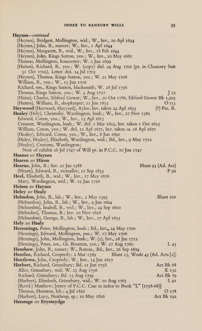 Haynes—continued (Heynes), Bridgett, Mollington, wid.; W., Inv., 10 Apl 1634 (Heynes,) John, B., mercer; W., Inv., 1 Apl 1644 (Heynes), Margaret, By oak W.., lav 18 Feb 1644 (Heynes), John, Kings Sutton, yeo.; W., Inv., 20 May 1681 Thomas, Mollington, bonesetter; W. 2 Jun 1699 (Haines), Richard, B., yeo.; W. (copy) dtd. 24 Aug 1701 (pr. in Chancery Suit 31 Oct 1702), Letter dtd. 14 Jul 1703 (Heynes), Thomas, Kings Sutton, yeo.; W. 21 May 1708 William, B., yeo.; W., 13 Jun 1716 Richard, sen., Kings Sutton, blacksmith; W. 28 Jul 1736 Thomas, Kings Sutton, yeo.; W. 3 Aug 1737 J 25 (Hains), Charles, Sibford Gower; W., Inv., 20 Oct 1786, Sibford Gower Bk 1,203 (Haines), William, B., shopkeeper; 11 Jun 1813 O113 Haywood (Hayward, Hayyard), Ayles; Inv. taken 24 Apl 1633 (?) Pew B. Healey (Hely), Christofer, Wardington, husb.; W., Inv., 27 Nov 1582 Edward, Coton, yeo.; W., Inv., 13 Apl 1613 Cressent, Wardington, husb.; W. dtd. 1 Mar 1623, Inv. taken 1 Oct 1625 William, Coton, yeo.; W. dtd. 12 Apl 1671, Inv. taken ca. 28 Apl 1671 (Healey), Edward, Coton, yeo.; W., Inv., 8 Jun 1691 (Haley, Healey), Elizabeth, Wardington, wid.; Bd., Inv., 9 May 1712 (Healey), Crescens, Wardington; Note of exhibit 28 Jul 1747 of Will pr. in P.C.C. 10 Jun 1747 Heanes see Haynes Hearen see Hiron Hearne, John, B.; Inv. 21 Jan 1588 Blunt 93 (Ad. Act) (Hearn), Edward, B., victualler; 11 Sep 1833 P 92 Heel, Elisabeth, B., wid.; W., Inv., 17 May 1676 Mary, Wardington, wid.; W. 12 Jun 1716 Heines see Haynes Heley sce Healy | Helmdon, John, B., lab.; W., Inv., 2 May 1593 Blunt ror (Helmedon), John, B., lab.; W., Inv., 9 Jun 1604 (Helmeden), Issabell, B., wid.; W., Inv., 24 Sep 1610 (Helmden), Thomas, B.; Inv. 10 Nov 1628 (Helmedon), George, B., lab.; W., Inv., 27 Apl 1635 Hely see Healy Hemmings, Peter, Mollington, husb.; Bd., Inv., 24 May 1700 (Hemings), Edward, Mollington, yeo.; W. 17 May 1706 (Hemings), John, Mollington, husb.; W. (2), Inv., 28 Jan 1712 (Hemings), Peter, sen., Gt. Bourton, yeo.; W. 27 Aug 1760 L 43 Henshaw, John, B., tanner; W., Renun., Bd., Inv., 26 Sep 1674 Hentloe, Richard, Cropredy; 2 Mar 1589 Blunt 25, Wode 43 (Ad. Acts [2]) Hentlowe, John, Cropredy; W., Inv., 14 Jun 1617 Herbert, Richard, Grimsbury; Bd. 21 Jun 1758 Act Bk 68 Alice, Grimsbury, wid; W. 23 Aug 1756 K 152 Richard, Grimsbury; Bd. 15 Aug 1759 Act Bk 79 (Harbert), Elizabeth, Grimsbury, wid.; W. 10 Aug 1763 L 91 (Revd.) Matthew; [entry of P.C.C. Case in index to Book “L” (1758-68)| Thomas, Hornton, lab.; 4 Jul 1820 O 178 (Harbert), Lucy, Neithrop, sp.; 10 May 1826 Act Bk 192 Heretage see Eryetaydge