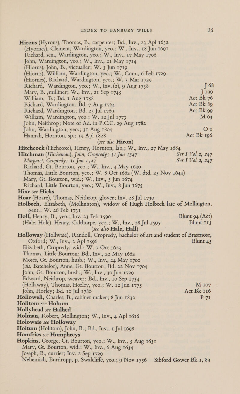 Hirons (Hyrons), Thomas, B., carpenter; Bd., Inv., 23 Apl 1632 (Hyornes), Clement, Wardington, yeo.; W., Inv., 18 Jun 1691 Richard, sen., Wardington, yeo.; W., Inv., 17 May 1706 John, Wardington, yeo.; W., Inv., 21 May 1714 (Hiorns), John, B., victualler; W. 3 Jun 1719 (Hiorns), William, Wardington, yeo.; W., Com., 6 Feb 1729 (Hiornes), Richard, Wardington, yeo.; W. 3 Mar 1729 Richard, Wardington, yeo.; W., Inv. (2), 9 Aug 1738 J 68 Mary, B. ,milliner; W., Inv., 21 Sep 1745 J 199 William, B.; Bd. 1 Aug 1758 Act Bk 76 Richard, Wardington; Bd. 7 Aug 1764 Act Bk 89 Richard, Wardington; Bd. 25 Jul 1769 Act Bk 99 William, Wardington, yeo.; W. 12 Jul 1773 M 63 John, Neithrop; Note of Ad. in P.C.C. 29 Aug 1782 John, Wardington, yeo.; 31 Aug 1804 O1 Hannah, Hornton, sp.; 19 Apl 1828 Act Bk 196 (see also Hiron) Hitchcock (Hichcoxe), Henry, Hornton, lab.; W., Inv., 27 May 1684 Hitchman (Hitcheman), John, Cropredy; 31 Jan 1547 Ser I Vol 2, 247 Margaret, Cropredy; 31 Jan 1547 Ser I Vol 2, 247 Richard, Gt. Bourton, yeo.; W., Inv., 4 May 1640 Thomas, Little Bourton, yeo.; W. 8 Oct 1662 (W. dtd. 25 Nov 1644) Mary, Gt. Bourton, wid.; W., Inv., 5 Jun 1674 Richard, Little Bourton, yeo.; W., Inv., 8 Jun 1675 Hixe see Hicks Hoar (Hoare), Thomas, Neithrop, glover; Inv. 28 Jul 1730 Holbech, Elizabeth, (Mollington), widow of Hugh Holbech late of Mollington, gent.; W. 26 Feb.1731 Holl, Henry, B., yeo.; Inv. 23 Feb 1590 Blunt 94 (Act) (Hale, Hole), Henry, Calthorpe, yeo.; W., Inv., 28 Jul 15905 Blunt 113 (see also Hale, Hall) i Holloway (Hollwaie), Randoll, Cropredy, bachelor of art and student of Brasenose, Oxford; W., Inv., 2 Apl 1596 Blunt 45 Elizabeth, Cropredy, wid.; W. 7 Oct 1623 Thomas, Little Bourton; Bd., Inv., 22 May 1662 Moses, Gt. Bourton, husb.; W., Inv., 24 May 1700 (als. Batchelor), Anne, Gt. Bourton; Bd. 22 Nov 1704 John, Gt. Bourton, husb.; W., Inv., 30 Jun 1729 Edward, Neithrop, weaver; Bd., Inv., 10 Sep 1734 (Hollaway), Thomas, Horley, yeo.; W. 12 Jun 1775 M 107 John, Horley; Bd. 10 Jul 1780 Act Bk 116 Hollowell, Charles, B., cabinet maker; 8 Jun 1832 P7i Holltom see Holtum Hollyhead see Halhed Holman, Robert, Mollington; W., Inv., 4 Apl 1616 Holowaie see Hollowa Holtum (Holltom), John, B.; Bd., Inv., 1 Jul 1698 Homfries see Humphreys Hopkins, George, Gt. Bourton, yeo.; W., Inv., 5 Aug 1631 Mary, Gt. Bourton, wid.; W., Inv., 6 Aug 1634 Joseph, B., currier; Inv. 2 Sep 1729 Nehemiah, Burdropp, p. Swalcliffe, yeo.; 9 Nov 1756 Sibford Gower Bk 1, 89