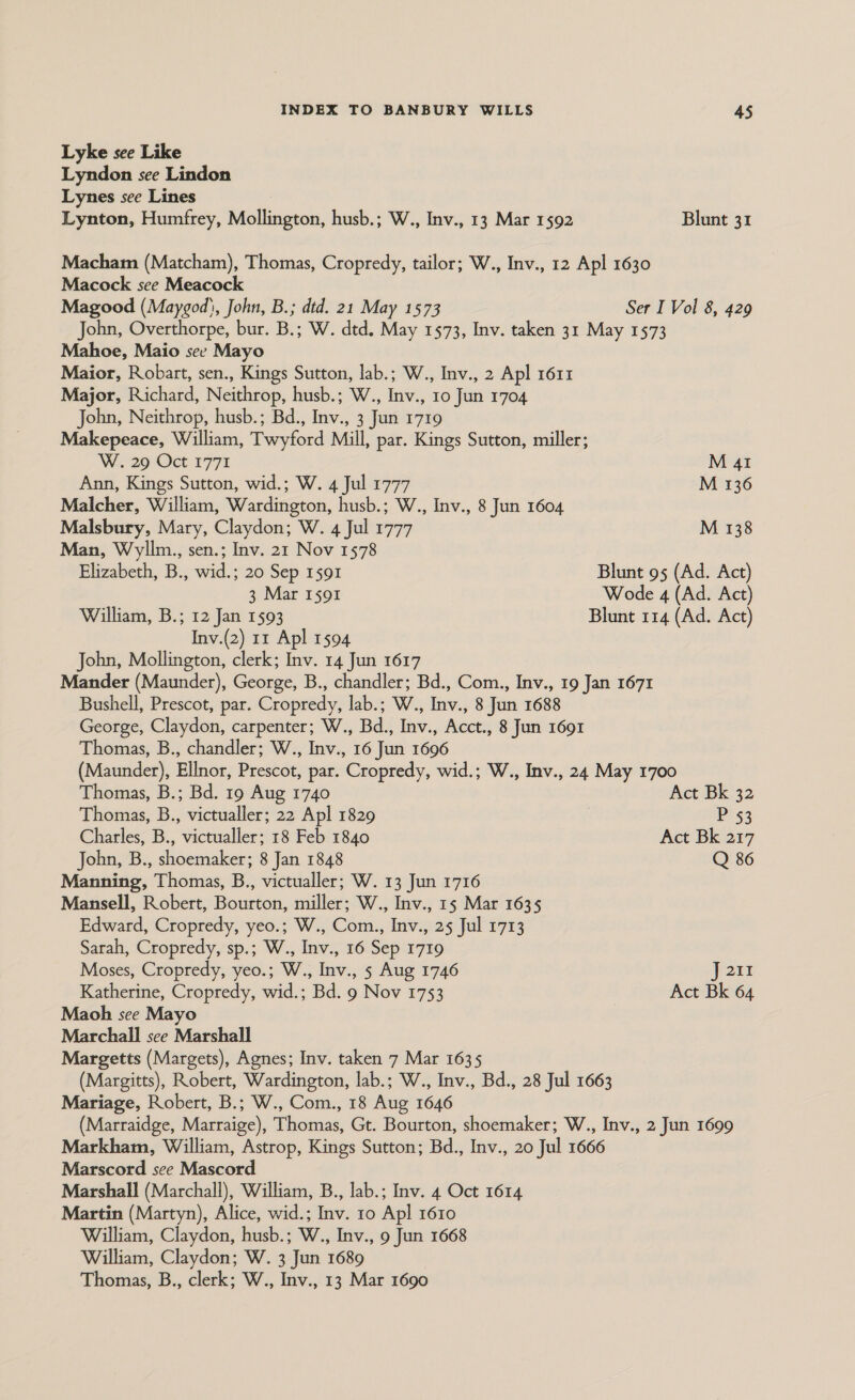 Lyke see Like Lyndon see Lindon Lynes see Lines Lynton, Humfrey, Mollington, husb.; W., Inv., 13 Mar 1592 Blunt 31 Macham (Matcham), Thomas, Cropredy, tailor; W., Inv., 12 Apl 1630 Macock see Meacock Magood (Maygod), John, B.; dtd. 21 May 1573 Ser I Vol 8, 429 John, Overthorpe, bur. B.; W. dtd. May 1573, Inv. taken 31 May 1573 Mahoe, Maio see Mayo Maior, Robart, sen., Kings Sutton, lab.; W., Inv., 2 Apl 1611 Major, Richard, Neithrop, husb.; W., Inv., 10 Jun 1704 John, Neithrop, husb.; Bd., Inv., 3 Jun 1719 Makepeace, William, Twyford Mill, par. Kings Sutton, miller; W. 29 Oct 1771 M 41 Ann, Kings Sutton, wid.; W. 4 Jul 1777 M 136 Malcher, William, Wardington, husb.; W., Inv., 8 Jun 1604 Malsbury, Mary, Claydon; W. 4 Jul 1777 M 138 Man, Wyllm., sen.; Inv. 21 Nov 1578 Elizabeth, B., wid.; 20 Sep 1591 Blunt 95 (Ad. Act) 3 Mar 1591 Wode 4 (Ad. Act) William, B.; 12 Jan 1593 Blunt 114 (Ad. Act) Iny.(2) 11 Apl 1594 John, Mollington, clerk; Inv. 14 Jun 1617 Mander (Maunder), George, B., chandler; Bd., Com., Inv., 19 Jan 1671 Bushell, Prescot, par. Cropredy, lab.; W., Inv., 8 Jun 1688 George, Claydon, carpenter; W., Bd., Inv., Acct., 8 Jun 1691 Thomas, B., chandler; W., Inv., 16 Jun 1696 (Maunder), Ellnor, Prescot, par. Cropredy, wid.; W., Inv., 24 May 1700 Thomas, B.; Bd. 19 Aug 1740 Act Bk 32 Thomas, B., victualler; 22 Apl 1829 P 53 Charles, B., victualler; 18 Feb 1840 Act Bk 217 John, B., shoemaker; 8 Jan 1848 Q 86 Manning, Thomas, B., victualler; W. 13 Jun 1716 Mansell, Robert, Bourton, miller; W., Inv., 15 Mar 1635 Edward, Cropredy, yeo.; W., Com., Inv., 25 Jul 1713 Sarah, Cropredy, sp.; W., Inv., 16 Sep 1719 Moses, Cropredy, yeo.; W., Inv., 5 Aug 1746 J 211 Katherine, Cropredy, wid.; Bd. 9 Nov 1753 Act Bk 64 Maoh see Mayo Marchall see Marshall Margetts (Margets), Agnes; Inv. taken 7 Mar 1635 (Margitts), Robert, Wardington, lab.; W., Inv., Bd., 28 Jul 1663 Mariage, Robert, B.; W., Com., 18 Aug 1646 (Marraidge, Marraige), Thomas, Gt. Bourton, shoemaker; W., Inv., 2 Jun 1699 Markham, William, Astrop, Kings Sutton; Bd., Inv., 20 Jul 1666 Marscord see Mascord Marshall (Marchall), William, B., lab.; Inv. 4 Oct 1614 Martin (Martyn), Alice, wid.; Inv. 10 Apl 1610 William, Claydon, husb.; W., Inv., 9 Jun 1668 William, Claydon; W. 3 Jun 1689 Thomas, B., clerk; W., Inv., 13 Mar 1690