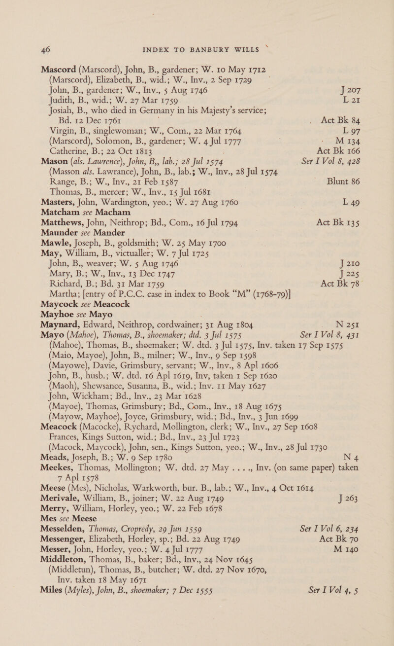 Mascord (Marscord), John, B., gardener; W. 10 May 1712 (Marscord), Elizabeth, B., wid.; W., Inv., 2 Sep 17290 John, B., gardener; W., Inv., 5 Aug 1746 J 207 Judith, B., wid.; W. 27 Mar 1759 L.2% Josiah, B., who died in Germany in his Majesty’s service; Bd. 12 pe 1761 Act Bk 84 Virgin, B., singlewoman; W., Com., 22 Mar 1764 L 97 (Marscord), Solomon, B., gardener; W. 4 Jul 1777 M 134 Catherine, B.; 22 Oct 181 3 Act Bk 166 Mason (als. Lawrence), John, B,, lab.; 28 Jul 1 574 (Masson als. Lawrance), John, B., des W., Inv., 28 Jul 1574 Range, B.; W., Inv., 21 Feb 1587 Blunt 86 Thomas, B., mercer; W., Inv., 15 Jul 1681 Masters, John, Wardington, yeo.; W. 27 Aug 1760 L 49 Matcham see Macham Matthews, John, Neithrop; Bd., Com., 16 Jul 1794 Act Bk 135 Maunder see Mander Mawle, Joseph, B., goldsmith; W. 25 May 1700 May, William, B., victualler; W. 7 Jul 1725 John, B., weaver; W. 5 Aug 1746 J 210 Mary, Bs WW GAev.. 83; Dec 1747 J 225 Richard, B.; Bd. 31 Mar 1759 Act Bk 78° Martha; [entry of P.C.C. case in index to Book “M” (1768-79)] Maycock see Meacock Mayhoe see Mayo Maynard, Edward, Neithrop, cordwainer; 31 Aug 1804 N 251 Mayo (Mahoe), Thomas, B., shoemaker; dtd. 3 Jul 1575 Ser I Vol 8, 428 (Maio, Mayoe), John, B., milner; W., Inv., 9 Sep 1598 John, B., husb.; W. dtd. 16 Apl 1619, Inv, taken 1 Sep 1620 (Maoh), Shewsance, Susanna, B., wid.; Inv. 11 May 1627 John, Wickham; Bd., Inv., 23 Mar 1628 (Mayoe), Thomas, Grimsbury; Bd., Com., Inv., 18 Aug 1675 (Mayow, Mayhoe), Joyce, Grimsbury, wid.; Bd., Inv., 3 Jun 1699 Meacock (Macocke), Rychard, Mollington, clerk; W., Inv., 27 Sep 1608 Frances, Kings Sutton, wid.; Bd., Inv., 23 Jul 1723 (Macock, Maycock), John, sen., Kings Sutton, yeo.; W., Inv., 28 Jul 1730 Meads, Joseph, B.; W. 9 Sep 1780 N 4 Meckes, Thomas, Mollington; W. dtd. 27 May ...., Inv. (on same paper) taken 7 Apl 1578 Meese (Mes), Nicholas, Warkworth, bur. B., lab.; W., Inv., 4 Oct 1614 Merivale, William, B., joiner; W. 22 Aug 1749 J 263 Merry, William, Horley, yeo.; W. 22 Feb 1678 Mes see Meese Messelden, Thomas, Cropredy, 29 Jun 1559 Messenger, Elizabeth, Horley, sp.; Bd. 22 Aug 1749 Messer, John, Horley, yeo.; W. 4 Jul 1777 Middleton, Thomas, B., baker; Bd., Inv., 24 Nov 1645 (Middletun), Thomas, B., butcher; W. dtd. 27 Nov 1670, Inv. taken 18 May 1671 Ser I Vol 6, 234 Act Bk 70 M 140