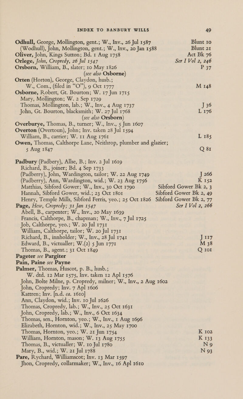 Odhull, George, Mollington, gent.; W., Inv., 26 Jul 1587 (Wodhull), John, Mollington, gent.; W., Inv., 20 Jan 1588 Oliver, John, Kings Sutton; Bd. 1 Aug 1758 Orlege, John, Cropredy, 26 Jul 1547 Orsborn, William, B., slater; 10 May 1826 (see also Osborne) Orten (Horton), George, Claydon, husb.; W., Com., (filed in “O”’), 9 Oct 1777 Osborne, Robert, Gt. Bourton; W. 17 Jun 1715 Mary, Mollington; W. 2 Sep 1729 Thomas, Mollington, lab.; W., Inv., 4 Aug 1737 John, Gt. Bourton, blacksmith; W. 27 Jul 1768 (see also Orsborn) Overburye, Thomas, B., turner; W., Inv., 5 Jun 1607 Overton (Overtoun), John; Inv. taken 28 Jul 1594 William, B., carrier; W. 11 Aug 1761 5 Aug 1847 Padbury (Padbery), Allse, B.; Inv. 2 Jul 1619 Richard, B., joiner; Bd. 4 Sep 1733 (Padberry), John, Wardington, tailor; W. 22 Aug 1749 (Padberry), Ann, Wardington, wid.; W. 23 Aug 1756 Matthias, Sibford Gower; W., Inv., 30 Oct 1790 Hannah, Sibford Gower, wid.; 23 Oct 1801 Blunt ro Blunt 21 Act Bk 76 Ser I Vol 2, 246 Play M 148 J 36 L 176 L 185 Q 81 J 266 K 152 Page, Hew, Cropredy; 31 Jan 1547 Abell, B., carpenter; W., Inv., 20 May 1639 Francis, Calthorpe, B., chapman; W., Inv., 7 Jul 1725 Job, Calthorpe, yeo.; W. 20 Jul 1731 William, Calthorpe, tailor; W. 20 Jul 1731 Richard, B., innholder; W., Inv., 28 Jul 1741 Edward, B., victualler; W.(2) 5 Jun 1771 Thomas, B., agent.; 31 Oct 1849 Pageter see Pargiter Pain, Paine see Payne Palmer, Thomas, Huscot, p. B., husb.; W. dtd. 12 Mar 1575, Inv. taken 12 Apl 1576 John, Cropredy; Inv. 7 Ap! 1606 Kattren; Inv. [n.d. ca. 1610] Ann, Claydon, wid.; Inv. 10 Jul 1626 Thomas, Cropredy, lab.; W., Inv., 25 Oct 1631 John, Cropredy, lab.; W., Inv., 6 Oct 1634 Thomas, sen., Hornton, yeo.; W., Inv., 1 Aug 1696 Elizabeth, Hornton, wid.; W., Inv., 25 May 1700 Thomas, Hornton, yeo.; W. 21 Jun 1754 William, Hornton, mason; W. 13 Aug 1755 Thomas, B., victualler; W. 10 Jul 1780 Mary, B., wid.; W. 21 Jul 1788 Pare, Rychard, Williamscot; Inv. 13 Mar 1597 Jhon, Cropredy, collarmaker; W., Inv., 16 Apl 1610 Ser I Vol 2, 266 J417 M 38 Q iol K 102 K 133 N 93