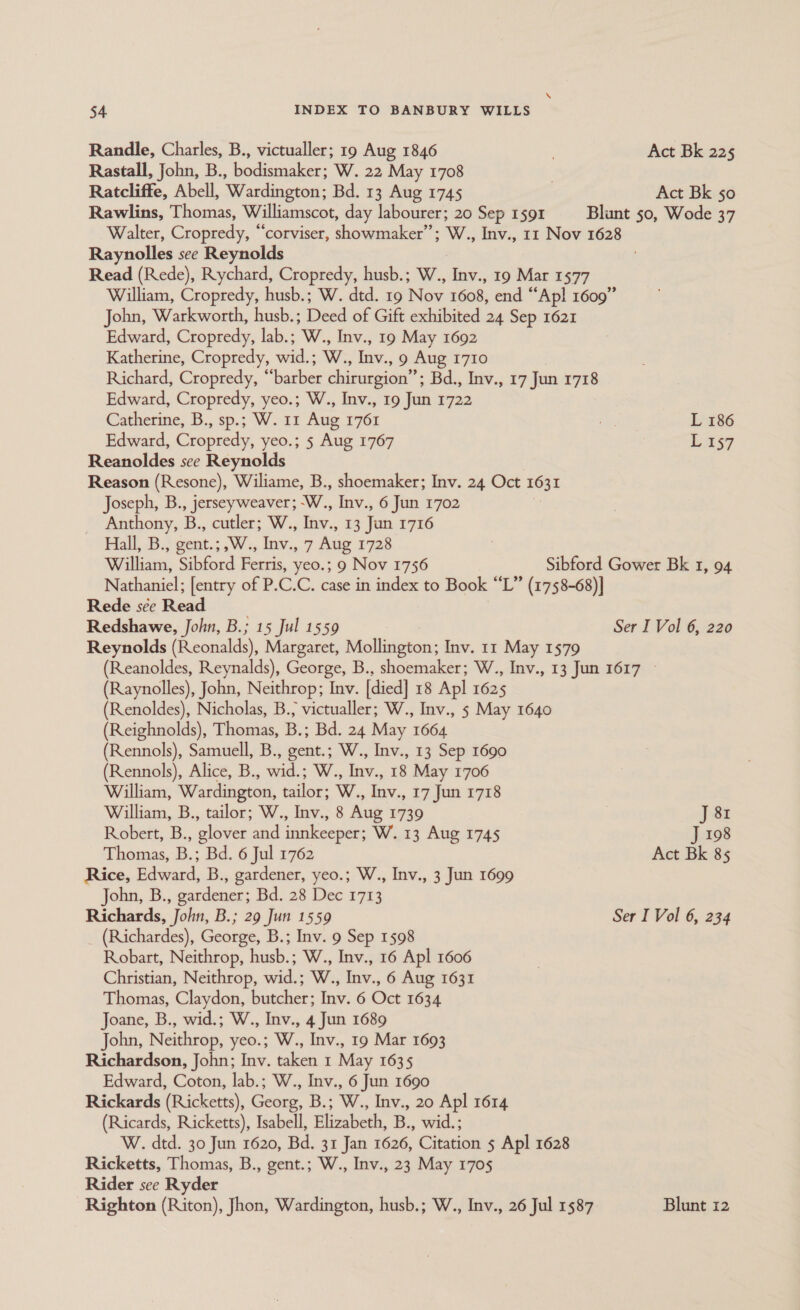 \ 54 INDEX TO BANBURY WILLS Randle, Charles, B., victualler; 19 Aug 1846 . Act Bk 225 Rastall, John, B., bodismaker; W. 22 May 1708 . Ratcliffe, Abell, Wardington; Bd. 13 Aug 1745 Act Bk 50 Rawlins, Taras, Williamscot, day labourer; 20 Sep 1591 Blunt 50, Wode 37 Walter, Cropredy, “corviser, showmaker’”’; W., Inv., 11 Nov 1628 Raynolles see Reynolds Read (Rede), Rychard, Cropredy, husb.; W., Inv., 19 Mar 1577 William, Cropredy, husb.; W. dtd. 19 Nov 1608, end “Apl 1609” John, Warkworth, husb.; Deed of Gift exhibited 24 Sep 1621 Edward, Cropredy, lab.; W., Inv., 19 May 1692 Katherine, Cropredy, wid.; W., Inv. » 9 Aug 1710 Richard, Cropredy, ‘ ‘barber chirurgion” : Bd., Inv., 17 Jun 1718 Edward, Cropredy, yeo.; W., Inv., 19 Jun 722 Catherine, B., sp.; WI Aug 1761 | L 186 Edward, Cropredy, yeo.; 5 Aug 1767 L 157 Reanoldes see Reynolds Reason (Resone), Wiliame, B., shoemaker; Inv. 24 Oct 1631 Joseph, B., jerseyweaver; -W., Inv., 6 Jun 1702 Anthony, B., cutler; W., Inv., 13 Jun 1716 Hall, B., gent.; ,W., Inv., 7 Aug 1728 ! William, Sibford Ferris, yeo.; 9 Nov 1756 Sibford Gower Bk 1, 94 Nathaniel; [entry of P.C.C. case in index to Book “L” (1758-68)] Rede sée Read Redshawe, John, B.; 15 Jul 1559 Ser I Vol 6, 220 Reynolds (Reonalds), Margaret, Mollington; Inv. 11 May 1579 (Reanoldes, Reynalds), George, B., shoemaker; W., Inv., 13 Jun 1617 © (Raynolles), John, Neithrop; Inv. [died] 18 Apl 1625 (Renoldes), Nicholas, B., victualler; W., Inv., 5 May 1640 (Reighnolds), Thomas, B.; Bd. 24 May 1664 (Rennols), Samuell, B., gent.; W., Inv., 13 Sep 1690 (Rennols), Alice, B., wid.; W., Inv., 18 May 1706 William, Wardington, tailor; W., Inv., 17 Jun 1718 William, B., tailor; W., Inv., 8 Aug 1739 J 81 Robert, B., glover and innkeeper; W. 13 Aug 1745 J 198 Thomas, B.; Bd. 6 Jul 1762 Act Bk 85 Rice, Edward, B., gardener, yeo.; W., Inv., 3 Jun 1699 John, B., gardener; Bd. 28 Dec 1733 Richards, John, B.; 29 Jun 1559 Ser I Vol 6, 234 (Richardes), George, B.; Inv. 9 Sep 1598 Robart, Neithrop, husb.; W., Inv., 16 Apl 1606 Christian, Neithrop, wid.; W., Inv., 6 Aug 1631 Thomas, Claydon, butcher; Inv. 6 Oct 1634 Joane, B., wid.; W., Inv., 4 Jun 1689 John, Neithrop, yeo.; W., Inv., 19 Mar 1693 Richardson, John; Inv. taken 1 May 1635 Edward, Coton, lab.; W., Inv., 6 Jun 1690 Rickards (Ricketts), Georg, B.; W., Inv., 20 Apl 1614 (Ricards, Ricketts), Isabell, Elizabeth, B., wid.; W. dtd. 30 Jun 1620, Bd. 31 Jan 1626, Citation 5 Apl 1628 Ricketts, Thomas, B., gent.; W., Inv., 23 May 1705 Rider see Ryder Righton (Riton), Jhon, Wardington, husb.; W., Inv., 26 Jul 1587 Blunt 12