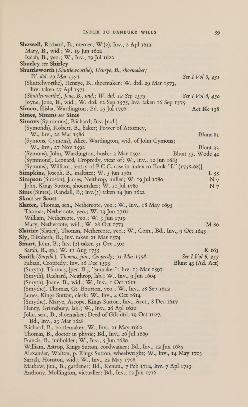 Showell, Richard, B., mercer; W.(2), Inv., 2 Apl 1611 Mary, B., wid.; W. 19 Jun 1622 Isaiah, B., yeo.; W., Inv., 19 Jul 1622 Shurley see Shirley Shuttleworth (Shuttlewoorthe), Henrye, B., shoemaker; W. dtd. 29 Mar 1573 Ser I Vol 8, 431 (Shuttelworthe), Henrye, B., shoemaker; W. dtd. 29 Mar 1573, Inv. taken 27 Apl 1573 (Shuttlewoorthe), Jone, B., wid.; W. dtd. 12 Sep 1575 Ser I Vol 8, 430 Joyne, Jone, B., wid.; W. dtd. 12 Sep 1575, Inv. taken 16 Sep 1575 Simco, Elisha, Wardington; Bd. 25 Jul 1796 Act Bk 138 Simes, Simms see Sims Simons (Symmons), Richard; Inv. [n.d.] (Symonds), Robert, B., baker; Power of Attorney, W., Inv., 22 Mar 1586 Blunt 81 (Symons, Cymons), Alice, Wardington, wid. of John Cymons; W., Inv., 27 Nov 1592 Blunt 33 (Symons), John, Wardington, husb.; 2 Mar 1592 Blunt 55, Wode 42 (Symmons), Leonard, Cropredy, vicar of; W., Inv., 12 Jun 1685 (Symons), William; [entry of P.C.C. case in index to Book “L” (1758-68)] Simpkins, Joseph, B., maltster; W. 5 Jun 1761 Ls Simpson (Simson), James, Neithrop, miller; W. 19 Jul 1780 N 7 John, Kings Sutton, shoemaker; W. 10 Jul 1780 N 7 Sims (Simes), Randall, B,; Inv.(3) taken 14 Jun 1622 Skott see Scott Slatter, Thomas, sen., Nethercote, yeo.; W., Inv., 18 May 1695 Thomas, Nethercote, yeo.; W. 13 Jun 1716 William, Nethercote, yeo.; W. 3 Jun 1719 Mary, Nethercote, wid.; W. 28 Oct 1773 M 80 Slattier (Slatier), Thomas, Nethercote, yeo.; W., Com., Bd., Inv., 9 Oct 1645 Sly, Elizabeth, B.; Inv. taken 21 Mar 1574 | Smart, John, B.; Inv. (2) taken 31 Oct 1592 Sarali,B., sp.; W. 13 Aug 1755 K 163 Smith (Smythe), Thomas, jun., Cropredy; 31 Mar 1558 Ser I Vol 6, 253 Fabian, Cropredy; Inv. 16 Dec 1595 Blunt 43 (Ad. Act) (Smyth), Thomas, [pec. B.], “sumaker’’; Inv. 13 Mar 1597 (Smyth), Richard, Neithrop, lab.; W., Inv., 9 Jun 1604 (Smyth), Joane, B., wid.; W., Inv., 1 Oct 1611 (Smythe), Thomas, Gt. Bourton, yeo.; W., Inv., 28 Sep 1612 James, Kings Sutton, clerk; W., Inv., 4 Oct 1614 (Smythe), Marye, Ascope, Kings Sutton; Inv., Acct., 8 Dec 1617 Henry, Grimsbury, lab.; W., Inv., 26 Apl 1620 John, sen., B., shoemaker; Deed of Gift dtd. 19 Oct 1627, Bd., Inv., 23 Mar 1628 Richard, B., bottlemaker; W., Inv., 21 May 1662 Thomas, B., doctor in physic; Bd., Inv., 26 Jul 1669 Francis, B., innholder; W., Inv., 5 Jun 1680 William, Astrop, Kings Sutton, cordwainer; Bd., Inv., 12 Jun 1685 Alexander, Walton, p. Kings Sutton, wheelwright; W., Inv., 14 May 1703 Sarrah, Hornton, wid.; W., Inv., 22 May 1708 Mathew, jun., B., gardener; Bd., Renun., 7 Feb 1712, Inv. 7 Apl 1713 Anthony, Mollington, victualler; Bd., Inv., 12 Jun 1716