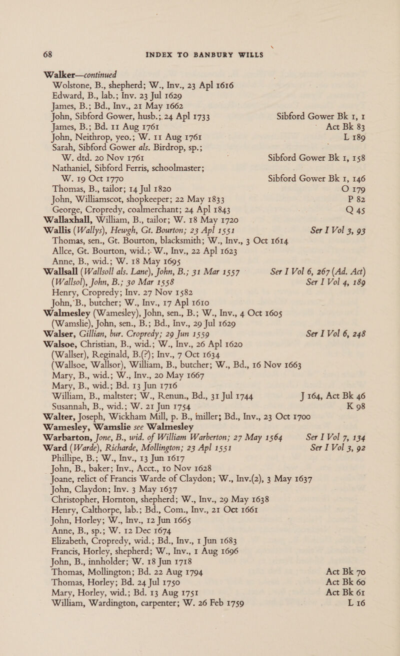\ 68 INDEX TO BANBURY WILLS Walker—continued Wolstone, B., shepherd; W., Inv., 23 Apl 1616 Edward, B., lab.; Inv. 23 Jul 1629 James, B.; Bd., Inv., 21 May 1662 John, Sibford Gower, husb.;,24 Ap! 1733 Sibford Gower Bk 1, 1 James, B.; Bd. 11 Aug 1761 ' Act Bk 83 John, Neithrop, yeo.; W. 11 Aug 1761 | L 189 Sarah, Sibford Gower als. Birdrop, sp.; W. dtd. 20 Nov 1761 Sibford Gower Bk 1, 158 Nathaniel, Sibford Ferris, schoolmaster; 3 W. 19 Oct 1770 Sibford Gower Bk 1, 146 Thomas, B., tailor; 14 Jul 1820 O 179 John, Williamscot, shopkeeper; 22 May 1833 P 82 George, Cropredy, coalmerchant; 24 Apl 1843 a. Q 45 Wallaxhall, William, B., tailor; W. 18 May 1720 Wallis (Wallys), Hewgh, Gt. Bourton; 23 Apl 1551 Ser I Vol 3, 93 Thomas, sen., Gt. Bourton, blacksmith; W., Inv., 3 Oct 1614 Allce, Gt. Bourton, wid.;-W., Inv., 22 Apl 1623 Anne, B., wid.; W. 18 May 1695 Wallsall (Wallsoll als. Lane), John, B.; 31 Mar 1557 Ser I Vol 6, 267 (Ad. Act) (Wallsol), John, B.; 30 Mar 1558 Ser I Vol 4, 189 Henry, Cropredy; Inv. 27 Nov 1582 John,’B., butcher; W., Inv., 17 Apl 1610 Walmesley (Wamesley), John, sen., B.; W., Inv., 4 Oct 1605 (Wamslie), John, sen., B.; Bd., Inv., 29 Jul 1629 Walser, Gillian, bur. Cropredy; 29 Jun 1559 Ser I Vol 6, 248 Walsoe, Christian, B., wid.; W., Inv., 26 Apl 1620 (Wallser), Reginald, B.(?); Inv., 7 Oct 1634 (Wallsoe, Wallsor), William, B., butcher; W., Bd., 16 Nov 1663 Mary, B., wid.; W., Inv., 20 May 1667 Mary, B., wid.; Bd. 13 Jun 1716 William, B., maltster; W., Renun., Bd., 31 Jul 1744 J 164, Act Bk 46 Susannah, B., wid.; W. 21 Jun 1754 K 98 Walter, Joseph, Wickham Mill, p. B., miller; Bd., Inv., 23 Oct 1700 Wamesley, Wamslie see Walmesley Warbarton, Jone, B., wid. of William Warberton; 27 May 1564 Ser I Vol 7, 134 Ward (Warde), Richarde, Mollington; 23 Apl 1551 Ser I Vol 3, 92 Phillipe, B.; W., Inv., 13 Jun 1617 John, B., baker; Inv., Acct., 10 Nov 1628 Joane, relict of Francis Warde of Claydon; W., Inv.(2), 3 May 1637 John, Claydon; Inv. 3 May 1637 Christopher, Hornton, shepherd; W., Inv., 29 May 1638 Henry, Calthorpe, lab.; Bd., Com., Inv., 21 Oct 1661 John, Horley; W., Inv., 12 Jun 1665 Anne, B., sp.; W. 12 Dec 1674 Elizabeth, Cropredy, wid.; Bd., Inv., 1 Jun 1683 Francis, Horley, shepherd; W., Inv., 1 Aug 1696 John, B., innholder; W. 18 Jun 1718 Thomas, Mollington; Bd. 22 Aug 1794 Act Bk 70 Thomas, Horley; Bd. 24 Jul 1750 Act Bk 60 Mary, Horley, wid.; Bd. 13 Aug 1751 Act Bk 61 William, Wardington, carpenter; W. 26 Feb 1759 | L 16