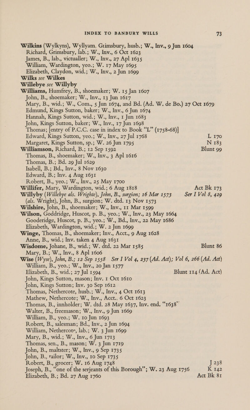 Wilkins (Wylkyns), Wyllyam, Grimsbury, husb.; W., Inv., 9 Jun 1604 Richard, Grimsbury, lab.; W., Inv., 6 Oct 1623 James, B., lab., victualler; W., Inv., 27 Apl 1635 William, Wardington, yeo.; W. 17 May 1695 Elizabeth, Claydon, wid.; W., Inv., 2 Jun 1699 Wilks see Wilkes Willebye sce Willyby Williams, Humfrey, B., shoemaker; W. 15 Jan 1607 John, B., shoemaker; W., Inv., 13 Jun 1617 Mary, B., wid.; W., Com., 5 Jun 1674, and Bd. (Ad. W. de Bo.) 27 Oct 1679 Edmund, Kings Sutton, baker; W., Inv., 6 Jun 1674 Hannah, Kings Sutton, wid.; W., Inv., 1 Jun 1683 John, Kings Sutton, baker; W., Inv., 17 Jun 1698 Thomas; [entry of P.C.C. case in index to Book “L” (1758-68)| Edward, Kings Sutton, yeo.; W., Inv., 27 Jul 1768 L 170 Margaret, Kings Sutton, sp.; W. 26 Jun 1795 N 183 Williamson, Richard, B.; 12 Sep 1592 Blunt 99 Thomas, B., shoemaker; W., Inv., 3 Apl 1616 Thomas, B.; Bd. 29 Jul 1629 Isabell, B.; Bd., Inv., 8 Nov 1630 Edward, B.; Inv. 4 Aug 1631 Robert, B., yeo.; W., Inv., 25 May 1700 Willifer, Mary, Wardington, wid.; 6 Aug 1818 Act Bk 173 Willyby (Willebye als. Wrighte), John, B., surgion; 16 Mar 1573 Ser I Vol 8, 429 (als. Wright), John, B., surgion; W. dtd. 13 Nov 1573 Wilshire, John, B., shoemaker; W., Inv., 11 Mar 1599 Wilson, Goddridge, Huscot, p. B., yeo.; W., Inv., 23 May 1664 Gooderidge, Huscot, p. B., yeo.; W., Bd., Inv., 22 May 1686 Elizabeth, Wardington, wid.; W. 2 Jun 1699 Winge, Thomas, B., shoemaker; Inv., Acct., 9 Aug 1628 Anne, B., wid.; Inv. taken 4 Aug 1631 Wisdome, Johane, B., wid.; W. dtd. 22 Mar 1585 Blunt 86 Mary, B.; W., Inv., 8 Apl 1606 Wise (Wyse), John, B.; 12 Sep 1558 Ser I Vol 4, 237 (Ad. Act); Vol 6, 266 (Ad. Act) William, B., yeo.; W., Inv., 20 Jan 1577 Elizabeth, B., wid.; 27 Jul 1594 Blunt 114 (Ad. Act) John, Kings Sutton, mason; Inv. 1 Oct 1610 John, Kings Sutton; Inv. 30 Sep 1612 Thomas, Nethercote, husb.; W., Inv., 4 Oct 1613 Mathew, Nethercote; W., Inv., Acct., 6 Oct 1623 Thomas, B., innholder; W. dtd. 28 May 1637, Inv. end. “1638” Walter, B., freemason; W., Inv., 9 Jun 1669 William, B., yeo.; W. 10 Jun 1693 Robert, B., salesman; Bd., Inv., 2 Jun 1694 William, Nethercote, lab.; W. 3 Jun 1699 Mary, B., wid.; W., Inv., 6 Jun 1713 Thomas, sen., B., mason; W. 3 Jun 1719 John, B., maltster; W., Inv., 9 Sep 1735 John, B., tailor; W., Inv., 10 Sep 1735 Robert, B., grocer; W. 16 Aug 1748 J 238 Joseph, B., “one of the serjeants of this Borough”; W. 23 Aug 1756 K 142 Elizabeth, B.; Bd. 27 Aug 1760 Act Bk 81